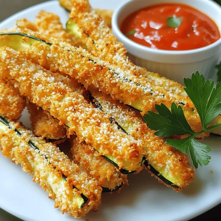 To make crispy air fryer Parmesan zucchini fries, gather these items: - 2 medium zucchinis, cut into fries - 1 cup breadcrumbs (use Panko for extra crunch) - 1/2 cup grated Parmesan cheese - 1 teaspoon garlic powder - 1/2 teaspoon onion powder - 1/2 teaspoon dried oregano - 1/2 teaspoon salt - 1/4 teaspoon black pepper - 1 large egg, beaten - Olive oil spray for a light coating You can add more flavors with these options: - A pinch of cayenne for heat - A teaspoon of Italian seasoning for extra herbs - A sprinkle of smoked paprika for a smoky taste - Fresh herbs like thyme or basil for freshness Serve your crispy zucchini fries with tasty dips, like: - Marinara sauce for a classic touch - Garlic aioli for a creamy kick - Ranch dressing for a cool flavor - A sprinkle of fresh parsley for a pop of color Start by preheating your air fryer to 400°F (200°C). This step is key for crispiness. A hot air fryer cooks the fries evenly and makes them nice and crunchy. Preheating takes just a few minutes, so be patient. Next, grab two medium zucchinis. Cut them into fry shapes. Aim for uniform sizes. This helps them cook evenly. You want them about the size of regular fries. Place the cut zucchini in a bowl to keep them handy for the next steps. In one bowl, beat one large egg. In another bowl, mix one cup of breadcrumbs, 1/2 cup of grated Parmesan cheese, and spices. Add one teaspoon of garlic powder, 1/2 teaspoon of onion powder, 1/2 teaspoon of dried oregano, 1/2 teaspoon of salt, and 1/4 teaspoon of black pepper. Mix it well. Dip each zucchini fry in the egg first. Make sure it's coated fully. Then, roll it in the breadcrumb mixture. Press lightly so the crumbs stick well. Now it’s time to air fry. Place the coated zucchini fries in a single layer in the air fryer basket. Don’t let them overlap; this ensures even cooking. Lightly spray the tops with olive oil spray for that extra crunch. Cook for 10 to 12 minutes. Flip the fries halfway through to get both sides crispy. They should turn golden brown when ready. Carefully take them out and let them cool a bit before serving. Enjoy your tasty snack! To make your zucchini fries extra crispy, use Panko breadcrumbs. They are coarser and create a better crunch. Lightly spray the fries with olive oil before cooking. This spray helps them brown nicely. Avoid overloading the air fryer basket. Give each fry space to breathe. Make sure the zucchini fries are cut evenly. This helps them cook at the same rate. Arrange them in a single layer in the air fryer. If they overlap, they won’t cook evenly. Flip the fries halfway through cooking. This ensures both sides get crispy and golden. One common mistake is not drying the zucchini first. Moisture can make them soggy. Another mistake is skipping the egg wash. The egg helps the breadcrumbs stick. Don’t skip the spices in the breadcrumb mix. They add flavor that makes the fries delicious. {{image_2}} You can easily add more flavor to your zucchini fries. Try adding different spices. A pinch of smoked paprika gives a nice kick. You can also use cayenne for heat. If you love herbs, add dried thyme or basil. Mix any of these into the breadcrumb mixture for a tasty twist. Dipping sauces can take your zucchini fries to the next level. Marinara sauce is a classic choice, perfect for a rich flavor. Garlic aioli adds creaminess and a hint of garlic. You can also try ranch dressing for a cool dip. For a spicy kick, sriracha mayo works wonders too. Feel free to mix and match your favorite sauces. To make these fries gluten-free, swap the breadcrumbs. Use gluten-free breadcrumbs or crushed nuts. Almond flour works great too. Just make sure to check the labels. Also, ensure your other ingredients are gluten-free. This way, everyone can enjoy a crispy snack! To keep your leftover zucchini fries fresh, place them in an airtight container. You can store them in the fridge for up to three days. Make sure the fries are cool before sealing the container. This helps avoid moisture buildup that can make them soggy. When reheating, I recommend using the air fryer again. Set it to 350°F (175°C). Air fry the fries for about 5-7 minutes. This will help restore their crispiness. You can also use an oven, but the air fryer works best for that crunch. If you want to freeze zucchini fries, place them on a baking sheet in a single layer. Freeze them for 1-2 hours until solid. Then, transfer the fries to a freezer bag. They can last up to three months in the freezer. When ready to eat, cook them from frozen in the air fryer. No need to thaw! You should cook zucchini fries in the air fryer for 10 to 12 minutes. Flip them halfway through. This helps them cook evenly. You want them golden brown and crispy. Keep an eye on them toward the end. Cooking times can vary based on your air fryer model. Yes, you can use regular breadcrumbs instead of Panko. However, Panko gives extra crunch. If you want a crispier fry, stick with Panko. Regular breadcrumbs can be softer. They might not hold up as well during cooking. You can use many vegetables in the air fryer. Some great options are carrots, bell peppers, and sweet potatoes. They all become tasty and crispy. Just cut them into similar sizes for even cooking. Season them the same way as zucchini fries for added flavor. Yes, zucchini fries are a healthy snack option. Zucchini is low in calories and high in nutrients. They contain vitamins C and A. The air frying method uses less oil than frying. This keeps the fries lighter. Plus, you can control the amount of cheese and seasoning. Enjoy them guilt-free! In this post, we covered how to make delicious air fryer zucchini fries. I shared the main ingredients and optional seasonings to inspire your taste. You learned step-by-step instructions for the cooking process. We also discussed tips to ensure crispiness and avoid common mistakes. Variations let you customize flavors and dips. Lastly, you gained useful storage and reheating advice. Now, you have all the tools to create tasty zucchini fries at home! Enjoy experimenting with this recipe, and share your results!