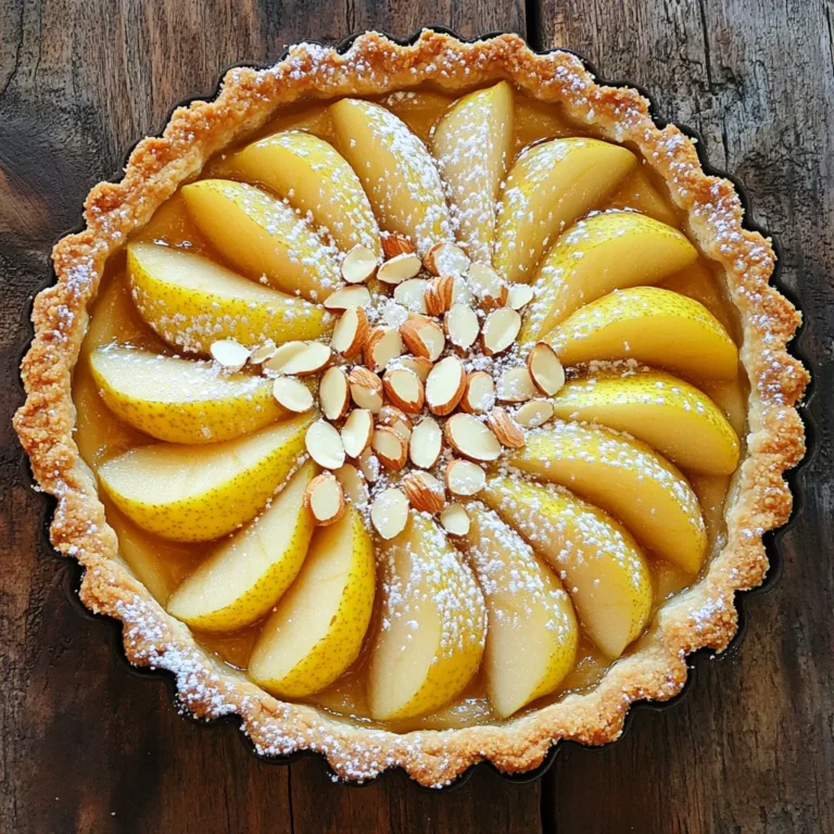 - 1 pre-made tart shell (9-inch) - 3 ripe pears, peeled, cored, and sliced - 1 cup almond flour - 1/2 cup granulated sugar - 1/4 cup unsalted butter, softened - 2 large eggs - 1 teaspoon vanilla extract - 1/2 teaspoon almond extract - 1 tablespoon all-purpose flour - 1/2 teaspoon ground cinnamon - 1/4 teaspoon salt - Sliced almonds - Powdered sugar The main ingredients create a classic flavor. The pre-made tart shell saves time. Ripe pears add sweetness and a juicy bite. Almond flour gives the tart a nutty base. Granulated sugar balances the flavors perfectly. Unsalted butter makes the filling rich and creamy. The additional ingredients enhance the tart's taste. Large eggs bind the mixture and add lift. Vanilla and almond extracts bring a fragrant aroma. All-purpose flour helps the filling set. Ground cinnamon adds warmth and spice. A touch of salt brings out all the flavors. Toppings are key for presentation. Sliced almonds add crunch and beauty. A dusting of powdered sugar makes it look elegant. Together, these ingredients create a delightful tart. - Setting the temperature: First, turn on your oven to 350°F (175°C). This ensures even baking. - Preparing the baking tray: Take your pre-made tart shell and place it on a baking tray. This makes it easy to move in and out of the oven. Set it aside. - Mixing dry and wet ingredients: In a bowl, mix the almond flour, granulated sugar, and softened butter. Blend until creamy. - Incorporating eggs and extracts: Add two large eggs, one at a time. Stir well after each one. Then, pour in the vanilla and almond extracts. Mix until smooth. - Filling the tart shell: Spoon the almond filling into the tart shell. Spread it out evenly with a spatula. - Arranging pear slices: Take your sliced pears and fan them over the almond filling. You can arrange them in any pattern you like. - Adding sliced almonds: Sprinkle sliced almonds on top of the pears. This gives your tart a nice crunch. - Baking time and temperature: Place the tart in the oven. Bake for 30-35 minutes. Look for a golden edge and a set filling. - Cooling instructions: Once baked, take the tart out of the oven. Let it cool for at least 15 minutes before serving. - Dusting with powdered sugar: Before slicing, dust the top with powdered sugar. This adds a sweet finish. - Tips for a flaky crust: Use cold butter and handle the dough gently. Avoid overworking the dough, as this can make it tough. Chill the crust before baking to help it stay flaky. - Ensuring a creamy filling: Mix the almond flour and sugar until smooth. Make sure your butter is soft but not melted. This keeps the filling light and creamy. - Best pears for baking: Use firm pears like Bosc or Anjou. They hold their shape well during baking and add great flavor. - Ripeness indicators: Choose pears that are slightly soft near the stem. They should not be mushy but also not hard. A ripe pear will give slightly when you press it. - Alternatives to almond extract: You can use vanilla or hazelnut extract for a different taste. Each adds a unique twist to the tart. - Incorporating spices for warmth: Ground cinnamon is a great addition. You can also try nutmeg or ginger for a spicier flavor. Just a pinch can elevate the taste! {{image_2}} You can change the fruit in this tart for fun twists. Try using apples, peaches, or berries. Each fruit gives a unique taste and look. You can also mix fruits for a colorful tart. For nuts, you can swap almond flour with hazelnut or walnut flour. This gives a different flavor and texture. If you want to make a tart shell from scratch, mix flour, sugar, and butter. Add cold water to form a dough. Roll it out and fit it into your tart pan. If you need a gluten-free option, use almond flour or a gluten-free blend. Both options work well for this recipe. This tart tastes great with ice cream. Vanilla or almond ice cream pairs well with the flavors. You can also serve it with warm caramel or fruit compote. A drizzle of honey adds a nice touch too. Dusting with powdered sugar makes it look fancy and delicious. You can keep your pear and almond tart at room temperature for up to two days. Place it in a cool, dry spot. Avoid direct sunlight to keep it fresh. Cover it lightly with a clean kitchen towel or wax paper to prevent dust. If you want to store the tart longer, refrigerate it. Wrap it in plastic wrap or place it in an airtight container. The tart stays good in the fridge for about four days. This helps keep the flavors intact and the tart moist. Before serving, let it sit at room temperature for about 15 minutes for the best taste. You can freeze the tart for up to three months. To freeze, wrap it well in plastic wrap, then cover with aluminum foil. This prevents freezer burn. When you want to enjoy it again, thaw it in the fridge overnight. Once thawed, let it sit at room temperature for 30 minutes before serving. This helps restore its lovely texture and taste. Yes, you can use other nut flours. Hazelnut flour works well in this tart. You might also try walnut flour for a rich taste. Just keep in mind that each nut has its own flavor. For best results, choose a nut flour that complements pears. Look for a few signs to check if your tart is ready. The edges should be golden brown. The filling will puff slightly and be set in the middle. If you gently shake the tart, it should not wobble. These cues tell you it is baked perfectly. If you need to avoid butter, there are good alternatives. You can use coconut oil for a dairy-free version. Or try vegetable shortening for a lighter texture. Applesauce can also work, but it may change the flavor a bit. To avoid a soggy crust, follow these tips. First, pre-bake the tart shell for a few minutes. This helps create a barrier. Make sure your filling is not too wet. Lastly, use parchment paper under the tart. It helps to catch any moisture. You learned how to make a delicious pear almond tart from scratch. We covered key ingredients, step-by-step instructions, and useful tips. Choosing the right pears and baking techniques ensures your tart shines. Variations allow you to personalize your dessert, while smart storage keeps it fresh. Whether you share it with others or enjoy it yourself, this tart brings joy and flavor. Now it's time for you to try this recipe and impress your guests!