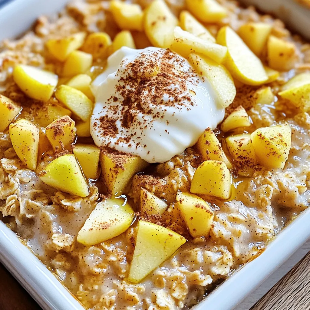 To make Cozy Apple Cinnamon Oatmeal Bake, you will need: - 2 cups rolled oats - 2 large apples, peeled and diced - 1 teaspoon ground cinnamon - 1/2 teaspoon nutmeg - 1/2 cup brown sugar - 1/4 cup honey or maple syrup - 2 cups almond milk - 2 large eggs - 1 teaspoon vanilla extract - 1/2 cup chopped walnuts or pecans (optional) - 1/4 teaspoon salt These ingredients create a warm and hearty dish. The oats form the base. Apples add sweetness and texture. Cinnamon and nutmeg give that cozy flavor. Brown sugar or coconut sugar adds richness. Honey or maple syrup provides natural sweetness. Almond milk keeps it creamy and light. Eggs help bind everything together. Nuts add a nice crunch, but they are optional. You can easily swap some of these ingredients. If you want a dairy-free option, use almond milk, coconut milk, or oat milk. For a vegan twist, replace the eggs with flax eggs. Just mix one tablespoon of flaxseed meal with three tablespoons of water for each egg. Instead of brown sugar, you can use coconut sugar for a lower glycemic index. If you don’t have apples, try pears or even berries for a different flavor. This oatmeal bake is not just tasty; it’s also good for you. One serving offers: - Calories: About 220 - Protein: 6 grams - Fat: 5 grams - Carbohydrates: 40 grams - Fiber: 5 grams - Sugar: 10 grams It’s a balanced breakfast that fuels your morning. The oats provide fiber for digestion. Apples add vitamins and antioxidants. Nuts offer healthy fats. This dish satisfies hunger and keeps you full longer. 1. Preheat your oven to 375°F (190°C). Grease a 9x9-inch baking dish with cooking spray or butter. 2. In a large bowl, mix together 2 cups of rolled oats, 1 teaspoon of ground cinnamon, 1/2 teaspoon of nutmeg, 1/2 cup of brown sugar, and 1/4 teaspoon of salt. Stir until well combined. 3. In another bowl, whisk together 2 large eggs, 2 cups of almond milk, 1/4 cup of honey (or maple syrup), and 1 teaspoon of vanilla extract. Mix until smooth. 4. Pour the liquid mixture into the dry oat mixture. Stir until everything is combined. 5. Fold in 2 diced apples and 1/2 cup of chopped walnuts or pecans if you like nuts. Make sure they are evenly mixed. 6. Transfer the mixture to your greased baking dish. Spread it out evenly. 7. Bake in the preheated oven for 30-35 minutes. The top should turn golden brown, and the oats should be set. 8. Once baked, let the oatmeal bake cool for about 10 minutes. This helps it set. 9. Slice it into squares and serve warm. You can add a dollop of yogurt or a splash of almond milk on top. A drizzle of honey and a sprinkle of cinnamon make it even better. A few apple slices add a lovely touch too! To get the best texture, use rolled oats. They cook evenly and stay chewy. If you want a creamier bake, try adding more almond milk. For a firmer result, let it bake a bit longer. You can also cover it with foil halfway through to keep it moist. When it cools, it firms up more, making it easier to slice. To boost the flavor, add a splash of vanilla or almond extract. Toss in some raisins or dried cranberries for extra sweetness. You can sprinkle extra cinnamon on top before baking for an aromatic finish. If you like a crunch, add more nuts or try adding pumpkin seeds. A pinch of salt enhances all the flavors, so don’t skip that! One common mistake is not mixing the ingredients well. Make sure the oats soak up the liquid. Another mistake is baking it too short. It should be golden brown on top. Don’t forget to let it cool for 10 minutes before slicing. This helps it hold its shape. If you skip this step, it may fall apart. {{image_2}} You can easily change this recipe to fit your taste. Here are some fun ideas: - Add dried fruits like raisins or cranberries for extra sweetness. - Mix in spices such as ginger or allspice for a unique flavor. - Swap nuts for seeds like pumpkin or sunflower for a different crunch. - Top with yogurt or nut butter for added creaminess. - Use different sweeteners like agave syrup or brown rice syrup if desired. If you need gluten-free options, use certified gluten-free rolled oats. For a vegan version, replace eggs with flax eggs. To make flax eggs, mix 1 tablespoon of ground flaxseed with 2.5 tablespoons of water. Let it sit for a few minutes until it thickens. For milk, opt for almond milk or oat milk. These swaps keep the bake tasty and satisfying. This recipe can adapt to the seasons easily. In fall, add pumpkin puree and spices for a pumpkin twist. In winter, mix in chopped pears or cranberries for a holiday feel. Spring brings fresh berries, like blueberries or strawberries, that can blend well with apples. In summer, consider using peaches or cherries for a fresh summer treat. Each season brings new flavors to enjoy! To keep your cozy apple cinnamon oatmeal bake fresh, store it in an airtight container. This will help maintain its flavor and texture. Place the container in the fridge if you plan to eat it within a week. For the best results, slice the bake before storing. When you are ready to enjoy your oatmeal bake, preheat your oven to 350°F (175°C). Place a slice on a baking sheet and warm it for about 10-15 minutes. You can also use the microwave. Heat it on high for about 30-45 seconds. If you want to keep your oatmeal bake for longer, freezing is a great option. Allow it to cool completely before cutting it into portions. Wrap each slice tightly in plastic wrap or foil. Then, place the wrapped slices in a freezer-safe bag. It can last up to three months in the freezer. To thaw, move a slice to the fridge overnight before reheating. Yes, you can prepare this oatmeal bake in advance. Mix the dry and wet ingredients separately. Combine them the night before. Store them in the fridge. In the morning, just bake it. This saves time and keeps breakfast easy. I recommend using Granny Smith or Honeycrisp apples. They add a nice sweet-tart flavor. These apples hold their shape well during baking. You can also try Fuji or Braeburn for a sweeter taste. I suggest sticking with rolled oats for this recipe. Instant oats can become mushy when baked. Rolled oats give a better texture. They hold their shape and create a hearty bake. Check if the top is golden brown. You can also insert a knife into the center. If it comes out clean, it’s done. The oats should look set, not wet or runny. You can add a dollop of yogurt for creaminess. A splash of almond milk is also great. Drizzle some honey or maple syrup on top. For a crunch, sprinkle chopped nuts or granola. A sprinkle of cinnamon adds warmth too. This article covered how to make a tasty apple cinnamon oatmeal bake. We looked at important ingredients and how to swap them. I shared step-by-step instructions to help you bake it perfectly. You learned tips for texture and flavor and ways to customize your dish. Finally, I explained how to store leftovers and addressed common questions. With these insights, you can create a delicious meal that fits your needs. Enjoy your baking!