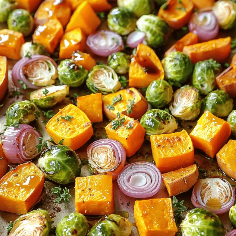 To make these tasty Sheet Pan Fall Harvest Veggies, you will need: - 2 cups butternut squash, peeled and cubed - 1 cup Brussels sprouts, halved - 1 red onion, cut into wedges - 2 carrots, sliced - 1 cup sweet potatoes, peeled and cubed These vegetables bring color and flavor to your dish. Each one adds a unique taste and texture. For flavor, gather these seasoning ingredients: - 3 tablespoons olive oil - 2 teaspoons dried thyme - 1 teaspoon garlic powder - Salt and pepper to taste Olive oil helps the veggies roast well. Thyme and garlic powder add a lovely aroma. Adjust salt and pepper to match your taste. To elevate your dish, consider these garnishes and optional ingredients: - Optional: 1/4 cup maple syrup for a sweet glaze - Fresh parsley for garnish Maple syrup adds a nice sweetness if you want it. Fresh parsley gives a bright touch at the end. Enjoy experimenting with these choices! First, wash all your vegetables well. This helps remove dirt and germs. Then, peel the butternut squash and sweet potatoes. Cube them into bite-sized pieces. Next, cut the Brussels sprouts in half. For the red onion, cut it into wedges. Finally, slice the carrots into rounds. Make sure all pieces are about the same size. This ensures even cooking. In a large bowl, combine the cut vegetables. Add 3 tablespoons of olive oil to the bowl. Then, sprinkle on 2 teaspoons of dried thyme and 1 teaspoon of garlic powder. Season with salt and pepper to taste. If you want a sweet touch, add 1/4 cup of maple syrup. Toss everything well, so all vegetables are coated in the oil and spices. This mix gives your dish great flavor. Preheat your oven to 425°F (220°C). Spread the seasoned veggies evenly on a large sheet pan. Make sure they are in a single layer. This allows them to roast evenly. Place the pan in the oven and set a timer for 25 to 30 minutes. Halfway through, flip the veggies to help them cook all around. When they are tender and caramelized, pull them out. Let them cool for a few minutes. Garnish with fresh parsley before serving for a pop of color. To get that golden, sweet taste, cut your veggies evenly. This helps them cook at the same rate. Toss them well with olive oil, salt, and spices. The oil helps them brown nicely. Roast at 425°F for 25 to 30 minutes. Flip them halfway through cooking. This step ensures all sides get that lovely caramelization. You can change up the veggies based on what you have. Try adding parsnips or turnips for a twist. You can also use kale instead of Brussels sprouts. If it's spring, swap in asparagus or baby carrots. Each veggie brings its own flavor. Don't be afraid to mix and match! For this recipe, you need a large bowl and a sheet pan. A sharp knife helps with cutting veggies. Use a spatula to toss them. Parchment paper is great for easy cleanup. If you have a timer, use it to track cooking time. These tools make your cooking smooth and fun! {{image_2}} You can switch up the veggies to make this dish your own. Try adding seasonal favorites like cauliflower, parsnips, or even beets. Each vegetable brings its unique taste and texture. You can also mix colors for a pretty look. Just remember to cut the veggies into similar sizes for even cooking. This way, everything finishes at the same time. Spices can take your sheet pan veggies to new heights. While thyme and garlic powder work great, you can also try adding paprika or cumin for a warm twist. A pinch of red pepper flakes can add a nice kick. Experiment with herbs like rosemary or oregano, too. The more you play with flavors, the more fun your dish will be. This recipe is already vegan and gluten-free, but you can enhance it further. Swap olive oil for avocado oil for a richer taste. If you want more sweetness, drizzle extra maple syrup before roasting. You can also add nuts or seeds for crunch after cooking. These small changes can make your meal even more exciting and suitable for everyone. After you enjoy your sheet pan fall harvest veggies, let them cool. Once cool, place them in an airtight container. This keeps the flavors fresh and stops the veggies from getting soggy. Store the container in the fridge. They will stay good for about 3-5 days. If you want to keep them longer, consider freezing. When it's time to reheat, you want to keep that delicious taste. The best way is to use the oven. Preheat the oven to 350°F (175°C). Spread the leftovers on a baking sheet. Heat for 10-15 minutes. This method helps the veggies stay crispy. You can also microwave them. If you choose this, use a microwave-safe dish and cover it. Heat in short bursts to avoid overcooking. Freezing is a great option for long-term storage. Start by cooling the veggies completely. Then, place them in freezer-safe bags or containers. Squeeze out any air to prevent freezer burn. Label the bags with the date. They can stay in the freezer for up to 3 months. When you're ready to use them, thaw in the fridge overnight. You can then reheat them as mentioned above. Yes, you can use frozen vegetables. They make cooking easy and quick. Just remember to thaw them first. Frozen veggies may not get as crispy as fresh ones. This dish tastes best with fresh veggies, but frozen can work in a pinch. To add spice, use red pepper flakes or cayenne pepper. Start with a small amount. You can always add more if needed. Another option is to mix in a spicy sauce, like sriracha, before roasting. This adds flavor and heat at the same time. Serve these veggies right from the pan for a rustic feel. They pair well with roasted chicken or fish. You can also mix them into a salad for a hearty meal. Drizzle a little extra olive oil or balsamic glaze for added flavor. Enjoy them hot, or let them cool for a tasty cold dish. This blog post covered the key steps to make delicious Sheet Pan Fall Harvest Veggies. We discussed the best veggies, seasonings, and garnishes. I shared tips for perfect roasting and how to adapt the dish. We explored smart ways to store leftovers and answered common questions. In conclusion, this dish is simple, fun, and flexible. You can easily adapt it to match any season. Enjoy creating your own tasty variations and sharing them with others!