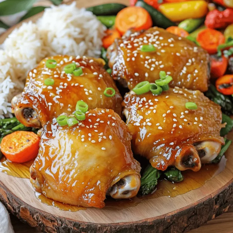 - 4 chicken thighs, bone-in and skin-on - 1/2 cup honey - 1/4 cup soy sauce (low sodium recommended) - 4 cloves garlic, minced - 1 tablespoon fresh ginger, grated - 1/2 teaspoon black pepper - 1/4 teaspoon red pepper flakes (for heat) - 2 green onions, sliced (for garnish) - Sesame seeds (for garnish) Gathering these ingredients is easy and fun. I love using bone-in and skin-on chicken thighs. They become juicy and rich in flavor. Honey adds a sweet touch, while soy sauce brings saltiness. The garlic and ginger give the dish a warm, savory kick. You can adjust the red pepper flakes for heat. If you prefer more spice, add more! The green onions and sesame seeds are great for garnish. They add color and a nice crunch. These ingredients create a lovely balance of sweet and savory. I promise, this dish will impress your family and friends. - In a medium bowl, mix the honey, soy sauce, minced garlic, grated ginger, apple cider vinegar, sesame oil, black pepper, and red pepper flakes if you want some heat. This mix is the heart of the dish. - To ensure even coating, pour the marinade over the chicken thighs in the slow cooker. This way, each piece gets a tasty glaze. - Set up the slow cooker by placing the chicken thighs skin side up. This placement helps keep the skin moist and flavorful. - You can choose to cook on low for 6-7 hours or high for 3-4 hours. The longer cooking time makes the chicken super tender. - For crispy skin, broil the chicken in your oven for 3-5 minutes after cooking. This step adds a nice crunch. - To thicken the sauce, pour it into a saucepan and bring it to a simmer. Let it cook for 5-10 minutes while stirring. This will make it rich and delicious. For the best taste, marinate the chicken thighs for at least one hour. If you have time, marinate them overnight. This gives the flavors time to soak in. If you like a sweeter dish, add more honey. For a bit of heat, increase the red pepper flakes. To ensure the chicken is done, check that the internal temperature reaches 165°F. If you cook on low, aim for 6-7 hours. For high, cook for 3-4 hours. If you want it even more tender, you can let it cook a bit longer. Serve the chicken thighs on a large platter for a family-style meal. Add steamed rice or quinoa as a side. Roasted veggies also pair well. For a pop of color, garnish with sliced green onions and sesame seeds. Drizzle extra sauce over the rice for added flavor. {{image_2}} You can swap chicken thighs for chicken breasts. Breasts cook faster and are leaner. The flavor will still shine through, but the texture will be different. If you want a low-sugar option, try using sugar-free honey or a sugar substitute. This keeps the sweet taste but lowers the sugar content. Want to mix it up? Add fresh herbs like cilantro or parsley for a fresh twist. You can also tweak the sauce. Try adding a splash of lime juice for tang. A bit of sriracha can bring more heat if you enjoy spice. If you prefer using an Instant Pot, simply follow the same steps but adjust the time. Cook on high pressure for about 10 minutes. For oven-baked chicken, preheat to 375°F. Bake the chicken in a dish with the sauce for about 30-40 minutes. This gives a nice caramelized finish to the chicken. You can store leftover honey garlic chicken thighs in the fridge for up to four days. Make sure to place them in an airtight container. This keeps them fresh and tasty for your next meal. To freeze cooked chicken, wrap each thigh well in plastic wrap. Then, place the thighs in a freezer bag. This helps keep out air and prevents freezer burn. When you’re ready to eat, thaw them in the fridge overnight. Reheat them in the oven or microwave until hot. Check for signs of spoilage before eating. If the chicken smells bad or looks off, it’s better to toss it out. Always follow the safe consumption tips to avoid foodborne illness. Yes, you can use boneless chicken thighs. They will cook faster than bone-in thighs. Adjust the cooking time to 4-5 hours on low or 2-3 hours on high. The sauce will still soak into the meat, giving great flavor. You can serve honey garlic chicken thighs with many sides. Here are some great options: - Steamed rice or quinoa - Roasted vegetables like broccoli or carrots - A fresh green salad - Mashed potatoes Drizzle extra sauce over the rice or veggies for added flavor. To check if the chicken is done, use a meat thermometer. The internal temperature should reach 165°F (75°C). If you don’t have a thermometer, cut into the thickest part. The meat should be white and juices should run clear. If it’s still pink, cook longer. This blog post shared a tasty recipe for honey garlic chicken thighs. You learned about the key ingredients, like chicken, honey, and soy sauce. Following step-by-step instructions helps you prepare and cook it perfectly in a slow cooker. Tips and tricks enhance flavor and ensure tender meat. Variations let you customize the dish, while storage info helps keep it fresh. Enjoy this recipe, and don't hesitate to make it your own!