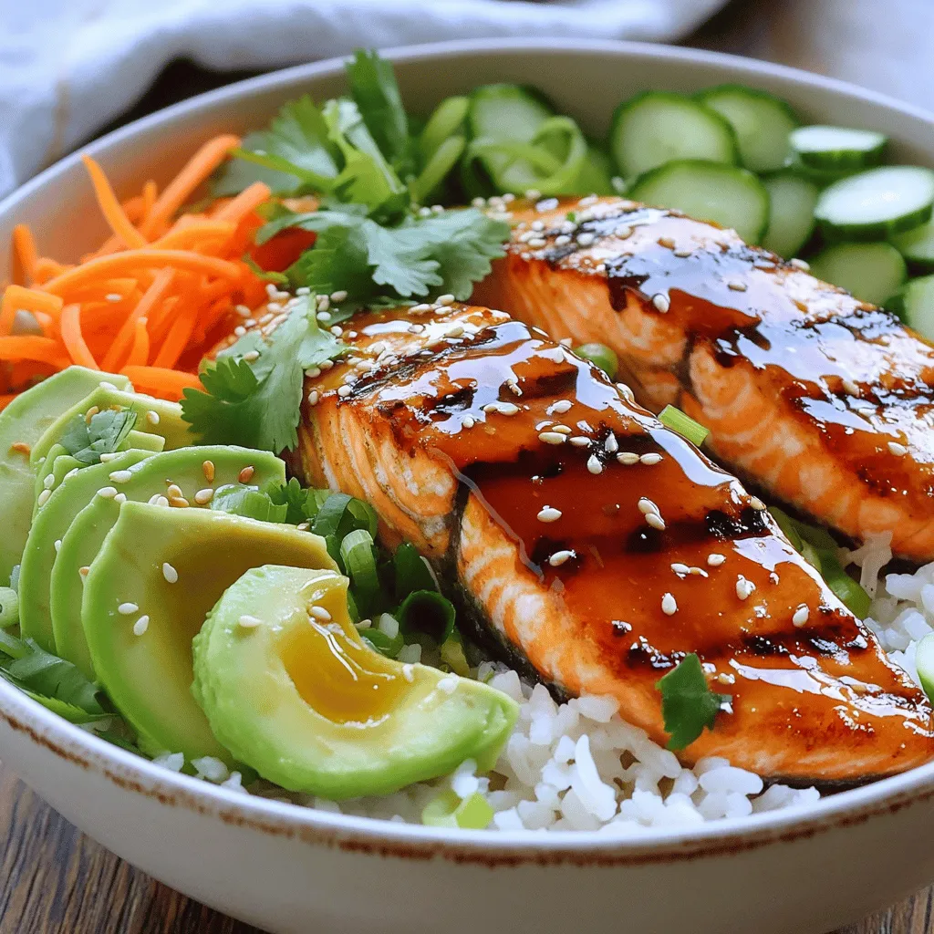 - 4 salmon fillets (about 6 ounces each) - 1/4 cup honey - 2 tablespoons sriracha sauce - 1 tablespoon sesame oil - 1 cup jasmine rice - 1 avocado, sliced - 1 cup shredded carrots - 1 cucumber, thinly sliced - 1/4 cup chopped scallions - 1/4 cup chopped cilantro - Sesame seeds - Lime wedges The star of this dish is the salmon. I love using fresh salmon fillets, as they have a rich flavor. Honey brings a natural sweetness, balancing the heat from sriracha. You can adjust the amount of sriracha for your spice level. Next, sesame oil adds a nice touch. It gives a warm, nutty flavor that works well in this dish. Jasmine rice makes a great base. It is fragrant and fluffy, perfect for soaking up all those tasty sauces. The optional veggies add color and crunch. Sliced avocado is creamy and delicious. Shredded carrots and cucumber add freshness. Chopped scallions and cilantro brighten up the dish. For garnishes, sesame seeds add a little crunch. Lime wedges give a fresh burst when squeezed over the bowl. You can use any of these ingredients to make the dish your own! First, prepare the marinade. In a small bowl, whisk together: - 1/4 cup honey - 2 tablespoons sriracha sauce - 1 tablespoon soy sauce - 1 tablespoon sesame oil Place the salmon fillets in a shallow dish. Pour the marinade over the salmon. Let it marinate for at least 20 minutes. This time helps the flavors soak in. Next, rinse the jasmine rice under cold water. Do this until the water runs clear. In a medium saucepan, combine the rinsed rice with: - 2 cups vegetable broth or water Bring the mixture to a boil. Then, reduce heat to low. Cover the pot and let it simmer for 15 minutes. The rice should absorb all the liquid. Keep it warm while you cook the salmon. Now it's time to cook the salmon. Preheat your grill or oven broiler. Remove the salmon from the marinade and place it on the grill or a baking sheet for the oven. Cook for about 5-6 minutes on each side. The salmon is done when it flakes easily with a fork. Brush with the reserved marinade in the last few minutes for added flavor. Once the salmon and rice are ready, it’s time to assemble the bowls. In each serving bowl, add a generous scoop of jasmine rice as the base. Top it with the cooked salmon. Then add sliced avocado, shredded carrots, and cucumber. This creates a colorful and tasty dish. Finally, it's time to garnish the bowls. Sprinkle with chopped scallions and cilantro. If you like, add sesame seeds on top. Serve each bowl with lime wedges on the side. A squeeze of lime adds a fresh zing to the dish! To achieve flaky salmon, start with fresh fillets. Make sure to marinate for at least 20 minutes. This lets the flavors soak in. When cooking, keep an eye on the time. Grill or broil each side for about 5-6 minutes. The salmon should easily flake with a fork when done. For spice lovers, you can add more Sriracha. If you prefer a milder taste, use less. Adjust the sauce to fit your heat level. Perfect rice starts with rinsing. Rinse jasmine rice under cold water until it runs clear. This removes excess starch and prevents stickiness. Combine the rinsed rice with vegetable broth or water. Bring it to a boil, then reduce heat. Cover and simmer for 15 minutes. If you don’t have jasmine rice, try brown rice or quinoa. Both offer great texture and flavor. You can marinate the salmon a few hours in advance. This enhances the flavor even more. Store it in the fridge until you’re ready to cook. If you plan to make it the next day, this trick works well. For reheating, bake in the oven at 350°F for about 10 minutes. This keeps the salmon moist and tasty. You can also microwave it, but be careful not to overcook. {{image_2}} If you want to switch up the protein, consider using chicken or tofu. Both options work well with the honey and sriracha flavors. For veggies, you can try bell peppers, snap peas, or broccoli. These will add color and crunch to your bowl. To give your dish a fruity twist, add pineapple or mango chunks. These fruits balance the heat of sriracha. You can also use fresh herbs like basil or mint for a refreshing flavor. Don't be afraid to play with sauces, too! Teriyaki or peanut sauce can change the whole taste. For gluten-free options, use tamari instead of soy sauce. This keeps the dish safe for those avoiding gluten. If you're vegan, swap the salmon for chickpeas or tempeh. These will still soak up the delicious marinade and provide protein. To keep your Honey Sriracha Salmon Bowls fresh, store leftovers in an airtight container. Make sure to let the food cool down first. Place the container in the fridge. The dish stays good for up to three days. This way, you can enjoy a quick meal later in the week. You can freeze the salmon bowls for longer storage. To do this, let the dish cool completely. Then, place portions in freezer-safe bags. Remove as much air as you can before sealing. The salmon bowls can last up to three months in the freezer. When you're ready to eat, take them out and thaw overnight in the fridge. To reheat, use the oven or a skillet. If using the oven, set it to 350°F (175°C). Place the salmon and rice in a baking dish, cover it with foil, and heat for about 10-15 minutes. This keeps your meal moist. If using a skillet, add a splash of water and cover it. Heat over low heat until warm. Avoid high heat, as it can dry out the salmon. Enjoy your meal again without losing flavor! You should marinate the salmon for at least 20 minutes. This time allows the flavors to soak in well. If you have more time, you can marinate it for up to an hour. Just keep it in the fridge to stay fresh. Yes, you can use frozen salmon. Just make sure to thaw it first. You can leave it in the fridge overnight or run it under cold water. Pat it dry before marinating. This helps the marinade stick better. You can serve this dish with several tasty sides. Try a simple green salad for crunch. Steamed broccoli or snap peas work well, too. You could also add some extra jasmine rice or quinoa for a filling meal. The recipe can be spicy due to the sriracha. If you want less heat, use less sriracha. You can also add more honey to balance the spice. Taste the marinade before using it to adjust to your liking. To make this dish low-carb, swap jasmine rice for cauliflower rice. You can also skip the rice entirely and use more veggies. Sliced bell peppers or zucchini can add bulk without the carbs. In this post, we covered how to make Honey Sriracha Salmon Bowls. We looked at key ingredients like salmon, honey, and Sriracha, and optional ingredients to add flavor. I provided steps for marinating the salmon, cooking rice, and assembling the dish. Don’t forget the tips for perfecting your salmon and making it ahead of time. With these instructions, you can create a delicious meal tailored to your taste. Enjoy cooking and experimenting with flavors!