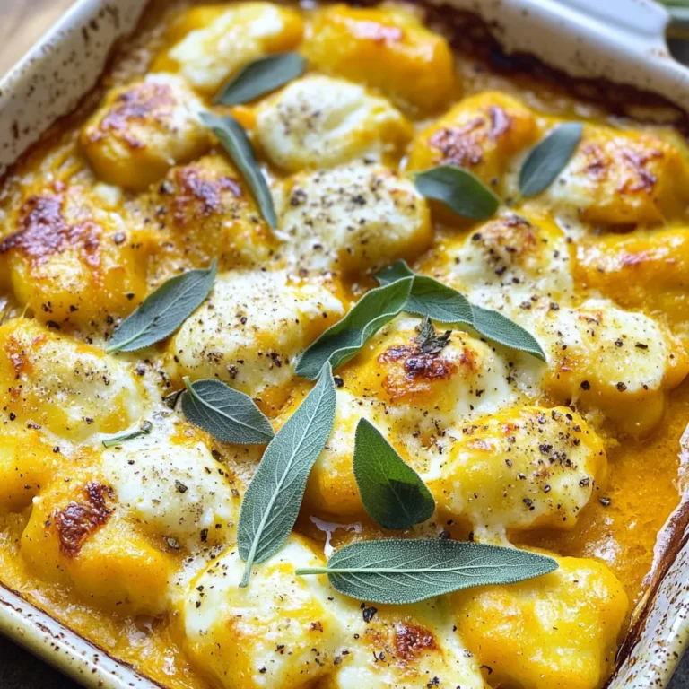 - 1 pound store-bought potato gnocchi - 1 cup pumpkin puree - 1 cup ricotta cheese - 1/2 cup grated Parmesan cheese - 1/2 cup shredded mozzarella cheese - 1 tablespoon fresh sage, finely chopped (plus extra for garnish) - 1/2 teaspoon garlic powder - 1/2 teaspoon onion powder - 1/4 teaspoon nutmeg - Salt and pepper to taste - 1 tablespoon olive oil - 1/2 cup vegetable broth The ingredients for pumpkin sage gnocchi bake are simple yet full of flavor. Here’s a closer look at each one. - Pumpkin puree brings a rich, sweet taste and creamy texture. It adds color and nutrition. - Store-bought potato gnocchi saves time. They are soft and pillowy, perfect for baking. - Ricotta cheese adds creaminess. It holds the bake together and gives a light flavor. - Parmesan cheese, grated, offers a salty bite. It melts beautifully and adds depth. - Mozzarella cheese, shredded, makes the bake ooey and gooey. It adds that classic cheesy pull. - Fresh sage, finely chopped, gives a lovely earthy taste. It pairs well with pumpkin. - Garlic powder and onion powder add aroma and flavor without needing fresh ingredients. - Nutmeg creates warmth. It enhances the sweetness of the pumpkin. - Olive oil greases the baking dish. It helps everything cook evenly. - Vegetable broth keeps the bake moist. It also adds flavor. - Salt and pepper are must-haves for seasoning. They elevate all the flavors. - 9x13 inch baking dish - Mixing bowls - Cooking pot for gnocchi - Measuring cups and spoons Using the right tools makes cooking easier and more fun. A 9x13 inch baking dish is just the right size for this recipe. Mixing bowls help you combine ingredients smoothly. A cooking pot for gnocchi ensures they cook perfectly. Measuring cups and spoons make it easy to get the right amounts. Having these tools ready will set you up for success. - Preheat your oven to 375°F (190°C). - Grease a 9x13 inch baking dish with olive oil. - In a large bowl, mix 1 cup of pumpkin puree with 1 cup of ricotta cheese. - Add 1/2 cup of grated Parmesan cheese, 1/2 teaspoon of garlic powder, and 1/2 teaspoon of onion powder. - Sprinkle in 1/4 teaspoon of nutmeg and 1 tablespoon of finely chopped fresh sage. - Mix until smooth and season with salt and pepper to taste. - Boil 1 pound of store-bought potato gnocchi according to package instructions. - Once they float, drain them gently. - Carefully fold the gnocchi into the pumpkin mixture to avoid breaking. - Pour 1/2 cup of vegetable broth into the greased baking dish. - Gently transfer the gnocchi mixture on top. - Spread 1/2 cup of shredded mozzarella cheese evenly over the top. - Bake in the oven for 25-30 minutes until the cheese is bubbly and golden brown. To avoid breaking gnocchi, be gentle when mixing. After boiling, let the gnocchi float for just a minute. This shows they are ready. Gently drain them without smashing. Breaks happen when you stir too hard. Uneven cooking can happen if the oven is not hot enough. Always preheat your oven before baking. Also, ensure the gnocchi are evenly spread. This way, they cook evenly. To boost flavor, consider adding a pinch of cayenne or crushed red pepper. These add warmth and depth. Fresh thyme or rosemary can also elevate the dish. They pair well with pumpkin. If you want to skip cheese, you can use cashew cream. This gives a rich texture. Nutritional yeast is another great substitute. It adds a cheesy flavor without dairy. For a beautiful presentation, serve directly from the baking dish. This looks rustic and warm. You can also use individual ramekins for a fancy touch. Pair this dish with a light salad. A fresh green salad with lemon dressing complements the richness. A glass of white wine, like Chardonnay, also enhances the meal. {{image_2}} You can make this dish gluten-free by using gluten-free gnocchi instead of regular gnocchi. Many brands offer gluten-free options made from rice or potato flour. For the cheese, use gluten-free substitutes. You can also replace the vegetable broth with homemade broth to ensure no hidden gluten. For vegetarian options, you can keep the ricotta and Parmesan cheese. If you want a vegan version, swap these cheeses for plant-based alternatives. Try cashew cheese or tofu blended with nutritional yeast for a creamy texture. This keeps the dish rich and delicious without dairy. You can easily switch the pumpkin for other squash, like butternut or acorn squash, for a different taste. These squashes bring their own sweetness and flavor. Adding seasonal vegetables like spinach or kale can also enhance the dish. They add color, nutrition, and texture to your bake. To keep your pumpkin sage gnocchi bake fresh, follow these tips: - Allow the dish to cool completely. - Transfer the leftovers to an airtight container. - Store in the fridge for up to three days. - Use glass or plastic containers with tight-fitting lids for best results. To reheat without losing texture, you have two main options: - Oven Method: Preheat the oven to 350°F (175°C). Place the gnocchi bake in an oven-safe dish. Cover with foil to retain moisture. Heat for about 15-20 minutes or until warmed through. - Microwave Method: Place a serving in a microwave-safe bowl. Cover with a damp paper towel. Heat for 1-2 minutes, stirring halfway. This keeps the cheese from getting too chewy. You can freeze the gnocchi bake both before and after baking: - Before Baking: Assemble the dish, cover tightly with plastic wrap, then foil. Freeze for up to two months. - After Baking: Cool the dish completely. Cut into portions, then wrap each piece in plastic wrap. Place in a freezer-safe bag. To thaw, move the dish to the fridge overnight. For quick thawing, place in a microwave on defrost. This ensures you retain the great taste and texture. Gnocchi cooks quickly. You can tell when it is done by watching for the float. When they rise to the top of the pot, they are ready. This usually happens in about 2 to 3 minutes. Cooking time may vary slightly based on the size of the gnocchi. Make sure to drain them gently to keep them whole. You can use homemade gnocchi! Homemade gnocchi can taste fresher and have a unique texture. However, making them takes time and skill. Store-bought gnocchi is quick and easy to use. If you are short on time, store-bought is a great choice. Both options can make a tasty Pumpkin Sage Gnocchi Bake. If you need a ricotta substitute, consider using cottage cheese or cream cheese. Both can give you that creamy texture. Blending cottage cheese makes it smoother. For a vegan option, try silken tofu. It blends well and works nicely in this dish. Each substitute will change the flavor slightly, so choose what you like best. This blog post gave you a step-by-step guide to making a delicious pumpkin gnocchi bake. You learned about key ingredients, tools, and baking instructions. I shared tips for perfect texture and flavor, plus variations to fit your needs. Cooking can be fun and easy with these simple steps. Enjoy creating this dish that warms your home and your heart!