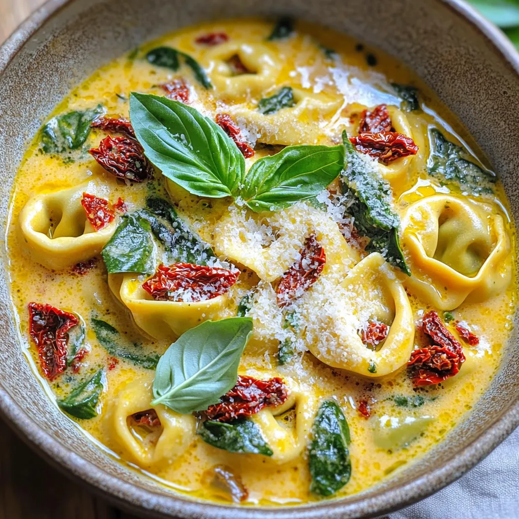 For this dish, gather these simple yet essential ingredients: - 12 oz cheese tortellini (fresh or frozen) - 1 cup sun-dried tomatoes in oil, drained and chopped - 2 cups vegetable broth - 1 cup heavy cream - 1 cup spinach leaves (fresh) - 3 cloves garlic, minced - 1 teaspoon Italian seasoning - Salt and pepper to taste - 1/2 cup grated Parmesan cheese - 2 tablespoons olive oil - Fresh basil leaves for garnish Each ingredient plays a key role in creating the creamy, rich flavor of this dish. Cheese tortellini adds a delightful bite, while sun-dried tomatoes offer a sweet, tangy twist. The heavy cream transforms the sauce into a velvety delight. Fresh spinach not only adds nutrition but also a pop of color. Garlic and Italian seasoning bring warmth and depth, while Parmesan cheese ties everything together. Remember, quality matters. Choose the best sun-dried tomatoes and fresh spinach you can find. This dish cooks quickly, so prepare your ingredients ahead of time. Happy cooking! First, we heat the olive oil in a large pot over medium heat. I love using a good-quality olive oil for its flavor. Next, add the minced garlic. Sauté for 1-2 minutes until you can smell the aroma. Be careful not to let it brown, as that can make it bitter. Now, stir in the chopped sun-dried tomatoes and the Italian seasoning. This adds a rich flavor to our dish. Cook this mixture for about 2 minutes. This step helps the flavors blend together beautifully. Next, pour in the vegetable broth. Bring it to a gentle simmer. This is when the magic starts! Add the tortellini to the pot. Cook according to the package instructions. Fresh tortellini usually takes about 3-5 minutes, while frozen might take 7-10 minutes. Stir occasionally to prevent sticking. Once the tortellini is cooked, reduce the heat to low. Slowly whisk in the heavy cream until it blends well. You’ll see the sauce start to thicken. Add the fresh spinach leaves. Stir until they wilt, adding a nice pop of color. Season with salt and pepper to taste. Finally, stir in the grated Parmesan cheese. Watch it melt into a creamy sauce that coats every tortellini. To get the right texture for your tortellini, follow the cooking times on the package. Fresh tortellini usually takes 3-5 minutes, while frozen may need 7-10 minutes. Stir gently to prevent sticking. If you want a creamier dish, add more heavy cream. Start with 1 cup, then taste and adjust. You can always add more to make it richer. To boost flavors, try adding fresh herbs like thyme or parsley. A pinch of red pepper flakes adds warmth and spice. You can also top the dish with crispy bacon or toasted pine nuts for a nice crunch. These additions bring new life to your creamy tortellini. For a beautiful presentation, serve your tortellini in shallow bowls. Garnish with fresh basil and a sprinkle of Parmesan cheese on top. A drizzle of olive oil can make it shine. Pair your dish with garlic bread or a fresh salad to round out the meal. These sides complement the flavors and make your dinner special. {{image_2}} Want to boost the nutrition? You can add proteins like chicken or shrimp. For chicken, cook diced pieces in the pot before adding the garlic. For shrimp, add them when you add the tortellini. They cook fast and add great taste. If you prefer vegetarian options, try adding chickpeas or lentils. These add protein and fiber without changing the dish’s flavor. If you want to change up the creamy sauce, consider using pesto or marinara. These sauces give a different flavor while still being easy to make. You can also replace the heavy cream with a mix of yogurt and vegetable broth. This gives you a lighter dish that still tastes great. Using chicken stock instead of vegetable broth adds richness too. Using seasonal vegetables can make your dish shine. In the summer, add fresh zucchini or bell peppers. In the fall, try butternut squash or mushrooms. These veggies not only add flavor but also color. When they are in season, they taste better and are often cheaper. Mixing in seasonal greens like kale can also boost nutrition and taste. To keep your creamy sun-dried tomato tortellini fresh, start by letting it cool. Place the leftovers in the fridge within two hours of cooking. Use airtight containers to seal in flavor and moisture. Glass or plastic containers work well. Make sure to label the containers with the date. This way, you won’t forget when you made it. The tortellini can stay fresh in the fridge for up to three days. When you’re ready to enjoy your leftovers, you have a few options for reheating. You can use the microwave, stovetop, or oven. If using the microwave, heat in short bursts. Stir between each burst to avoid hot spots. For the stovetop, place the tortellini in a pan over low heat. Add a splash of cream or broth to keep it creamy. Stir often to prevent sticking. If you prefer the oven, cover the dish with foil and heat at 350°F for about 15 minutes. This helps maintain the creaminess. If you want to freeze the tortellini, it’s best to do this before adding the cream and cheese. Freeze it right after cooking the tortellini in the broth and sun-dried tomatoes. Allow it to cool completely before transferring it to freezer-safe bags or containers. Remove as much air as possible to prevent freezer burn. When you’re ready to eat, thaw the tortellini in the fridge overnight. For reheating, add the cream and cheese during the last few minutes of cooking. This keeps the sauce smooth and rich. Yes, you can use frozen tortellini. Just remember, cooking time will change. For frozen tortellini, boil for 7-10 minutes. Check the package for exact times. Stir it gently to keep it from sticking. To make this dish dairy-free, swap heavy cream with coconut milk or cashew cream. For cheese, use nutritional yeast or a dairy-free cheese. These options keep the dish creamy and tasty. To reheat, use a pot on low heat. Add a splash of broth or water to keep it moist. Stir often to avoid sticking. You can also use a microwave. Just cover it with a damp paper towel. This keeps it soft and flavorful. This blog post shared a simple, delicious tortellini recipe. You learned about the key ingredients, step-by-step cooking, and tips for the best results. We also explored variations, like adding proteins and seasonal veggies. Proper storage methods ensure freshness for leftovers, too. Now, you can confidently prepare this dish. Enjoy experimenting and making it your own!