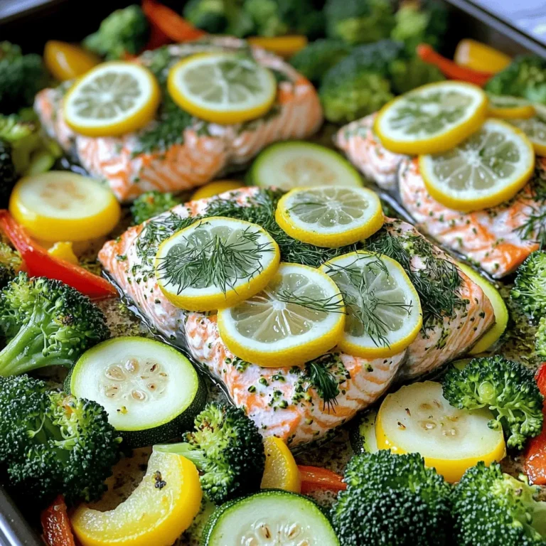 - 4 salmon fillets - 2 cups broccoli florets - 1 bell pepper, sliced (any color) - 1 zucchini, sliced into rounds - 1 red onion, sliced into wedges For a fresh and vibrant meal, I love using salmon fillets paired with colorful veggies. The salmon provides healthy fats and protein, while the veggies add fiber and nutrients. Broccoli, bell pepper, zucchini, and red onion are my go-to choices. They all roast perfectly and create a beautiful dish. - 3 tablespoons olive oil - Juice of 1 large lemon - Zest of 1 lemon - 2 cloves garlic, minced - 1 tablespoon fresh dill, chopped - 1 tablespoon fresh parsley, chopped The marinade brings this dish to life. I combine olive oil, lemon juice, lemon zest, and minced garlic for a zesty kick. Fresh dill and parsley add a burst of flavor. This mix makes the salmon and veggies taste amazing. You will want to use every drop! - Salt and pepper to taste - Lemon slices for garnish - Fresh herbs for garnish Seasoning is key for flavor. I add salt and pepper to the salmon and veggies. Lemon slices on top of the salmon add a nice touch and enhance the taste. Fresh herbs sprinkled on top make the dish look stunning. They also provide extra flavor that ties everything together. First, set your oven to 400°F (200°C). While it warms up, grab a large baking sheet. Line it with parchment paper. This makes cleanup quick and easy. Next, take a small bowl. In it, whisk together the olive oil, lemon juice, and lemon zest. Add the minced garlic, chopped dill, and parsley. Sprinkle in salt and pepper. This herb mix will give the salmon and veggies lots of flavor. Now, place the broccoli, bell pepper, zucchini, and red onion on the baking sheet. Spread them out evenly. Drizzle half of the herb marinade over the veggies. Toss them well to coat every piece. Then, add the salmon fillets among the veggies. Brush the remaining marinade over the salmon. Don’t forget to season the salmon with a pinch of salt and pepper. Place a lemon slice on top of each fillet for a fresh taste. Roast everything in the oven for about 15 to 20 minutes. The salmon should flake easily with a fork, and the veggies should be tender but still crisp. Once done, take it out and let it cool for a few minutes before serving. To get perfectly cooked salmon, aim for 15-20 minutes in the oven. The salmon should flake easily with a fork when done. If you prefer it medium, check at 12 minutes. To achieve crispy veggies, cut them into uniform sizes. This helps them cook evenly. Toss them in olive oil and season well. Make sure they are spread out on the pan. Overcrowded veggies will steam instead of crisp. For great side dishes, consider serving quinoa or rice. These grains soak up the lemon sauce well. A fresh salad with mixed greens adds a nice crunch. You could also serve crusty bread to enjoy with the meal. To plate your dish beautifully, serve the salmon and veggies directly from the pan. This rustic style looks appealing. Add lemon slices and a sprinkle of fresh herbs on top. If you want color, use red pepper flakes for garnish. This adds both flavor and a pop of color. {{image_2}} You can change the veggies based on what you have. Seasonal options keep things fresh and fun. Try asparagus in spring or sweet potatoes in fall. Here are some great choices: - Cauliflower florets - Carrots, sliced - Green beans - Cherry tomatoes - Spinach, added after cooking Mix and match your favorites. Just remember to cut them into similar sizes for even cooking. This helps all your veggies roast perfectly. If salmon isn’t your thing, don’t worry! You can use other proteins that fit your taste. Chicken works well and stays juicy. Tofu is a great option for a plant-based meal. Here are some alternatives: - Chicken breasts or thighs - Firm tofu, cubed - Cod or tilapia fillets - Shrimp, peeled and deveined Adjust your cooking time based on the protein you choose. Chicken may need a few more minutes, while shrimp cooks quickly. Want to spice things up? Adding extra herbs and spices can make this dish even better. Here are some fun ideas to experiment with: - Thyme for a warm flavor - Oregano for a Mediterranean twist - Paprika for some heat - Lemon pepper for more zing Feel free to play around with these options. A little creativity goes a long way in the kitchen! To store your meal, let it cool first. Place the salmon and veggies in an airtight container. Use glass or plastic containers with tight lids. Store them in the fridge. They can last for up to 3 days. Make sure to label the container with the date. This helps keep track of how fresh they are. To reheat, the oven works best. Preheat it to 350°F (175°C). Place the salmon and veggies on a baking sheet. Cover with foil to keep moisture in. Heat for about 10-15 minutes. You want the salmon warm and the veggies crisp. If using a microwave, put them on a microwave-safe plate. Heat in short bursts, about 30 seconds each. Stir in between to avoid hot spots. Yes, you can freeze salmon and veggies! To freeze, put them in a freezer-safe bag. Remove as much air as possible before sealing. They will last for about 2-3 months in the freezer. To use, thaw them in the fridge overnight. After thawing, reheat them in the oven for best results. Avoid reheating them too often to keep the flavor fresh. Yes, you can use frozen salmon. First, thaw it in the fridge overnight. If you need it fast, place it in a sealed bag and run it under cold water for 30 minutes. After thawing, pat it dry with a paper towel. This step helps the marinade stick better. Then, follow the recipe as usual. The cooking time might be a bit longer, so check it closely. You can tell salmon is done when it flakes easily with a fork. The flesh should turn from bright pink to a pale, opaque color. Use a meat thermometer if you want precision. It should read 145°F (63°C). Always let it rest for a few minutes after cooking. This helps the juices settle and makes it more flavorful. If you don’t have lemon, try lime juice or vinegar. Both add acidity and brightness. You could also use orange juice for a sweeter flavor. If you want an herbal taste, add more garlic or fresh herbs like thyme or basil. Mix and match to find what you like best. This blog post showed you how to make a tasty salmon dish. We covered the main ingredients like salmon, veggies, and a simple marinade. I shared step-by-step instructions for preparation and cooking. You learned useful tips for serving and presentation, as well as variations for different tastes. Remember, leftovers store well, and you can even freeze this meal. Enjoy this easy, healthy recipe and make it your own with different flavors. Happy cooking!