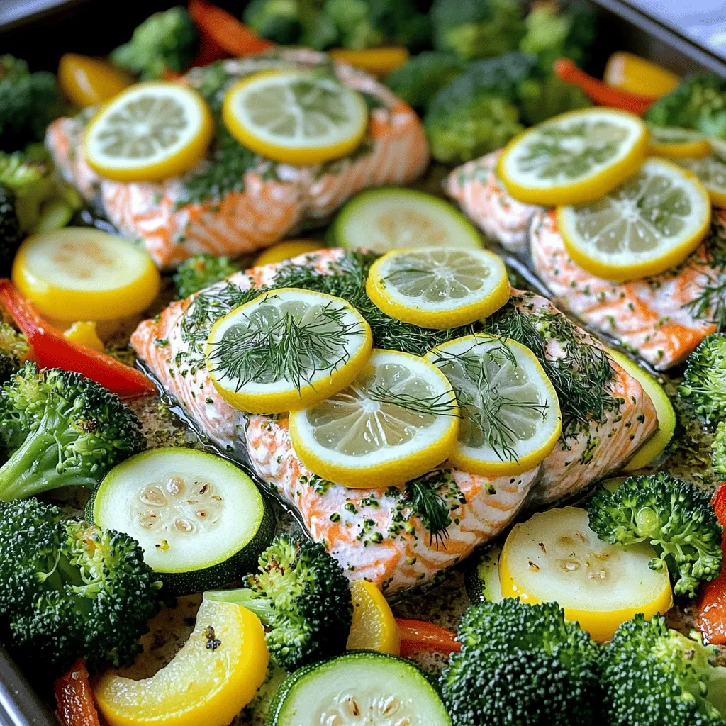 - 4 salmon fillets - 2 cups broccoli florets - 1 bell pepper, sliced (any color) - 1 zucchini, sliced into rounds - 1 red onion, sliced into wedges For a fresh and vibrant meal, I love using salmon fillets paired with colorful veggies. The salmon provides healthy fats and protein, while the veggies add fiber and nutrients. Broccoli, bell pepper, zucchini, and red onion are my go-to choices. They all roast perfectly and create a beautiful dish. - 3 tablespoons olive oil - Juice of 1 large lemon - Zest of 1 lemon - 2 cloves garlic, minced - 1 tablespoon fresh dill, chopped - 1 tablespoon fresh parsley, chopped The marinade brings this dish to life. I combine olive oil, lemon juice, lemon zest, and minced garlic for a zesty kick. Fresh dill and parsley add a burst of flavor. This mix makes the salmon and veggies taste amazing. You will want to use every drop! - Salt and pepper to taste - Lemon slices for garnish - Fresh herbs for garnish Seasoning is key for flavor. I add salt and pepper to the salmon and veggies. Lemon slices on top of the salmon add a nice touch and enhance the taste. Fresh herbs sprinkled on top make the dish look stunning. They also provide extra flavor that ties everything together. First, set your oven to 400°F (200°C). While it warms up, grab a large baking sheet. Line it with parchment paper. This makes cleanup quick and easy. Next, take a small bowl. In it, whisk together the olive oil, lemon juice, and lemon zest. Add the minced garlic, chopped dill, and parsley. Sprinkle in salt and pepper. This herb mix will give the salmon and veggies lots of flavor. Now, place the broccoli, bell pepper, zucchini, and red onion on the baking sheet. Spread them out evenly. Drizzle half of the herb marinade over the veggies. Toss them well to coat every piece. Then, add the salmon fillets among the veggies. Brush the remaining marinade over the salmon. Don’t forget to season the salmon with a pinch of salt and pepper. Place a lemon slice on top of each fillet for a fresh taste. Roast everything in the oven for about 15 to 20 minutes. The salmon should flake easily with a fork, and the veggies should be tender but still crisp. Once done, take it out and let it cool for a few minutes before serving. To get perfectly cooked salmon, aim for 15-20 minutes in the oven. The salmon should flake easily with a fork when done. If you prefer it medium, check at 12 minutes. To achieve crispy veggies, cut them into uniform sizes. This helps them cook evenly. Toss them in olive oil and season well. Make sure they are spread out on the pan. Overcrowded veggies will steam instead of crisp. For great side dishes, consider serving quinoa or rice. These grains soak up the lemon sauce well. A fresh salad with mixed greens adds a nice crunch. You could also serve crusty bread to enjoy with the meal. To plate your dish beautifully, serve the salmon and veggies directly from the pan. This rustic style looks appealing. Add lemon slices and a sprinkle of fresh herbs on top. If you want color, use red pepper flakes for garnish. This adds both flavor and a pop of color. {{image_2}} You can change the veggies based on what you have. Seasonal options keep things fresh and fun. Try asparagus in spring or sweet potatoes in fall. Here are some great choices: - Cauliflower florets - Carrots, sliced - Green beans - Cherry tomatoes - Spinach, added after cooking Mix and match your favorites. Just remember to cut them into similar sizes for even cooking. This helps all your veggies roast perfectly. If salmon isn’t your thing, don’t worry! You can use other proteins that fit your taste. Chicken works well and stays juicy. Tofu is a great option for a plant-based meal. Here are some alternatives: - Chicken breasts or thighs - Firm tofu, cubed - Cod or tilapia fillets - Shrimp, peeled and deveined Adjust your cooking time based on the protein you choose. Chicken may need a few more minutes, while shrimp cooks quickly. Want to spice things up? Adding extra herbs and spices can make this dish even better. Here are some fun ideas to experiment with: - Thyme for a warm flavor - Oregano for a Mediterranean twist - Paprika for some heat - Lemon pepper for more zing Feel free to play around with these options. A little creativity goes a long way in the kitchen! To store your meal, let it cool first. Place the salmon and veggies in an airtight container. Use glass or plastic containers with tight lids. Store them in the fridge. They can last for up to 3 days. Make sure to label the container with the date. This helps keep track of how fresh they are. To reheat, the oven works best. Preheat it to 350°F (175°C). Place the salmon and veggies on a baking sheet. Cover with foil to keep moisture in. Heat for about 10-15 minutes. You want the salmon warm and the veggies crisp. If using a microwave, put them on a microwave-safe plate. Heat in short bursts, about 30 seconds each. Stir in between to avoid hot spots. Yes, you can freeze salmon and veggies! To freeze, put them in a freezer-safe bag. Remove as much air as possible before sealing. They will last for about 2-3 months in the freezer. To use, thaw them in the fridge overnight. After thawing, reheat them in the oven for best results. Avoid reheating them too often to keep the flavor fresh. Yes, you can use frozen salmon. First, thaw it in the fridge overnight. If you need it fast, place it in a sealed bag and run it under cold water for 30 minutes. After thawing, pat it dry with a paper towel. This step helps the marinade stick better. Then, follow the recipe as usual. The cooking time might be a bit longer, so check it closely. You can tell salmon is done when it flakes easily with a fork. The flesh should turn from bright pink to a pale, opaque color. Use a meat thermometer if you want precision. It should read 145°F (63°C). Always let it rest for a few minutes after cooking. This helps the juices settle and makes it more flavorful. If you don’t have lemon, try lime juice or vinegar. Both add acidity and brightness. You could also use orange juice for a sweeter flavor. If you want an herbal taste, add more garlic or fresh herbs like thyme or basil. Mix and match to find what you like best. This blog post showed you how to make a tasty salmon dish. We covered the main ingredients like salmon, veggies, and a simple marinade. I shared step-by-step instructions for preparation and cooking. You learned useful tips for serving and presentation, as well as variations for different tastes. Remember, leftovers store well, and you can even freeze this meal. Enjoy this easy, healthy recipe and make it your own with different flavors. Happy cooking!