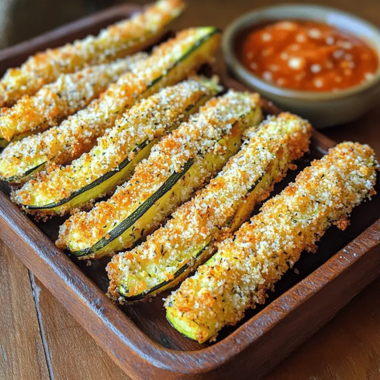 Here’s what you need to make Air Fryer Parmesan Zucchini Fries: - 2 medium zucchinis, cut into fry shapes - 1 cup grated Parmesan cheese - 1 cup breadcrumbs (panko or regular) - 1 teaspoon garlic powder - 1 teaspoon onion powder - 1 teaspoon dried oregano - 1 teaspoon salt - 1/2 teaspoon black pepper - 2 large eggs, beaten - Cooking spray or olive oil for drizzling These ingredients create a crunchy, tasty treat. Zucchini is healthy and low in calories. Parmesan cheese adds a salty, rich flavor. Breadcrumbs give the fries their crunch. The seasonings make every bite delicious. Using eggs helps the coating stick well to the zucchini. Cooking spray or olive oil ensures a nice crisp finish. Gather these ingredients before you start cooking. It makes the process smooth and fun. I love how easy it is to prepare this dish. Once you have everything ready, you can make these zucchini fries in no time. Enjoy the cooking experience! - Preheat air fryer to 400°F (200°C). - Prepare zucchinis by cutting them into fry shapes. Start by getting your air fryer ready. Preheating it helps the fries cook evenly. Once that’s done, grab your zucchinis. Cut them into long, thin fry shapes. This shape helps them crisp up nicely in the air fryer. - Mix Parmesan cheese and breadcrumbs with seasonings. - Dip each fry in beaten eggs, then coat in the mixture. Now comes the fun part—coating! In a shallow bowl, mix the grated Parmesan cheese, breadcrumbs, garlic powder, onion powder, oregano, salt, and black pepper. Stir well to combine. In another bowl, beat the eggs. Take each zucchini fry, dip it in the eggs, and let the extra drip off. Then, roll it in the cheese and breadcrumb mix until it’s fully coated. Place the coated fries on a plate. - Spray with cooking spray or drizzle with olive oil. - Arrange in air fryer and cook for 10-12 minutes, flipping halfway. Before cooking, spray the coated fries lightly with cooking spray or drizzle them with olive oil. Both help to create that golden crispiness we love. Arrange the fries in a single layer in the air fryer basket. Make sure they are not crowded. Cook them for 10 to 12 minutes. Flip them halfway through for even cooking. When they turn golden brown and crispy, you know they are ready. Enjoy them hot with your favorite dipping sauce! To make your zucchini fries super crispy, cook them at 400°F (200°C). This high heat helps them brown nicely. I recommend cooking them for 10-12 minutes. Flip them halfway through for even crispiness. Do not overcrowd the basket in your air fryer. If you place too many fries at once, they will steam instead of fry. Cook them in batches if needed. This step is key to getting that perfect crunch. Zucchini fries pair well with many dipping sauces. Marinara and ranch dressing are my favorites. You can also try garlic aioli or spicy ketchup for a twist. For side dishes, serve your fries with a fresh salad or grilled chicken. They make a great snack or a fun side for burgers. Enjoy them with your main meal or as a tasty treat on their own! {{image_2}} You can boost the flavor of your zucchini fries easily. Start by adding spices. For a smoky kick, try paprika. If you like heat, cayenne pepper works great too. You can also play with cheese. Instead of Parmesan, use mozzarella or cheddar for a different taste. If you don’t have an air fryer, there are other ways to cook these fries. You can bake them in the oven. Preheat your oven to 425°F (220°C) and spread the fries on a baking sheet. Bake for about 20-25 minutes. Flip them halfway for even crispiness. Another option is deep-frying. Heat oil in a pot to 350°F (175°C). Fry the coated zucchini fries in small batches for 3-4 minutes. This method gives a classic fried taste, but be careful of the hot oil. To store cooked zucchini fries, place them in an airtight container. Let them cool first. They will stay fresh for about 2 to 3 days in the fridge. When you reheat them, use an air fryer. This keeps them crispy. Heat them at 350°F (175°C) for about 5 to 7 minutes. Check them often to avoid burning. If you want to freeze uncooked zucchini fries, arrange them on a baking sheet. Make sure they do not touch each other. Freeze them for about 1 to 2 hours until solid. Then, transfer them into a freezer bag. This helps save space. They can last up to 3 months in the freezer. To cook frozen fries, do not thaw them first. Just add a few extra minutes to the cooking time in the air fryer. Cook at 400°F (200°C) for about 12 to 15 minutes. Flip them halfway through to ensure even cooking. Enjoy your crispy treats right from the freezer! To keep your zucchini fries from getting soggy, follow these tips: - Salt the zucchini: Sprinkle salt on cut zucchini and let them sit for 15 minutes. This draws out moisture. - Pat dry: After salting, use paper towels to dry off excess moisture. - Use panko breadcrumbs: They help create a crispier texture. - Avoid overcrowding: Spread fries out in the air fryer. This allows hot air to circulate. Yes, you can use other veggies! Here are some great options: - Eggplant: Cut into fry shapes and follow the same process. - Carrots: Slice them into thin strips for a sweet twist. - Sweet potatoes: These add a hint of sweetness. Adjust cooking time to ensure they cook through. Each veggie may need slight changes in cooking time. Just check for doneness! You can store leftover zucchini fries safely: - In the fridge: They last for 3 to 4 days in an airtight container. - In the freezer: Freeze for up to 3 months. To reheat, use the air fryer for best results. This keeps them crispy! Zucchini fries are easy to make with few ingredients and simple steps. We covered how to prep the zucchini, coat it, and cook it perfectly in an air fryer. I shared tips for crispiness and tasty serving ideas. Try your own flavor twists and cooking methods to keep things fun. Whether you enjoy them fresh or save leftovers, zucchini fries can fit any meal. Experiment and enjoy this healthy snack!