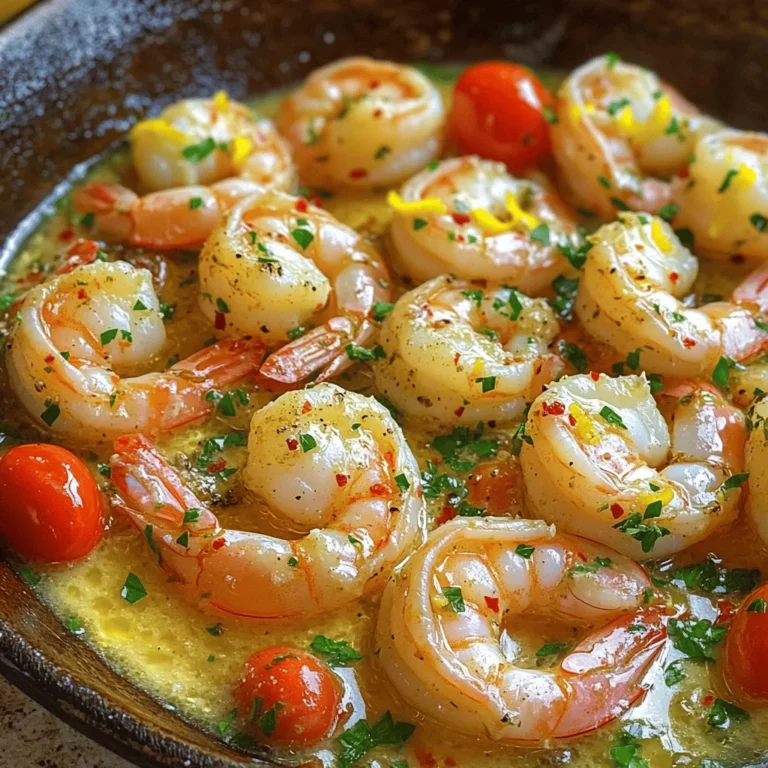 - 1 lb large shrimp, peeled and deveined - 4 tablespoons unsalted butter - 5 cloves garlic, minced - 1 teaspoon red pepper flakes - 1 teaspoon lemon zest - 2 tablespoons lemon juice - 1/4 cup fresh parsley, chopped - Salt and pepper to taste - 1 tablespoon olive oil - 1 cup cherry tomatoes, halved - 1 teaspoon smoked paprika Gathering the right ingredients makes cooking easy and fun. Start with the shrimp. I use one pound of large shrimp that are peeled and deveined. This saves time and makes cooking fast. Next, grab four tablespoons of unsalted butter. Butter adds creaminess and depth of flavor. You will need five cloves of garlic, which I always mince fresh. The garlic adds a strong, savory taste. For a little heat, I use one teaspoon of red pepper flakes. You can adjust this to your liking. The zest of one lemon brings brightness, while two tablespoons of lemon juice add a tangy kick. Chop a quarter cup of fresh parsley for a pop of color and freshness. Salt and pepper are essential for flavor. I recommend one tablespoon of olive oil for cooking. It helps the shrimp cook evenly. Lastly, one cup of halved cherry tomatoes adds sweetness and texture. A teaspoon of smoked paprika gives a hint of smokiness to the dish. With these ingredients, you can create a delicious meal that is sure to impress! Start by heating 1 tablespoon of olive oil in a large skillet over medium heat. When the oil gets hot, add 4 tablespoons of unsalted butter. Let the butter melt completely. This step ensures a delicious base for your dish. Next, add 5 cloves of minced garlic and 1 teaspoon of red pepper flakes to the skillet. Cook this mixture for about 1 minute. You want the garlic to smell great but not brown. This adds a nice kick and flavor to your shrimp. Now, toss in 1 pound of large shrimp that have been peeled and deveined. Add 1 teaspoon of smoked paprika, and sprinkle some salt and pepper to taste. Cook the shrimp for 2-3 minutes on one side until they turn pink. Then, flip them over. After that, add 1 cup of halved cherry tomatoes to the skillet. Squeeze in 2 tablespoons of lemon juice and sprinkle 1 teaspoon of lemon zest on top. Cook for another 2-3 minutes until the shrimp are fully cooked and the tomatoes soften. Take the skillet off the heat. Stir in 1/4 cup of chopped fresh parsley. This adds a fresh taste and bright color to your dish. Taste and adjust the seasonings if needed. Your savory garlic butter shrimp skillet is now ready to serve! To know when shrimp are done, watch for color change. Perfect shrimp turn pink and opaque. They should curl slightly but not be tight. Overcooking makes shrimp tough. Cook them for 2-3 minutes on each side. If they are firm and bounce back lightly, they are ready to enjoy. For more flavor, try adding a pinch of cayenne pepper. It adds heat without overpowering the dish. You can also mix in fresh herbs like basil or cilantro for a twist. A splash of white wine can add depth. Adjust salt and pepper to your liking. Experimenting keeps the dish fresh and exciting. Use a heavy skillet for even heat. A cast-iron skillet works great for this dish. It retains heat well and cooks the shrimp evenly. If you have a non-stick skillet, that can work too. Just ensure it’s large enough to hold all the shrimp without crowding. This helps them cook perfectly every time. {{image_2}} You can swap shrimp for other seafood. Try scallops or fish fillets. For a vegan option, use firm tofu. Instead of butter, use plant-based butter or olive oil. This keeps the dish creamy and rich. Spice it up! Add paprika or cayenne for heat. Want more color? Toss in bell peppers or spinach. Fresh herbs like basil or cilantro add brightness. Try different garlic forms, like roasted garlic, for a sweet twist. For a gluten-free meal, this recipe works great as is. Just check all labels for gluten. To make it dairy-free, use olive oil instead of butter. This keeps the taste delicious without dairy. Enjoy the flavors without worry! To keep your shrimp fresh, follow these steps: - Let the shrimp cool down first. - Place them in an airtight container. - Store in the fridge within two hours of cooking. - Use parchment paper between layers to avoid sticking. You want to keep your shrimp tasty and juicy. Here’s how: - Use a skillet over low heat to warm them up. - Add a splash of water or broth for moisture. - Stir gently until heated through, about 3-5 minutes. - Avoid microwaving, as it can make shrimp rubbery. Your savory garlic butter shrimp can last in the fridge for: - Up to 3 days when stored properly. - Check for any off smells or changes in color before eating. - For longer storage, consider freezing them. Yes, you can use frozen shrimp. It’s a great option when fresh shrimp is not available. Start by thawing the shrimp. Place them in a bowl of cold water for about 15 to 20 minutes. Change the water halfway for even thawing. Make sure to drain and pat them dry before cooking. This helps the shrimp cook better and absorb flavors. Garlic butter shrimp pairs well with many sides. Here are some tasty options: - Steamed rice - Quinoa - Garlic bread - Fresh salad - Roasted vegetables These sides will balance the rich flavors of the shrimp. You can also add a squeeze of lemon on top for a fresh touch. To add more heat, try these options: - Increase the red pepper flakes to your taste. - Add fresh chopped chili peppers. - Mix in a dash of hot sauce before serving. These tweaks will give your dish a nice kick without losing the garlic flavor. Enjoy the spice! This blog post covered how to make garlic butter shrimp, from ingredients to cooking tips. You learned about the essential flavors and cooking steps. Perfectly cooked shrimp bring joy and great taste. Use the tips to experiment and make it your own. Whether adding spices or serving it with sides, you can enjoy it all week. Remember to store leftovers properly for the best flavor. Try this simple recipe and impress your family or friends!
