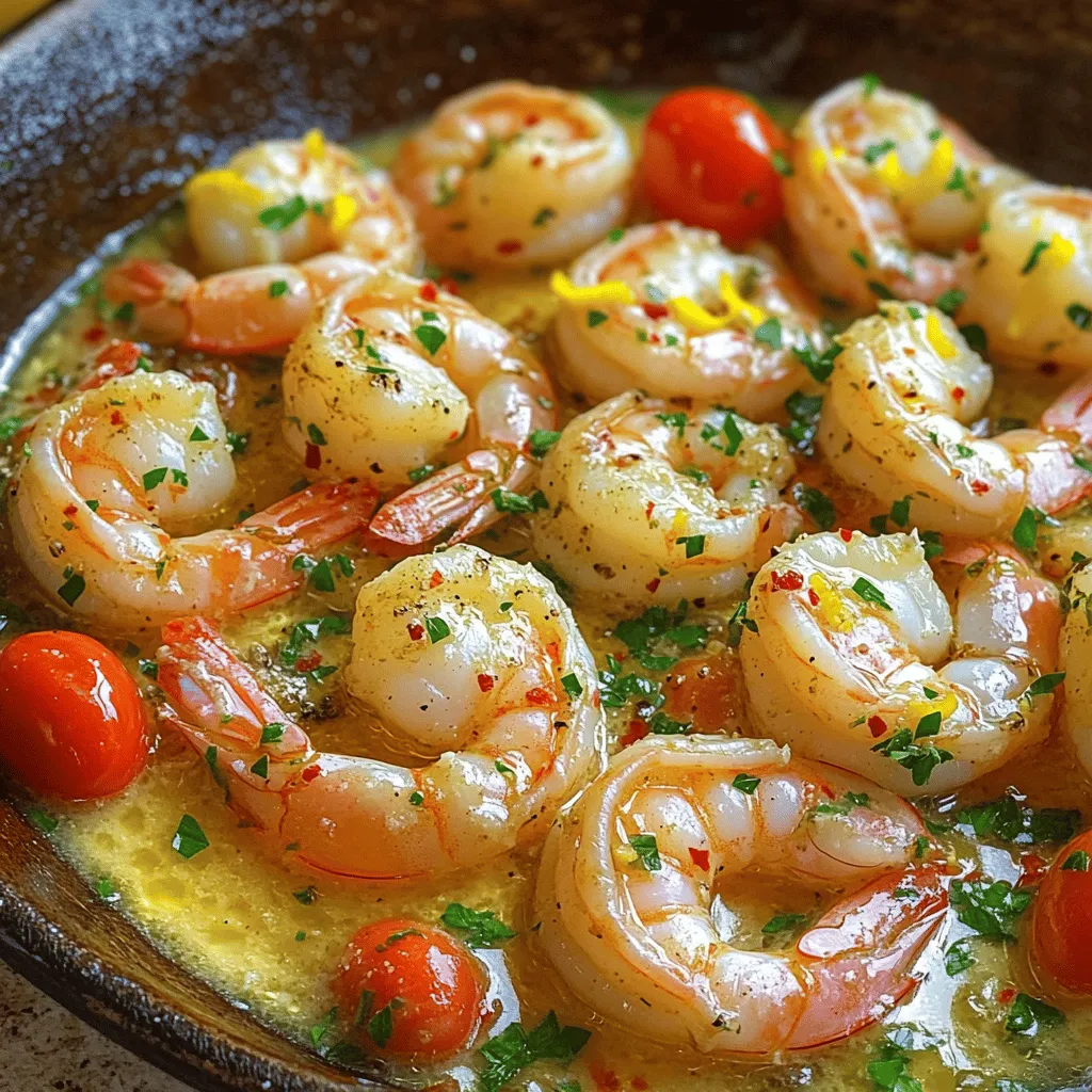 - 1 lb large shrimp, peeled and deveined - 4 tablespoons unsalted butter - 5 cloves garlic, minced - 1 teaspoon red pepper flakes - 1 teaspoon lemon zest - 2 tablespoons lemon juice - 1/4 cup fresh parsley, chopped - Salt and pepper to taste - 1 tablespoon olive oil - 1 cup cherry tomatoes, halved - 1 teaspoon smoked paprika Gathering the right ingredients makes cooking easy and fun. Start with the shrimp. I use one pound of large shrimp that are peeled and deveined. This saves time and makes cooking fast. Next, grab four tablespoons of unsalted butter. Butter adds creaminess and depth of flavor. You will need five cloves of garlic, which I always mince fresh. The garlic adds a strong, savory taste. For a little heat, I use one teaspoon of red pepper flakes. You can adjust this to your liking. The zest of one lemon brings brightness, while two tablespoons of lemon juice add a tangy kick. Chop a quarter cup of fresh parsley for a pop of color and freshness. Salt and pepper are essential for flavor. I recommend one tablespoon of olive oil for cooking. It helps the shrimp cook evenly. Lastly, one cup of halved cherry tomatoes adds sweetness and texture. A teaspoon of smoked paprika gives a hint of smokiness to the dish. With these ingredients, you can create a delicious meal that is sure to impress! Start by heating 1 tablespoon of olive oil in a large skillet over medium heat. When the oil gets hot, add 4 tablespoons of unsalted butter. Let the butter melt completely. This step ensures a delicious base for your dish. Next, add 5 cloves of minced garlic and 1 teaspoon of red pepper flakes to the skillet. Cook this mixture for about 1 minute. You want the garlic to smell great but not brown. This adds a nice kick and flavor to your shrimp. Now, toss in 1 pound of large shrimp that have been peeled and deveined. Add 1 teaspoon of smoked paprika, and sprinkle some salt and pepper to taste. Cook the shrimp for 2-3 minutes on one side until they turn pink. Then, flip them over. After that, add 1 cup of halved cherry tomatoes to the skillet. Squeeze in 2 tablespoons of lemon juice and sprinkle 1 teaspoon of lemon zest on top. Cook for another 2-3 minutes until the shrimp are fully cooked and the tomatoes soften. Take the skillet off the heat. Stir in 1/4 cup of chopped fresh parsley. This adds a fresh taste and bright color to your dish. Taste and adjust the seasonings if needed. Your savory garlic butter shrimp skillet is now ready to serve! To know when shrimp are done, watch for color change. Perfect shrimp turn pink and opaque. They should curl slightly but not be tight. Overcooking makes shrimp tough. Cook them for 2-3 minutes on each side. If they are firm and bounce back lightly, they are ready to enjoy. For more flavor, try adding a pinch of cayenne pepper. It adds heat without overpowering the dish. You can also mix in fresh herbs like basil or cilantro for a twist. A splash of white wine can add depth. Adjust salt and pepper to your liking. Experimenting keeps the dish fresh and exciting. Use a heavy skillet for even heat. A cast-iron skillet works great for this dish. It retains heat well and cooks the shrimp evenly. If you have a non-stick skillet, that can work too. Just ensure it’s large enough to hold all the shrimp without crowding. This helps them cook perfectly every time. {{image_2}} You can swap shrimp for other seafood. Try scallops or fish fillets. For a vegan option, use firm tofu. Instead of butter, use plant-based butter or olive oil. This keeps the dish creamy and rich. Spice it up! Add paprika or cayenne for heat. Want more color? Toss in bell peppers or spinach. Fresh herbs like basil or cilantro add brightness. Try different garlic forms, like roasted garlic, for a sweet twist. For a gluten-free meal, this recipe works great as is. Just check all labels for gluten. To make it dairy-free, use olive oil instead of butter. This keeps the taste delicious without dairy. Enjoy the flavors without worry! To keep your shrimp fresh, follow these steps: - Let the shrimp cool down first. - Place them in an airtight container. - Store in the fridge within two hours of cooking. - Use parchment paper between layers to avoid sticking. You want to keep your shrimp tasty and juicy. Here’s how: - Use a skillet over low heat to warm them up. - Add a splash of water or broth for moisture. - Stir gently until heated through, about 3-5 minutes. - Avoid microwaving, as it can make shrimp rubbery. Your savory garlic butter shrimp can last in the fridge for: - Up to 3 days when stored properly. - Check for any off smells or changes in color before eating. - For longer storage, consider freezing them. Yes, you can use frozen shrimp. It’s a great option when fresh shrimp is not available. Start by thawing the shrimp. Place them in a bowl of cold water for about 15 to 20 minutes. Change the water halfway for even thawing. Make sure to drain and pat them dry before cooking. This helps the shrimp cook better and absorb flavors. Garlic butter shrimp pairs well with many sides. Here are some tasty options: - Steamed rice - Quinoa - Garlic bread - Fresh salad - Roasted vegetables These sides will balance the rich flavors of the shrimp. You can also add a squeeze of lemon on top for a fresh touch. To add more heat, try these options: - Increase the red pepper flakes to your taste. - Add fresh chopped chili peppers. - Mix in a dash of hot sauce before serving. These tweaks will give your dish a nice kick without losing the garlic flavor. Enjoy the spice! This blog post covered how to make garlic butter shrimp, from ingredients to cooking tips. You learned about the essential flavors and cooking steps. Perfectly cooked shrimp bring joy and great taste. Use the tips to experiment and make it your own. Whether adding spices or serving it with sides, you can enjoy it all week. Remember to store leftovers properly for the best flavor. Try this simple recipe and impress your family or friends!