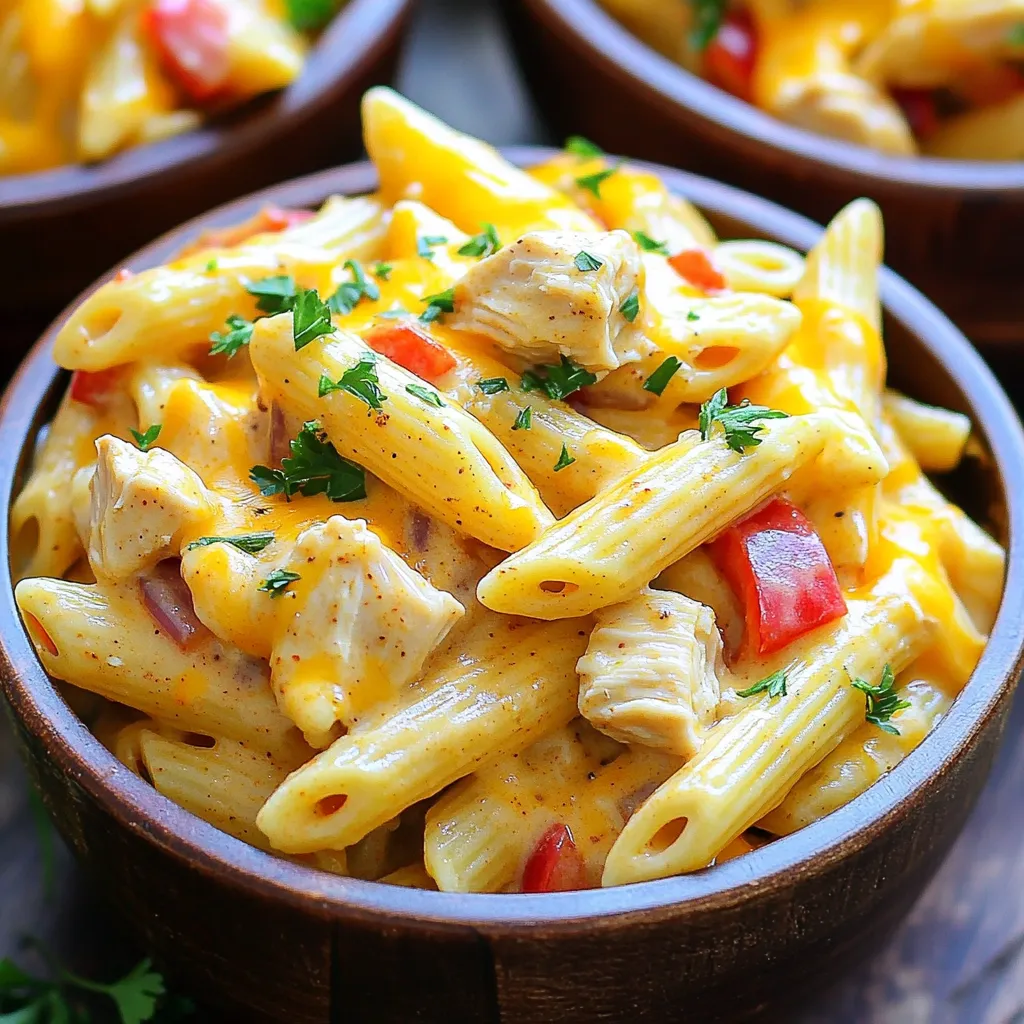 For this easy weeknight meal, you'll need: - 1 lb (450g) chicken breast, diced - 8 oz (225g) penne pasta - 1 medium onion, chopped - 1 red bell pepper, sliced - 3 cloves garlic, minced - 1 can (14 oz) diced tomatoes, undrained - 4 cups chicken broth - 1 cup heavy cream - 1 cup shredded cheddar cheese - 2 tablespoons Cajun seasoning - 1 tablespoon olive oil - Salt and pepper to taste These ingredients work perfectly together to create a creamy, spicy dish. The chicken adds protein, while the penne pasta brings a satisfying bite. Seasonings make this dish shine. The Cajun seasoning gives it that signature kick. A pinch of salt and pepper enhances all the flavors. Olive oil helps cook the chicken and adds richness. Garnishing makes your meal look great. I suggest using fresh parsley for color and flavor. You can also add more cheddar cheese on top for extra creaminess. Serve it hot in bowls, and it’s a feast for the eyes and the taste buds! First, gather your ingredients. You need diced chicken breast and Cajun seasoning. Heat olive oil in a large pot over medium-high heat. Once hot, add the chicken. Sprinkle Cajun seasoning on top. Cook for about 5 to 7 minutes until the chicken is browned and fully cooked. After that, remove the chicken from the pot and set it aside. Keeping the chicken warm helps keep it juicy. In the same pot, add chopped onion. Sauté it for about 2 to 3 minutes, or until it turns soft and clear. This step adds great flavor. Next, stir in minced garlic and sliced red bell pepper. Cook for another 2 minutes until the garlic smells nice. The bell pepper adds color and sweetness. Now, it’s time to combine the flavors. Pour in the can of diced tomatoes, undrained, and add chicken broth. Stir everything together. Bring this mix to a boil. Once boiling, add the penne pasta. Reduce the heat to a simmer, then cover the pot. Cook for about 10 to 12 minutes. Stir occasionally to keep the pasta from sticking. You want it to be cooked al dente. After the pasta is done, return the cooked chicken to the pot. Now, add heavy cream and shredded cheddar cheese. Mix everything well until the cheese melts and the sauce is creamy. This is the magic moment! If the sauce feels too thick, add a splash of chicken broth to thin it out to your liking. Finally, taste the dish and season with salt and pepper as needed. For a fresh touch, chop some parsley and sprinkle it on top. Serve this dish hot in bowls. You can add more cheese and parsley for a beautiful finish. This meal pairs well with a side salad or warm garlic bread. Enjoy your One Pot Creamy Cajun Chicken Pasta! To cook the chicken just right, start with small, even pieces. Dice the chicken breast into bite-sized chunks. This helps them cook evenly. Heat olive oil in your pot over medium-high heat. Add the chicken and sprinkle Cajun seasoning on top. Stir it well. Cook for about 5-7 minutes until the chicken is golden and no longer pink. Remove the chicken and set it aside. This step locks in flavor for the whole dish. The sauce should be creamy but not too thick. After adding the heavy cream and cheese, check the texture. If it feels too thick, add a splash of chicken broth. Stir it in and see if that helps. You want a smooth sauce that clings to the pasta. If it seems thin, let it simmer for a few more minutes. This helps the sauce thicken naturally. You can boost the flavor in many ways. Try adding a pinch of smoked paprika for a deeper taste. Fresh herbs, like thyme or basil, add brightness too. If you want a bit more heat, a dash of hot sauce works well. For a twist, swap the chicken for shrimp or sausage. Each choice will give your dish a new kick. Enjoy being creative while cooking! {{image_2}} You can make a veggie version of this dish. Start with the same base but swap out the chicken. Use 1 cup of your favorite veggies instead. Bell peppers, zucchini, and mushrooms work well. Sauté the veggies until they are tender. Then, follow the same steps for cooking the pasta and sauce. The Cajun seasoning adds a nice kick to your veggie pasta. If you want a different protein, shrimp or sausage are great choices. For shrimp, use about 1 pound of peeled shrimp. Cook them for 2-3 minutes until they turn pink. If you prefer sausage, use 1 pound of smoked sausage, sliced. Add it to the pot after the onions. Both options give a tasty twist to this dish. You can control the heat in your pasta. For a milder dish, cut back on the Cajun seasoning. You can also add a dollop of sour cream to cool things down. If you like it spicy, add extra seasoning or toss in some chopped jalapeños. Adjust to your taste for the perfect kick! After enjoying your One Pot Creamy Cajun Chicken Pasta, let it cool first. Then, scoop the leftovers into an airtight container. Make sure to keep it in the fridge. It stays fresh for about 3 to 4 days. If you want to keep it longer, consider freezing. When you're ready to eat again, reheat it on the stove. Add a splash of chicken broth to keep it creamy. Stir gently over low heat until it’s hot. You can also use a microwave. Heat in short bursts, stirring in between to avoid hot spots. For longer storage, you can freeze this pasta. Place it in a freezer-safe container. It can last up to 2 months in the freezer. When you're ready to eat, thaw it in the fridge overnight. Reheat it using the tips above. Remember, the creaminess may change slightly after freezing, but it will still taste great! Yes, you can use other pasta types. Penne works great here, but you can try rotini or fusilli. These shapes hold the sauce well. Just remember to adjust the cooking time based on the pasta you choose. If you want a lighter option, use half-and-half or whole milk. You can also use a dairy-free cream like coconut cream. Just keep in mind that the flavor may change slightly. Adjust the other seasonings to suit your taste. This dish takes about 30 minutes from start to finish. You spend about 15 minutes prepping the ingredients. Cooking the pasta and sauce takes another 15 minutes. It’s a quick and tasty meal for busy nights. Yes, this dish is great for meal prep. You can make a big batch and store it in the fridge. Just keep it in an airtight container. It will stay fresh for up to three days. Reheat it on the stove or in the microwave when you’re ready to eat. In this blog post, we covered how to make One Pot Creamy Cajun Chicken Pasta. We went through the key ingredients, cooking steps, and tips for success. I shared variations to suit different diets and how to store leftovers properly. Remember, this dish is easy to customize with different proteins or veggies. Enjoy creating a dish that’s rich in flavor and perfect for any meal. With these steps, you can impress your family and friends with a delicious dinner.