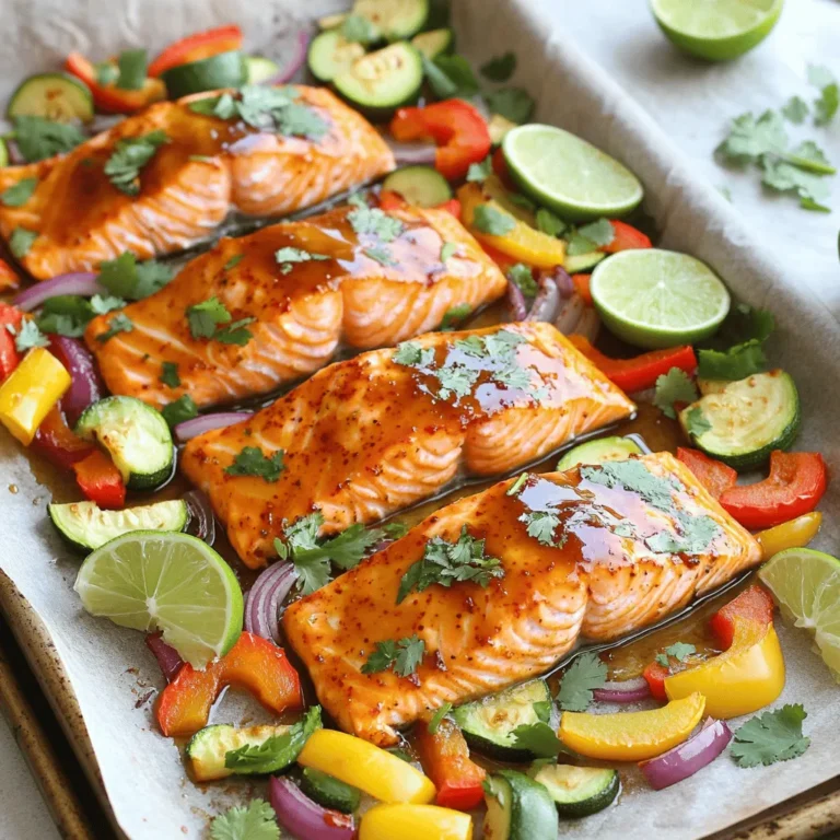 For this Honey Chili Salmon Sheet Pan, you need the following: - 4 salmon fillets - 1/4 cup honey - 2 tablespoons low-sodium soy sauce - 1 tablespoon chili garlic sauce - 2 cloves garlic, minced - 1 teaspoon grated ginger - 1 red bell pepper, sliced - 1 yellow bell pepper, sliced - 1 zucchini, sliced - 1 red onion, cut into wedges - 2 tablespoons olive oil - Salt and pepper to taste To make this dish, gather these tools: - A large baking sheet - Parchment paper (for easy cleanup) - Mixing bowls - Whisk for mixing marinades - Knife and cutting board For a fresh finish, consider these garnishes: - Fresh cilantro, chopped - Lime wedges for serving First, set your oven to 400°F (200°C). This heat cooks the salmon well. Line a large baking sheet with parchment paper. This makes cleanup easy. In a small bowl, mix together the following: - 1/4 cup honey - 2 tablespoons low-sodium soy sauce - 1 tablespoon chili garlic sauce - 2 minced garlic cloves - 1 teaspoon grated ginger Whisk these ingredients until smooth. This marinade will add great flavor to the salmon. Put 4 salmon fillets on one side of the baking sheet. Brush half of the honey chili marinade over the fillets. In another bowl, add the sliced: - 1 red bell pepper - 1 yellow bell pepper - 1 zucchini - 1 red onion (cut into wedges) Drizzle these veggies with 2 tablespoons of olive oil. Season with salt and pepper. Toss until they are well coated. Spread the veggie mix on the other side of the baking sheet. Drizzle the rest of the marinade over the vegetables. Place the baking sheet in the oven. Bake for 15-20 minutes. The salmon should be cooked through and flake easily with a fork. The veggies should be tender and slightly caramelized. After baking, let it rest for a couple of minutes. Then, serve the salmon and veggies on plates. Don’t forget to garnish with fresh cilantro and lime wedges! To cook salmon just right, keep an eye on the time. Bake it for 15-20 minutes at 400°F. When it's ready, the fish should flake easily with a fork. This means it's cooked through. Use a meat thermometer if you want. The internal temperature should be 145°F. Start checking around the 15-minute mark. This way, you avoid overcooking and drying it out. For a deeper flavor, let the salmon marinate. A 30-minute soak in the honey chili mix makes a big difference. You can also add lime juice to the marinade for a fresh twist. Fresh herbs like cilantro or parsley add brightness. If you like heat, add more chili garlic sauce or a sprinkle of red pepper flakes. After using your baking sheet, cleanup is easy with parchment paper. Simply lift it and toss it away. For stuck-on food, soak the sheet in warm, soapy water. Use a non-abrasive scrubber to protect the surface. Rinse well and dry completely before storing. This keeps your tools in great shape for the next meal. {{image_2}} You can swap veggies to change the dish. Try using asparagus for a crunchy bite. Carrots add a sweet taste too. Broccoli gives a nice color and crunch. You can also use snap peas for a fresh pop. Feel free to mix and match based on what you have. Want to switch up the flavor? Use teriyaki sauce instead of honey. This gives a savory twist. You can also add lime juice for a zesty kick. Swap in sriracha for more heat. For a sweet touch, try maple syrup instead of honey. Each change will give you a unique dish. If you're avoiding soy, use coconut aminos. This option is lower in sodium. For a vegan dish, replace salmon with tofu or tempeh. Use a plant-based honey substitute for the sauce. If you need gluten-free, check your soy sauce for gluten-free options. These swaps keep the meal tasty and safe. After you enjoy your honey chili salmon, store leftovers in an airtight container. Let the salmon and veggies cool first. Place them in the fridge within two hours. They will last for up to three days. Keeping them in one container helps save space and makes it easy to grab. To reheat, use the oven for the best taste. Preheat the oven to 350°F (175°C). Place the salmon and veggies on a baking sheet. Cover them with foil to prevent drying out. Heat for about 10-15 minutes or until warmed through. You can also use a microwave, but the oven keeps the salmon moist and crispy. If you want to freeze, it’s easy! Wrap the salmon and veggies tightly in plastic wrap or foil. Then, place them in a freezer-safe bag. They can stay in the freezer for up to three months. When ready to eat, thaw in the fridge overnight before reheating. This way, you keep all the flavors intact. It takes about 15 to 20 minutes to cook salmon on a sheet pan. You want to bake it at 400°F (200°C). The salmon is ready when it flakes easily with a fork. This quick cooking time helps keep the fish moist and flavorful. Yes, you can use frozen salmon. Just make sure to thaw it first. Thaw it in the fridge overnight or use cold water. This way, you’ll get even cooking. Using frozen salmon might change the cook time slightly, so watch it closely. I recommend serving honey chili salmon with a side of rice or quinoa. Steamed broccoli or a fresh salad also pairs well. These sides balance the sweet and spicy salmon. You can even serve it with lime wedges for a zesty kick. Yes, this recipe is great for meal prep. You can store the cooked salmon and veggies in airtight containers. They will last in the fridge for about three days. Just reheat in the microwave or oven before serving. This blog post covered key ingredients, step-by-step instructions, tips, variations, storage, and FAQs. You now have the tools to make honey chili salmon with ease. Remember, cooking should be fun and rewarding. Experiment with different flavors and vegetables to suit your taste. With the right practice, you will master this dish. Enjoy your cooking journey and share your tasty results with others. Happy cooking!