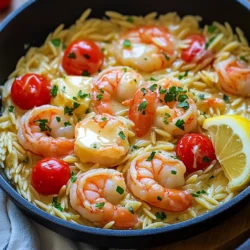 - 1 pound large shrimp, peeled and deveined - 1 cup orzo pasta - 4 tablespoons unsalted butter - 4 cloves garlic, minced - 1 cup cherry tomatoes, halved - 2 cups vegetable or chicken broth - 1 teaspoon paprika - 1 teaspoon lemon zest - Juice of 1 lemon - Salt and pepper to taste - Fresh parsley, chopped (for garnish) - Additional lemon wedge (for serving) The main ingredients for Garlic Butter Shrimp Orzo Skillet are simple yet packed with flavor. You need a pound of large shrimp. These shrimp should be peeled and deveined for ease of cooking. The orzo pasta adds a lovely texture to the dish. Four tablespoons of unsalted butter will give your meal a rich taste. Minced garlic is a must; it brings a nice aroma and flavor. Cherry tomatoes add a burst of sweetness and color. For the broth and seasoning, you can use either vegetable or chicken broth. This adds depth to the dish. A teaspoon of paprika gives a hint of smokiness. Lemon zest and juice make everything bright and fresh. Don't forget to season with salt and pepper to taste. Finally, for garnish, fresh parsley adds a pop of green. A lemon wedge on the side not only looks great but also provides extra flavor if you desire. These ingredients come together to create a dish that’s quick, tasty, and sure to impress. 1. Start by melting 2 tablespoons of butter in a large skillet over medium heat. 2. Once the butter melts, add 4 cloves of minced garlic. Sauté this for about 1 minute. You want it fragrant but not browned. 3. Next, toss in 1 pound of peeled and deveined shrimp. Season with salt, pepper, and 1 teaspoon of paprika. 4. Cook the shrimp for about 3 to 4 minutes. Watch closely as they turn pink and opaque. Once done, remove the shrimp from the skillet and set them aside. 1. In the same skillet, add the remaining 2 tablespoons of butter and 1 cup of orzo pasta. 2. Stir the orzo to coat it in the butter. Toast it for around 2 minutes until slightly golden. 3. Pour in 2 cups of vegetable or chicken broth. Bring it to a simmer. 4. Lower the heat to medium-low and cover the skillet. Let it cook for about 8 to 10 minutes. The orzo should be al dente and most liquid absorbed. 1. Now, add the halved cherry tomatoes and the cooked shrimp back into the skillet. 2. Stir in 1 teaspoon of lemon zest and the juice from 1 lemon. Mix everything well. 3. Cook for an additional 2 to 3 minutes to heat through. 4. Taste and adjust the seasoning with more salt and pepper if needed. Make sure to cook the shrimp just right. Overcooked shrimp can become tough. Cook them until they turn pink and opaque. This should take about 3 to 4 minutes. Keep an eye on them so they don’t overcook. To get the perfect orzo texture, cook it al dente. This means it should be firm to the bite but not hard. When you simmer the orzo in broth, check it around 8 minutes. If it needs more time, give it a minute or two. For a great presentation, serve the dish in a large pasta bowl. Top it with fresh chopped parsley. Add a lemon wedge on the side for color and extra zest. This makes it look fresh and inviting. You can pair this meal with a crisp salad. A light green salad with vinaigrette works well. If you prefer wine, a chilled white wine like Sauvignon Blanc is a good choice. It complements the shrimp nicely. If you want to switch things up, try using chicken instead of shrimp. Cook the chicken pieces until they are cooked through. Tofu is another great option for a plant-based meal. Just make sure to season it well. You can also use different types of pasta. If you can’t find orzo, try small shells or ditalini. These shapes will work nicely in the dish, absorbing the flavors just as well. {{image_2}} You can change the recipe with seasonal veggies. Zucchini and spinach work great. Just chop them up and add them when you mix in the shrimp. Fresh herbs like basil or thyme can also boost the taste. They add a fresh smell and flavor that brings your dish to life. Spice it up by adding Cajun seasoning or Italian herbs. These will give your dish a different taste. You can also mix in some cheese. Parmesan adds a nice salty kick, while feta gives a creamy texture. Cheese makes the dish richer and more satisfying. If you want a low-carb option, try zucchini noodles instead of orzo. They cook quickly and soak up flavors well. For a gluten-free meal, you can use gluten-free orzo. Look for brands that use rice or corn to keep it tasty. To store leftovers, let the dish cool first. Place the Garlic Butter Shrimp Orzo Skillet in an airtight container. This keeps the flavors fresh. It is best to eat it within three days. For proper containers, use glass or BPA-free plastic. These materials help keep the food safe. Avoid using metal containers, as they can react with the food. The best way to reheat the dish is on the stove. Heat it in a skillet over low to medium heat. This method keeps the shrimp and orzo from becoming tough. Stir occasionally to heat evenly. To maintain texture, add a splash of broth or water while reheating. This helps keep the orzo moist and tasty. You can also use a microwave, but stir every minute to avoid hot spots. To freeze the Garlic Butter Shrimp Orzo Skillet, let it cool completely. Then, put it in a freezer-safe container. Leave some space at the top for expansion. It can last up to three months in the freezer. For thawing, move the container to the fridge overnight. This keeps the shrimp safe. After thawing, reheat it on the stove with some broth, as mentioned above. This will help revive the dish's texture and flavor. It takes about 25 minutes to make Garlic Butter Shrimp Orzo Skillet. You will spend 10 minutes prepping the ingredients and 15 minutes cooking. This quick time makes it perfect for busy weeknights. Yes, you can use frozen shrimp. Just thaw them before cooking. To thaw, place shrimp in cold water for about 15-20 minutes. Once thawed, peel and devein if needed. This way, you can still enjoy this tasty dish. Absolutely! Garlic Butter Shrimp Orzo Skillet is great for meal prep. Store it in airtight containers in the fridge for up to three days. To reheat, microwave it until warm. This dish tastes just as good the next day! Pair this meal with a light salad or steamed vegetables. A simple green salad with lemon vinaigrette works well. You can also serve it with crusty bread to soak up all that garlic butter goodness. Enjoy! In this post, we explored the key ingredients and steps for making Garlic Butter Shrimp Orzo Skillet. From prepping shrimp to cooking orzo, the process is simple. We also shared tips on variations and storage. You can add your twist with seasonal veggies or different spices. This dish is great for quick meals or meal prep. So, gather your ingredients and enjoy a tasty and easy meal!