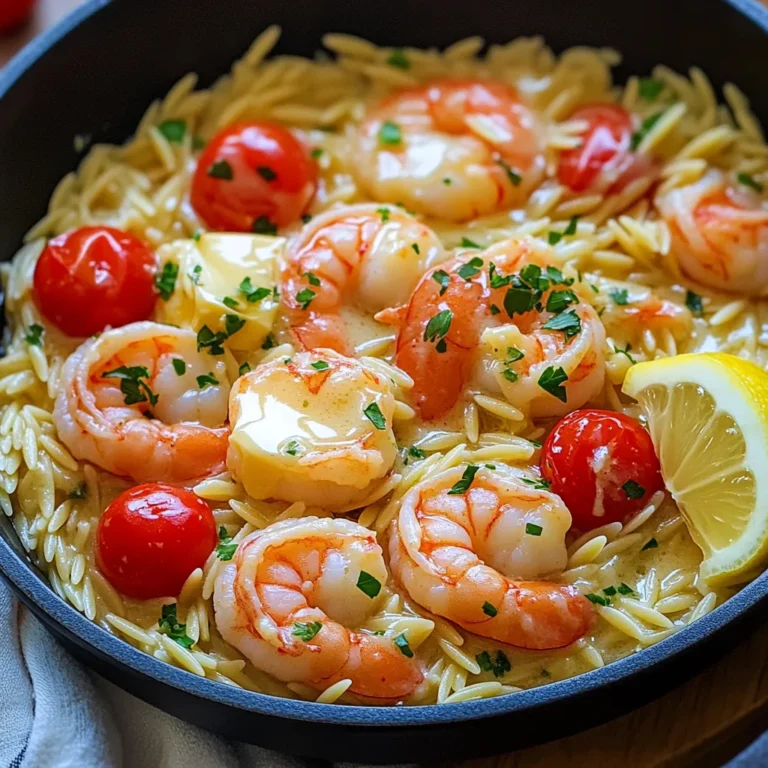 - 1 pound large shrimp, peeled and deveined - 1 cup orzo pasta - 4 tablespoons unsalted butter - 4 cloves garlic, minced - 1 cup cherry tomatoes, halved - 2 cups vegetable or chicken broth - 1 teaspoon paprika - 1 teaspoon lemon zest - Juice of 1 lemon - Salt and pepper to taste - Fresh parsley, chopped (for garnish) - Additional lemon wedge (for serving) The main ingredients for Garlic Butter Shrimp Orzo Skillet are simple yet packed with flavor. You need a pound of large shrimp. These shrimp should be peeled and deveined for ease of cooking. The orzo pasta adds a lovely texture to the dish. Four tablespoons of unsalted butter will give your meal a rich taste. Minced garlic is a must; it brings a nice aroma and flavor. Cherry tomatoes add a burst of sweetness and color. For the broth and seasoning, you can use either vegetable or chicken broth. This adds depth to the dish. A teaspoon of paprika gives a hint of smokiness. Lemon zest and juice make everything bright and fresh. Don't forget to season with salt and pepper to taste. Finally, for garnish, fresh parsley adds a pop of green. A lemon wedge on the side not only looks great but also provides extra flavor if you desire. These ingredients come together to create a dish that’s quick, tasty, and sure to impress. 1. Start by melting 2 tablespoons of butter in a large skillet over medium heat. 2. Once the butter melts, add 4 cloves of minced garlic. Sauté this for about 1 minute. You want it fragrant but not browned. 3. Next, toss in 1 pound of peeled and deveined shrimp. Season with salt, pepper, and 1 teaspoon of paprika. 4. Cook the shrimp for about 3 to 4 minutes. Watch closely as they turn pink and opaque. Once done, remove the shrimp from the skillet and set them aside. 1. In the same skillet, add the remaining 2 tablespoons of butter and 1 cup of orzo pasta. 2. Stir the orzo to coat it in the butter. Toast it for around 2 minutes until slightly golden. 3. Pour in 2 cups of vegetable or chicken broth. Bring it to a simmer. 4. Lower the heat to medium-low and cover the skillet. Let it cook for about 8 to 10 minutes. The orzo should be al dente and most liquid absorbed. 1. Now, add the halved cherry tomatoes and the cooked shrimp back into the skillet. 2. Stir in 1 teaspoon of lemon zest and the juice from 1 lemon. Mix everything well. 3. Cook for an additional 2 to 3 minutes to heat through. 4. Taste and adjust the seasoning with more salt and pepper if needed. Make sure to cook the shrimp just right. Overcooked shrimp can become tough. Cook them until they turn pink and opaque. This should take about 3 to 4 minutes. Keep an eye on them so they don’t overcook. To get the perfect orzo texture, cook it al dente. This means it should be firm to the bite but not hard. When you simmer the orzo in broth, check it around 8 minutes. If it needs more time, give it a minute or two. For a great presentation, serve the dish in a large pasta bowl. Top it with fresh chopped parsley. Add a lemon wedge on the side for color and extra zest. This makes it look fresh and inviting. You can pair this meal with a crisp salad. A light green salad with vinaigrette works well. If you prefer wine, a chilled white wine like Sauvignon Blanc is a good choice. It complements the shrimp nicely. If you want to switch things up, try using chicken instead of shrimp. Cook the chicken pieces until they are cooked through. Tofu is another great option for a plant-based meal. Just make sure to season it well. You can also use different types of pasta. If you can’t find orzo, try small shells or ditalini. These shapes will work nicely in the dish, absorbing the flavors just as well. {{image_2}} You can change the recipe with seasonal veggies. Zucchini and spinach work great. Just chop them up and add them when you mix in the shrimp. Fresh herbs like basil or thyme can also boost the taste. They add a fresh smell and flavor that brings your dish to life. Spice it up by adding Cajun seasoning or Italian herbs. These will give your dish a different taste. You can also mix in some cheese. Parmesan adds a nice salty kick, while feta gives a creamy texture. Cheese makes the dish richer and more satisfying. If you want a low-carb option, try zucchini noodles instead of orzo. They cook quickly and soak up flavors well. For a gluten-free meal, you can use gluten-free orzo. Look for brands that use rice or corn to keep it tasty. To store leftovers, let the dish cool first. Place the Garlic Butter Shrimp Orzo Skillet in an airtight container. This keeps the flavors fresh. It is best to eat it within three days. For proper containers, use glass or BPA-free plastic. These materials help keep the food safe. Avoid using metal containers, as they can react with the food. The best way to reheat the dish is on the stove. Heat it in a skillet over low to medium heat. This method keeps the shrimp and orzo from becoming tough. Stir occasionally to heat evenly. To maintain texture, add a splash of broth or water while reheating. This helps keep the orzo moist and tasty. You can also use a microwave, but stir every minute to avoid hot spots. To freeze the Garlic Butter Shrimp Orzo Skillet, let it cool completely. Then, put it in a freezer-safe container. Leave some space at the top for expansion. It can last up to three months in the freezer. For thawing, move the container to the fridge overnight. This keeps the shrimp safe. After thawing, reheat it on the stove with some broth, as mentioned above. This will help revive the dish's texture and flavor. It takes about 25 minutes to make Garlic Butter Shrimp Orzo Skillet. You will spend 10 minutes prepping the ingredients and 15 minutes cooking. This quick time makes it perfect for busy weeknights. Yes, you can use frozen shrimp. Just thaw them before cooking. To thaw, place shrimp in cold water for about 15-20 minutes. Once thawed, peel and devein if needed. This way, you can still enjoy this tasty dish. Absolutely! Garlic Butter Shrimp Orzo Skillet is great for meal prep. Store it in airtight containers in the fridge for up to three days. To reheat, microwave it until warm. This dish tastes just as good the next day! Pair this meal with a light salad or steamed vegetables. A simple green salad with lemon vinaigrette works well. You can also serve it with crusty bread to soak up all that garlic butter goodness. Enjoy! In this post, we explored the key ingredients and steps for making Garlic Butter Shrimp Orzo Skillet. From prepping shrimp to cooking orzo, the process is simple. We also shared tips on variations and storage. You can add your twist with seasonal veggies or different spices. This dish is great for quick meals or meal prep. So, gather your ingredients and enjoy a tasty and easy meal!
