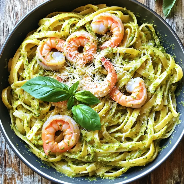 To make Minute Creamy Pesto Shrimp Pasta, gather these key ingredients: - 8 oz fettuccine or spaghetti: Choose your favorite pasta shape. Both work well. - 1 lb shrimp, peeled and deveined: Fresh shrimp adds the best flavor. Frozen shrimp can work too, just thaw them first. - 1 cup heavy cream: This gives the dish its rich and creamy texture. - 1/2 cup basil pesto: You can use store-bought or homemade. Both options taste great. - 2 tablespoons olive oil: This helps to sauté the shrimp and garlic, adding flavor. - 2 cloves garlic, minced: Garlic brings a wonderful aroma and taste. Fresh is best. - Salt and pepper to taste: These enhance the dish's overall flavor. Adjust to your liking. - Grated Parmesan cheese for serving: This adds a salty, savory finish to the pasta. - Fresh basil leaves for garnish: These add a pop of color and freshness to your plate. Having all these ingredients ready makes your cooking process smooth. Enjoy the vibrant flavors of this simple yet delicious meal! Start by boiling a large pot of salted water. The salt adds flavor to the pasta. Once the water bubbles, add 8 ounces of fettuccine or spaghetti. Cook it according to the package instructions, usually about 8 to 10 minutes. You want the pasta to be al dente, which means it should still have a bit of bite. When it’s ready, drain the pasta but save about half a cup of the pasta water for later. In the same pot, pour in 2 tablespoons of olive oil and heat it over medium heat. Once the oil is hot, add 2 cloves of minced garlic. Sauté the garlic for about 30 seconds until it smells great, but don’t let it burn. Next, add 1 pound of peeled and deveined shrimp. Sprinkle a pinch of salt and pepper over them. Cook the shrimp for about 2 to 3 minutes on each side. They should turn pink and curl slightly when done. Lower the heat to medium-low. Pour in 1 cup of heavy cream and stir it well. After that, add 1/2 cup of basil pesto. Mix until everything is creamy and combined. If the sauce looks too thick, add a bit of the reserved pasta water. Stir until you reach your desired sauce thickness. Add the cooked pasta back into the pot with the creamy pesto shrimp sauce. Toss everything gently to coat the pasta evenly with the sauce. This step is key to making sure every bite is flavorful. To serve, plate the pasta and shrimp together. Sprinkle grated Parmesan cheese on top and add fresh basil leaves for garnish. This adds a nice touch and extra flavor to your dish. Enjoy your meal! To avoid overcooking shrimp, pay attention to time. Cook shrimp for 2-3 minutes per side. Watch for color. When shrimp turns pink and opaque, it's done. Remove them from heat right away. Choose the right shrimp size for this dish. Large shrimp work best. They give a nice bite and stay juicy. Look for shrimp that are 16/20 count per pound. This means there are 16 to 20 shrimp in each pound. You can boost flavor with a few swaps. Try sun-dried tomatoes or olives for a twist. Adding lemon zest can also brighten up the dish. Using homemade pesto can really enhance taste. Store-bought works well too, but homemade often has fresher flavors. If you choose store-bought, select a high-quality brand. Fettuccine and spaghetti are great, but many shapes work. Try penne or farfalle for fun. Each shape holds sauce differently, adding variety to each bite. For gluten-free options, use gluten-free pasta. Look for brands made with brown rice or chickpeas. They cook well and taste great in this dish. {{image_2}} You can make this dish without shrimp. Try using mushrooms or tofu instead. Both options give a nice texture. You can also add seasonal vegetables. Think about zucchini, bell peppers, or spinach. Just cook them with the garlic before adding the cream. This will add flavor and color to your dish. If you want to spice things up, add some heat. You can use red pepper flakes or diced jalapeños. These spices bring a nice kick to the creamy sauce. Another option is to add a dash of hot sauce. Just remember to taste as you go. You want the heat to enhance, not overpower, the flavors. If you're looking for a lighter sauce, try using half-and-half instead of heavy cream. You can also use coconut milk for a dairy-free version. This adds a unique twist, especially if you like tropical flavors. For a richer taste, consider using cream cheese. Simply mix it into the sauce until smooth. Each alternative gives a new spin to the creamy pesto shrimp pasta. To store your leftover Minute Creamy Pesto Shrimp Pasta, place it in an airtight container. Make sure the pasta cools down before sealing. This helps keep the pasta fresh. In the fridge, it lasts for about 3 days. Always check for any off smell before eating. When it's time to enjoy your leftovers, the best way to reheat is on the stove. Use low heat and add a splash of water or cream. This helps keep the sauce smooth. Stir often to avoid sticking. If you reheat in the microwave, do it in short bursts. This makes sure everything warms evenly and the sauce does not separate. You can freeze creamy pesto shrimp pasta, but it may change the texture. If you choose to freeze it, use a freezer-safe container. Make sure to leave space for expansion. It can last up to 2 months in the freezer. When you’re ready to eat, thaw it overnight in the fridge. Reheat on the stove with a little extra cream to bring back its creamy goodness. This dish takes just 20 minutes from start to finish. The prep time is about 10 minutes, while cooking takes another 10. You can have a delicious meal ready in no time. Yes, you can use frozen shrimp! Just make sure to thaw them first. Place shrimp in cold water for about 10 minutes. This ensures even cooking. If you want a lighter option, use half-and-half or whole milk. For a dairy-free choice, try coconut milk or cashew cream. Each option will change the flavor a bit, but it will still taste great! Shrimp is done when it turns pink and opaque. It should curl into a C shape. If it curls into an O, it may be overcooked. Aim for about 2-3 minutes on each side for the best results. Yes, this recipe is very kid-friendly! The creamy pesto sauce is mild and tasty. Kids usually love pasta and shrimp. You can adjust the flavors to suit your child’s taste, too. This blog post covered everything you need for a creamy pesto shrimp pasta. You learned about key ingredients like shrimp, cream, and pesto. You explored cooking steps, tips for great flavors, and pasta variations. We also discussed storage and reheating, ensuring you enjoy your meal later. Remember, cooking is all about fun and trying new things. Enjoy the process, and don’t be afraid to experiment with flavors. You’ll soon impress yourself and others with your delicious pasta dish!