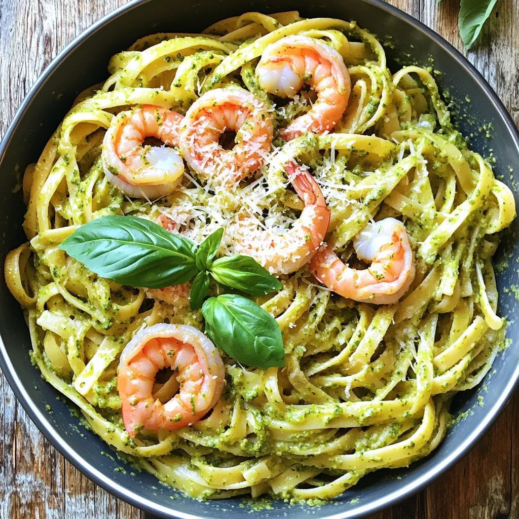To make Minute Creamy Pesto Shrimp Pasta, gather these key ingredients: - 8 oz fettuccine or spaghetti: Choose your favorite pasta shape. Both work well. - 1 lb shrimp, peeled and deveined: Fresh shrimp adds the best flavor. Frozen shrimp can work too, just thaw them first. - 1 cup heavy cream: This gives the dish its rich and creamy texture. - 1/2 cup basil pesto: You can use store-bought or homemade. Both options taste great. - 2 tablespoons olive oil: This helps to sauté the shrimp and garlic, adding flavor. - 2 cloves garlic, minced: Garlic brings a wonderful aroma and taste. Fresh is best. - Salt and pepper to taste: These enhance the dish's overall flavor. Adjust to your liking. - Grated Parmesan cheese for serving: This adds a salty, savory finish to the pasta. - Fresh basil leaves for garnish: These add a pop of color and freshness to your plate. Having all these ingredients ready makes your cooking process smooth. Enjoy the vibrant flavors of this simple yet delicious meal! Start by boiling a large pot of salted water. The salt adds flavor to the pasta. Once the water bubbles, add 8 ounces of fettuccine or spaghetti. Cook it according to the package instructions, usually about 8 to 10 minutes. You want the pasta to be al dente, which means it should still have a bit of bite. When it’s ready, drain the pasta but save about half a cup of the pasta water for later. In the same pot, pour in 2 tablespoons of olive oil and heat it over medium heat. Once the oil is hot, add 2 cloves of minced garlic. Sauté the garlic for about 30 seconds until it smells great, but don’t let it burn. Next, add 1 pound of peeled and deveined shrimp. Sprinkle a pinch of salt and pepper over them. Cook the shrimp for about 2 to 3 minutes on each side. They should turn pink and curl slightly when done. Lower the heat to medium-low. Pour in 1 cup of heavy cream and stir it well. After that, add 1/2 cup of basil pesto. Mix until everything is creamy and combined. If the sauce looks too thick, add a bit of the reserved pasta water. Stir until you reach your desired sauce thickness. Add the cooked pasta back into the pot with the creamy pesto shrimp sauce. Toss everything gently to coat the pasta evenly with the sauce. This step is key to making sure every bite is flavorful. To serve, plate the pasta and shrimp together. Sprinkle grated Parmesan cheese on top and add fresh basil leaves for garnish. This adds a nice touch and extra flavor to your dish. Enjoy your meal! To avoid overcooking shrimp, pay attention to time. Cook shrimp for 2-3 minutes per side. Watch for color. When shrimp turns pink and opaque, it's done. Remove them from heat right away. Choose the right shrimp size for this dish. Large shrimp work best. They give a nice bite and stay juicy. Look for shrimp that are 16/20 count per pound. This means there are 16 to 20 shrimp in each pound. You can boost flavor with a few swaps. Try sun-dried tomatoes or olives for a twist. Adding lemon zest can also brighten up the dish. Using homemade pesto can really enhance taste. Store-bought works well too, but homemade often has fresher flavors. If you choose store-bought, select a high-quality brand. Fettuccine and spaghetti are great, but many shapes work. Try penne or farfalle for fun. Each shape holds sauce differently, adding variety to each bite. For gluten-free options, use gluten-free pasta. Look for brands made with brown rice or chickpeas. They cook well and taste great in this dish. {{image_2}} You can make this dish without shrimp. Try using mushrooms or tofu instead. Both options give a nice texture. You can also add seasonal vegetables. Think about zucchini, bell peppers, or spinach. Just cook them with the garlic before adding the cream. This will add flavor and color to your dish. If you want to spice things up, add some heat. You can use red pepper flakes or diced jalapeños. These spices bring a nice kick to the creamy sauce. Another option is to add a dash of hot sauce. Just remember to taste as you go. You want the heat to enhance, not overpower, the flavors. If you're looking for a lighter sauce, try using half-and-half instead of heavy cream. You can also use coconut milk for a dairy-free version. This adds a unique twist, especially if you like tropical flavors. For a richer taste, consider using cream cheese. Simply mix it into the sauce until smooth. Each alternative gives a new spin to the creamy pesto shrimp pasta. To store your leftover Minute Creamy Pesto Shrimp Pasta, place it in an airtight container. Make sure the pasta cools down before sealing. This helps keep the pasta fresh. In the fridge, it lasts for about 3 days. Always check for any off smell before eating. When it's time to enjoy your leftovers, the best way to reheat is on the stove. Use low heat and add a splash of water or cream. This helps keep the sauce smooth. Stir often to avoid sticking. If you reheat in the microwave, do it in short bursts. This makes sure everything warms evenly and the sauce does not separate. You can freeze creamy pesto shrimp pasta, but it may change the texture. If you choose to freeze it, use a freezer-safe container. Make sure to leave space for expansion. It can last up to 2 months in the freezer. When you’re ready to eat, thaw it overnight in the fridge. Reheat on the stove with a little extra cream to bring back its creamy goodness. This dish takes just 20 minutes from start to finish. The prep time is about 10 minutes, while cooking takes another 10. You can have a delicious meal ready in no time. Yes, you can use frozen shrimp! Just make sure to thaw them first. Place shrimp in cold water for about 10 minutes. This ensures even cooking. If you want a lighter option, use half-and-half or whole milk. For a dairy-free choice, try coconut milk or cashew cream. Each option will change the flavor a bit, but it will still taste great! Shrimp is done when it turns pink and opaque. It should curl into a C shape. If it curls into an O, it may be overcooked. Aim for about 2-3 minutes on each side for the best results. Yes, this recipe is very kid-friendly! The creamy pesto sauce is mild and tasty. Kids usually love pasta and shrimp. You can adjust the flavors to suit your child’s taste, too. This blog post covered everything you need for a creamy pesto shrimp pasta. You learned about key ingredients like shrimp, cream, and pesto. You explored cooking steps, tips for great flavors, and pasta variations. We also discussed storage and reheating, ensuring you enjoy your meal later. Remember, cooking is all about fun and trying new things. Enjoy the process, and don’t be afraid to experiment with flavors. You’ll soon impress yourself and others with your delicious pasta dish!