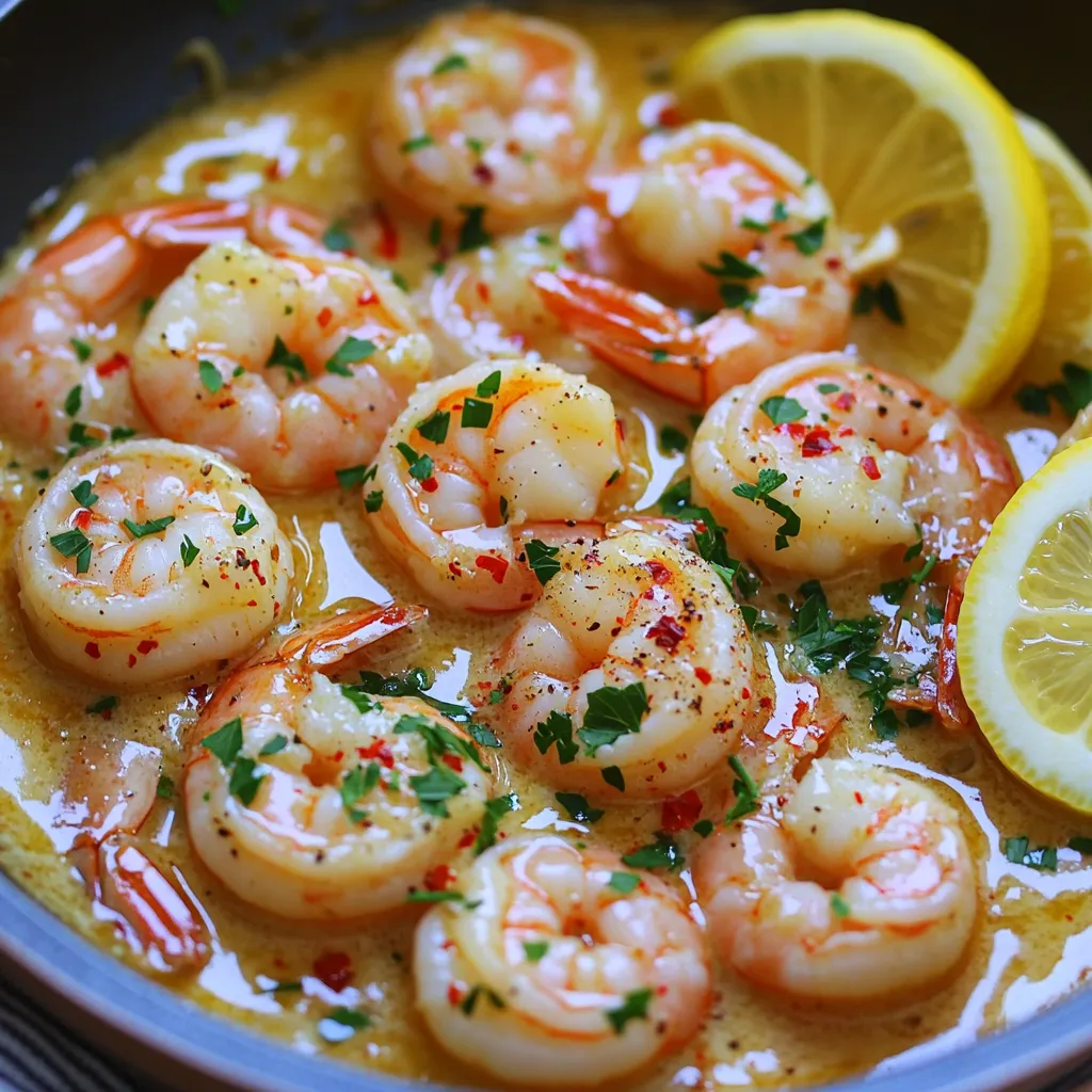 - 1 pound large shrimp, peeled and deveined - 4 tablespoons unsalted butter - 5 cloves garlic, minced - 1 teaspoon red pepper flakes (adjust for spice preference) - Juice of 1 lemon - 2 tablespoons fresh parsley, chopped - Salt and pepper to taste - Lemon slices for garnish When you measure shrimp, use a kitchen scale. This gives you accurate amounts. For butter, use tablespoons. It helps keep the taste rich. For fresh parsley, chop it finely for better flavor. You can use olive oil instead of butter for a lighter dish. For garlic, try garlic powder if you don't have fresh. If you want less heat, skip the red pepper flakes. You can replace lemon juice with lime juice for a twist. First, gather all your ingredients. You need: - 1 pound large shrimp, peeled and deveined - 4 tablespoons unsalted butter - 5 cloves garlic, minced - 1 teaspoon red pepper flakes - Juice of 1 lemon - 2 tablespoons fresh parsley, chopped - Salt and pepper to taste - Lemon slices for garnish Next, make sure the shrimp are clean and ready. Mince the garlic and chop the parsley. This prep takes just a few minutes. Now, let’s cook! Heat a large skillet over medium heat. Add 2 tablespoons of butter. Once it melts and bubbles, add the minced garlic and red pepper flakes. Sauté for about 30 seconds. Watch carefully, so the garlic does not burn. Then, add the shrimp in a single layer. Season them with salt and pepper. Cook for 2-3 minutes. Flip the shrimp halfway through. You want them pink and opaque. Next, squeeze the lemon juice over the shrimp. Add the other 2 tablespoons of butter. Stir well to coat the shrimp in the rich sauce. Let the butter melt, creating a tasty blend. Finally, remove the skillet from heat. Stir in the fresh parsley. This adds a nice color and flavor. To serve, place the shrimp on a plate. Drizzle some of the buttery sauce on top. Add lemon slices on the side for a fresh touch. This dish looks great and tastes even better. Enjoy your meal! To make the best garlic butter shrimp, start with fresh, high-quality shrimp. Choose large shrimp for a nice bite. Peel and devein them for easy eating. Melt the butter over medium heat. This helps keep the shrimp juicy. Add the garlic and red pepper flakes. Sauté them briefly to avoid burning. Cook the shrimp just until they turn pink. This keeps them tender, not rubbery. Finally, finish with lemon juice and fresh parsley for flavor. One common mistake is cooking shrimp for too long. Overcooked shrimp can become tough. Be sure to watch the color change. Another mistake is burning garlic. Garlic turns bitter when burnt. Keep the heat moderate when cooking garlic. Lastly, don’t skip the seasoning. Salt and pepper enhance the shrimp’s natural flavor. Always season both sides of the shrimp. You can play with flavors in this dish. Add a splash of white wine for depth. Swap in fresh herbs like thyme or basil for a twist. If you like heat, increase the red pepper flakes. For a creamier sauce, stir in a splash of heavy cream at the end. Consider adding veggies like spinach or bell peppers for color and nutrition. Experimenting makes the dish your own! {{image_2}} You can change this recipe to fit your taste. Add veggies like bell peppers or asparagus for color and crunch. You could also toss in some cherry tomatoes for a sweet touch. If you love cheese, sprinkle some grated Parmesan on top before serving. Want more spice? Increase the red pepper flakes or add a dash of hot sauce. If you don't have a skillet, try using an air fryer or grill. For air frying, cook the shrimp at 400°F for about 6-8 minutes. Keep an eye on them to avoid overcooking. If you grill, thread shrimp onto skewers. Grill each side for 2-3 minutes until the shrimp are pink and cooked through. Both methods will give you a tasty and quick meal. This garlic butter shrimp pairs well with many sides. Serve it over rice for a filling meal. Quinoa is a great option too. You could also enjoy it with a green salad for a light dish. Garlic bread makes the perfect side to soak up that yummy sauce. And don't forget a chilled glass of white wine to complement the flavors! To store leftover shrimp, let them cool first. Place shrimp in an airtight container. You can keep them in the fridge for up to two days. Make sure to cover the shrimp well to keep them fresh. When you want to enjoy leftovers, reheat them gently. You can use a skillet over low heat. Add a small amount of butter to help keep the shrimp moist. Heat for 3 to 5 minutes, stirring often. Avoid high heat, as it can make the shrimp tough. If you want to freeze shrimp, do so right after cooking. Let the shrimp cool completely. Place them in a freezer-safe bag or container. Remove as much air as possible to avoid freezer burn. Frozen shrimp can last up to three months. To use, thaw in the fridge overnight before reheating. Cooking garlic butter shrimp takes about 10 minutes. This includes prep and cooking time. You’ll spend 5 minutes getting ready and then 5 minutes cooking. The shrimp cook fast, so stay close to the pan! Yes, you can use frozen shrimp. Just thaw them first. Place them in a bowl of cold water for about 15-20 minutes. Once thawed, peel and devein them if needed. Then, you can cook them just like fresh shrimp. Garlic butter shrimp pairs well with many sides. Here are some ideas: - Steamed rice - Pasta - Fresh salad - Garlic bread - Grilled vegetables These sides will soak up the tasty sauce and balance the meal. To add heat to your garlic butter shrimp, use more red pepper flakes. Start with one extra teaspoon. For more spice, try adding sliced jalapeños or a dash of hot sauce. Adjust the spice to match your taste! In this post, we explored how to make garlic butter shrimp. We covered key ingredients, measurement tips, and easy substitutions. I shared step-by-step cooking and plating advice. You learned how to perfect the dish and avoid common mistakes. We also discussed tasty variations, storage advice, and reheating methods. With these tips, you can enjoy this dish anytime. Happy cooking!
