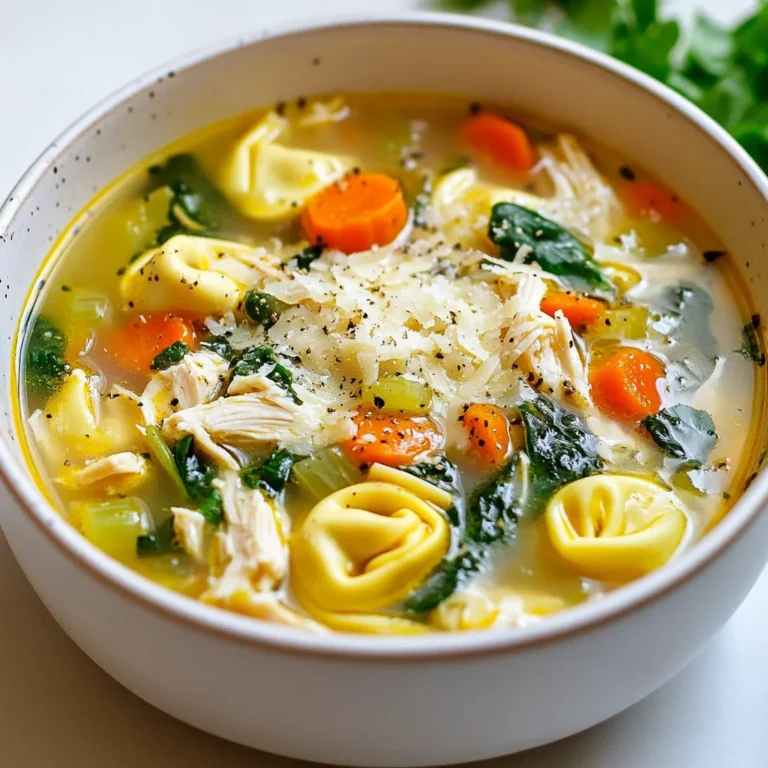 - 2 cups cooked chicken, shredded - 1 cup cheese tortellini (fresh or frozen) - 4 cups chicken broth - 1 cup carrots, diced - 1 cup celery, diced - 1 medium onion, chopped - 2 cloves garlic, minced - 1 teaspoon dried thyme - 1 teaspoon dried basil - Salt and pepper to taste - 1 tablespoon olive oil - 1 cup fresh spinach, chopped - Grated parmesan cheese for serving I often use Buitoni or Rana for tortellini. They have great flavors and textures. Fresh tortellini tastes best, but frozen works well too. Each serving has about: - Calories: 350 - Protein: 25g - Carbohydrates: 45g - Fat: 10g - Fiber: 3g This soup is warm and filling. It’s great for a cozy night in. {{ingredient_image_1}} When choosing tortellini, both fresh and frozen work great. Fresh tortellini cooks quickly, usually in 2 to 4 minutes. Frozen tortellini takes a bit longer to cook. Always check the package for specific times. If you use frozen, don't thaw it first. Just add it straight to the soup. 1. Start by heating olive oil in a large pot over medium heat. 2. Add chopped onions and sauté them until they turn translucent. This takes about 3 to 4 minutes. 3. Next, add minced garlic, diced carrots, and diced celery to the pot. Cook for another 5 minutes, stirring as needed. 4. Now pour in the chicken broth and bring it to a gentle boil. 5. Once boiling, add shredded chicken, dried thyme, dried basil, salt, and pepper. Stir everything well. 6. Add the tortellini to the pot. If using fresh, cook for about 2 to 4 minutes. For frozen, cook until they float to the top. 7. Stir in the chopped spinach and let it wilt for 1 to 2 minutes. 8. Finally, taste your soup and adjust the seasoning if needed. Ladle it into bowls and top with grated parmesan cheese. You can also make this soup in a slow cooker or Instant Pot. For the slow cooker, add all ingredients except tortellini and spinach. Cook on low for 6-8 hours. In the last 30 minutes, add tortellini and spinach. For the Instant Pot, use the sauté function for the veggies. Then, add broth and chicken. Cook on high pressure for 10 minutes. Quick release and add tortellini. Cook until they float, then stir in spinach. Enjoy! To boost the taste of your Chicken Tortellini Comfort Soup, use fresh herbs. Fresh thyme and basil add bright flavors that dried herbs cannot match. You can also add a squeeze of lemon juice for a fresh zing. For a richer flavor, consider adding a splash of white wine when you sauté the onions. This step can deepen the taste and make the soup even more savory. One common mistake is overcooking the tortellini. Follow the package instructions closely. They usually float when done. Another mistake is not seasoning enough. Don’t forget to taste the soup as you cook. Adjust salt and pepper to your liking. Lastly, avoid boiling the soup after adding fresh spinach. This can cause the spinach to lose its bright green color and nutrients. For a lovely presentation, serve the soup in warm bowls. Top each bowl with freshly grated parmesan cheese. A sprinkle of freshly chopped parsley can add color and freshness. Consider adding a drizzle of olive oil for a glossy finish. You can also serve the soup with crusty bread on the side. This adds texture and makes for a cozy meal. Pro Tips Use Rotisserie Chicken: For a quicker prep time and added flavor, consider using store-bought rotisserie chicken instead of cooking your own. Add More Veggies: Feel free to throw in additional vegetables like zucchini or bell peppers for extra nutrition and flavor. Season to Taste: Always taste your soup before serving and adjust the seasoning as needed to enhance the flavors. Storing Leftovers: If you have leftovers, store the soup and tortellini separately to prevent the pasta from becoming mushy. {{image_2}} To make a vegetarian version of this soup, swap out the chicken for hearty mushrooms or cubed tofu. These options add texture and flavor. For the broth, use vegetable broth instead of chicken broth. This keeps the soup rich and satisfying. You can also add more beans for protein. White beans or chickpeas work well here. If you like some heat, add chili flakes or hot sauce. Start with a pinch of chili flakes. Stir them in and taste. You can always add more if you want it spicier. Hot sauce can also work great. Just a dash can take the soup up a notch. Remember to balance the spice with some cheese on top for creaminess. Want to pack in more veggies? Try adding peas, corn, or bell peppers. These will boost color and nutrition. Zucchini or green beans can also add great flavor. Just chop them small so they cook fast. Toss them in when you add the tortellini. This keeps everything fresh and vibrant. Enjoy experimenting with what you have on hand! To keep your chicken tortellini comfort soup fresh, follow these steps: - Let the soup cool to room temperature. - Use an airtight container. - Store it in the fridge for up to three days. This helps keep the flavors strong and tasty. Freezing soup is easy and a great way to save it for later. - First, cool the soup completely. - Pour it into freezer-safe bags or containers, leaving space for expansion. - Label the bags with the date. You can freeze the soup for up to three months. When you reheat your soup, you want it to taste fresh. Here’s how: - Thaw the soup overnight in the fridge if frozen. - Reheat it on the stove over low heat, stirring often. - If it seems thick, add a little broth or water. This keeps the soup creamy and delicious. Yes, you can use raw chicken. Start by cooking the chicken in the pot first. Sauté it until it's fully cooked, about 7-10 minutes. Then, shred the chicken before adding the broth and other ingredients. This method adds depth to the flavor. I recommend cheese tortellini for this soup. Fresh tortellini gives a nice texture. Frozen tortellini works well too and is easy to find. Both options are tasty and will cook well in the soup. This soup stays fresh for about 3-4 days in the fridge. Store it in an airtight container to keep it safe. If you want to keep it longer, consider freezing it. Just be sure to cool it completely before you freeze it. You learned how to make Chicken Tortellini Comfort Soup. We covered the ingredients, cooking steps, tips, and variations. Remember to choose quality tortellini for the best flavor. Store leftovers properly to enjoy later. Lastly, feel free to experiment with flavors and ingredients. This soup is versatile and can fit your tastes. Enjoy your warm bowl of comfort!