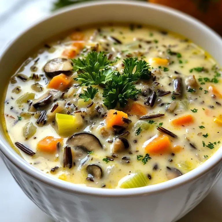 To make this comforting soup, you need a few key ingredients: - 1 cup wild rice, rinsed - 6 cups vegetable broth - 2 tablespoons olive oil - 1 medium onion, diced - 2 carrots, diced - 2 celery stalks, diced - 3 cloves garlic, minced - 1 teaspoon dried thyme - 1 teaspoon dried sage - 1 bay leaf - 1 cup mushrooms, sliced - 1 cup kale or spinach, chopped - 1/2 cup heavy cream or coconut milk - Salt and pepper to taste - Fresh parsley for garnish These ingredients create a rich, hearty flavor. Wild rice gives a nutty taste and chewy texture. The vegetables add color and nutrients. If you have dietary needs, you can easily swap ingredients. Use vegetable broth for a vegan option. For gluten-free diets, check your broth label. You can replace heavy cream with coconut milk for a dairy-free choice. To boost the soup's taste, consider adding: - 1 teaspoon smoked paprika for depth - A squeeze of lemon juice for brightness - A dash of cayenne pepper for heat These additions can take the flavor to the next level! Experiment to find what you enjoy most. {{ingredient_image_1}} First, grab a large pot. Heat 2 tablespoons of olive oil over medium heat. Add 1 medium diced onion, 2 diced carrots, and 2 diced celery stalks. Sauté these for about 5 to 7 minutes. You want the vegetables to soften, and the onion should look clear. Next, mix in 3 minced garlic cloves, 1 teaspoon of dried thyme, 1 teaspoon of dried sage, and 1 bay leaf. Cook for another 1 to 2 minutes. This step fills the kitchen with a warm, inviting smell. Now it's time to add the sliced mushrooms. Use 1 cup of cremini or button mushrooms. Cook them for about 4 to 5 minutes until they're tender. After that, pour in 6 cups of vegetable broth. This gives your soup a rich base. Also, add 1 cup of rinsed wild rice. Bring the mixture to a boil, then lower the heat. Cover the pot and let it simmer for 40 to 45 minutes. The wild rice should be cooked and split open, showing its fluffy texture. Once the wild rice is ready, stir in 1 cup of chopped kale or spinach. This adds color and nutrition. Then, pour in 1/2 cup of heavy cream or coconut milk if you prefer a dairy-free option. Stir well to combine everything. Let the soup simmer for another 5 to 10 minutes. Before serving, taste and add salt and pepper as needed. Don’t forget to remove the bay leaf. Now, you're ready to enjoy a bowl of cozy autumn wild rice soup! When picking wild rice, look for whole grains. Whole grains give the best taste and texture. They should be dark brown or black, not too glossy. Rinse the rice before cooking to remove any dust. This helps keep the soup clear and clean. Herbs and spices make this soup special. Dried thyme and sage add warmth. Garlic brings a rich taste. Feel free to add more herbs if you like. Fresh herbs can also brighten the soup. Just chop them finely and stir them in before serving. For a creamy soup, use heavy cream. It makes the soup rich and smooth. If you want a dairy-free option, use coconut milk. It adds a slight sweetness without dairy. Both choices are delicious, so pick what you prefer! Pro Tips Rinsing Wild Rice: Rinsing the wild rice before cooking removes excess starch, helping to achieve a better texture and flavor. Adding Fresh Herbs: For a burst of freshness, consider adding chopped fresh herbs like thyme or parsley just before serving. Vegetable Variations: Feel free to customize the soup by adding other vegetables such as zucchini, sweet potatoes, or peas for added nutrition and flavor. Storage Tips: This soup can be stored in the refrigerator for up to 4 days or frozen for up to 3 months. Just reheat gently when ready to enjoy. {{image_2}} You can change the soup easily with seasonal veggies. Think about adding butternut squash, sweet potatoes, or zucchini. These veggies add flavor and a nice texture. They also make the soup look colorful and bright. Just chop them up and add them when you cook the base. Need more protein? Try adding cooked chicken, turkey, or even sausage. These meats mix well with the wild rice. You can also add beans or lentils for a plant-based boost. Just make sure to cook them before adding to the soup, so they heat through. To make the soup vegan, swap the heavy cream for coconut milk or cashew cream. Use vegetable broth to keep it plant-based. You can also add tofu for some extra protein. Just cube it and toss it in with the veggies. This way, everyone can enjoy a warm bowl of soup. To keep your cozy autumn wild rice soup fresh, let it cool first. Use an airtight container to store it in the fridge. You can enjoy the soup for about three to four days. If you want to keep it longer, freezing is a great option. When you’re ready to enjoy your soup again, pour it into a pot. Heat it on low over the stove. Stir it often to avoid burning. If the soup seems thick, add a little broth or water to loosen it. You can also use a microwave. Place it in a microwave-safe bowl. Heat in short bursts, stirring in between. Freezing is simple. Pour the cooled soup into freezer-safe bags or containers. Leave some space at the top for expansion. The soup can stay in the freezer for up to three months. When you're ready to eat, thaw it overnight in the fridge. Then, reheat as described above. This way, you can enjoy your cozy autumn wild rice soup even on busy days. Wild rice is a grain that grows in water. It has a nutty flavor and chewy texture. Unlike regular rice, it is not a true rice but is a grass. It is high in protein and fiber, making it healthy. Wild rice adds a unique taste to soups and salads. Yes, you can use brown rice. However, the taste and texture will change. Brown rice cooks faster than wild rice. You might need to adjust the cooking time. Brown rice also has a softer texture and less nutty flavor. This soup stays fresh in the fridge for about 3 to 4 days. Make sure to store it in an airtight container. If the soup thickens, you can add a bit of broth when reheating. Always check for any off smells before eating. Yes, you can easily make this soup in a slow cooker. Just add all the ingredients to the slow cooker. Set it on low for 6 to 8 hours or on high for 3 to 4 hours. This method allows the flavors to blend well. Just remember to add the cream near the end to keep it fresh. This blog post shared how to make cozy autumn wild rice soup. We covered key ingredients, tips, and variations. You learned how to prepare it step-by-step for the best taste. Remember, you can switch ingredients to match your needs. With simple storage tips, you’ll enjoy leftovers, too. Now it’s time to make this warm soup and enjoy every bite.