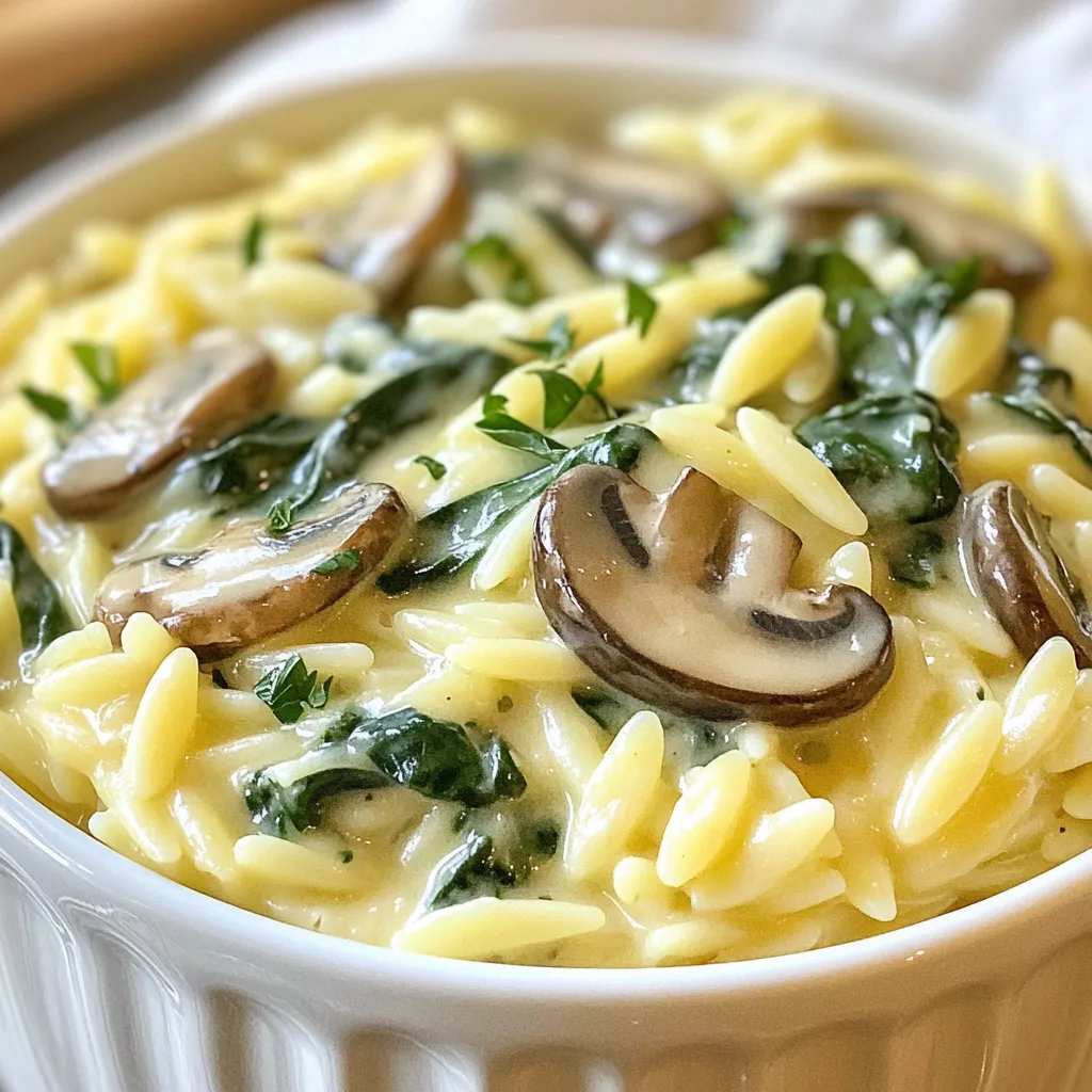 - 1 cup orzo pasta - 2 tablespoons olive oil - 1 small onion, finely chopped - 2 cloves garlic, minced - 8 ounces mushrooms, sliced - 4 cups fresh spinach - 1 cup vegetable broth - 1 cup heavy cream - ½ cup grated Parmesan cheese - Salt and pepper to taste - 1 teaspoon dried thyme - Fresh parsley for garnish You can use other ingredients if needed. For heavy cream, try coconut cream. It works well and is dairy-free. If you want a vegan option for cheese, use nutritional yeast. It adds a great cheesy flavor. For mushrooms, you can swap button mushrooms for shiitake or portobello. Each type brings a unique flavor to your dish. Feel free to mix and match based on what you have. These simple swaps keep the dish tasty and fun! {{ingredient_image_1}} To start, bring a large pot of salted water to a boil. This step is key for flavor. Once boiling, add 1 cup of orzo pasta. Cook the orzo for about 8-10 minutes until it is al dente. Stir occasionally to prevent sticking. After cooking, drain the orzo and set it aside. Next, grab a large skillet and heat 2 tablespoons of olive oil over medium heat. Add 1 small finely chopped onion. Sauté it for about 3-4 minutes until it turns translucent. This brings out its sweetness. Then, add 2 cloves of minced garlic and 8 ounces of sliced mushrooms. Cook for another 5-6 minutes until the mushrooms soften and brown nicely. Now, it's time to bring in the greens. Stir in 4 cups of fresh spinach and cook until it wilts, which takes only about 2 minutes. Then, pour in 1 cup of vegetable broth. Let this simmer for about 3-4 minutes, allowing it to reduce slightly. Lower the heat and stir in 1 cup of heavy cream and ½ cup of grated Parmesan cheese. Mix until the cheese melts and the sauce is smooth and creamy. Finally, add the drained orzo to the skillet. Mix it well with the creamy sauce. This step is vital for even flavor. Season with 1 teaspoon of dried thyme, salt, and pepper to taste. You can add more or less salt based on your preference. Serve the dish immediately, garnished with fresh parsley for a pop of color. Enjoy your creamy spinach mushroom orzo! To adjust the creaminess levels, you can change the amount of heavy cream. If you want it thicker, add more cream. For a lighter dish, use less. You can also try using coconut cream for a dairy-free option. Common mistakes to avoid include adding cream too soon or overcooking the sauce. This can make it separate or become too thick. Always mix it in gently after lowering the heat to keep it smooth. Adding spices or herbs can really boost the taste. Try adding a pinch of nutmeg for warmth or a dash of red pepper flakes for heat. Fresh herbs like thyme or basil add a bright note. For suggested toppings, consider crispy breadcrumbs or toasted nuts. These can add great crunch and texture to the dish. For the best results, use a large pot for boiling orzo. A heavy skillet works well for sautéing vegetables. Non-stick skillets are great, too, as they prevent sticking and make cleanup easier. Recommended utensils include a wooden spoon for mixing and a sharp knife for chopping. A measuring cup ensures you get the right amount of broth and cream. Pro Tips Use Fresh Ingredients: Fresh spinach and mushrooms can significantly enhance the flavor of your dish. Always opt for the freshest produce available. Customize Your Cream: For a lighter option, consider using half-and-half instead of heavy cream, or for a dairy-free version, coconut cream lends a delicious flavor. Perfectly Cooked Orzo: Be careful not to overcook the orzo. It should be al dente, as it will continue to cook slightly when mixed with the creamy sauce. Garnish for Flavor: Fresh parsley not only adds a pop of color but also enhances the flavor profile of the dish. Don’t skip this step! {{image_2}} You can boost your Creamy Spinach Mushroom Orzo by adding protein. - Incorporating chicken or shrimp: Simply cook diced chicken or shrimp in the skillet before adding mushrooms. Cook until they are tender and fully cooked. This adds heartiness to the dish. - Plant-based protein options: If you prefer a vegan choice, try adding chickpeas or lentils. They enhance protein and fiber without losing flavor. Just stir them in when you add the vegetable broth. Switching up the veggies keeps the dish fresh and exciting. - Seasonal vegetable swaps: You can use asparagus or zucchini instead of mushrooms. Just slice them and sauté until soft. Seasonal vegetables can bring new tastes to your orzo. - Adding more greens: Try adding kale or Swiss chard along with spinach. This adds color and nutrients. Cook them until they are tender, just like the spinach. A few tweaks can change the flavor of your orzo. - Making it spicier: If you like heat, add red pepper flakes or diced jalapeños. Mix them in with the garlic for a spicy kick. This will warm up every bite. - Adding citrus for brightness: A squeeze of lemon juice can lighten the dish. Add it just before serving. It enhances the creamy sauce and gives a fresh taste. To store leftovers, let the orzo cool to room temperature. Place it in an airtight container. This helps keep it fresh and tasty. Glass or plastic containers with tight lids work best. Avoid using metal containers, as they can react with the cream. To freeze orzo, first cool it completely. Then, transfer it into freezer-safe bags. Squeeze out all the air to prevent freezer burn. When you are ready to eat, thaw it overnight in the fridge. Reheat it in the microwave or on the stove with a splash of water or broth. This keeps it moist and delicious. You can keep refrigerated leftovers for about 3 to 4 days. If they smell off or change color, it is best to discard them. Signs of spoilage may include mold or a sour smell. Always trust your senses when it comes to food safety. To store Creamy Spinach Mushroom Orzo, let it cool first. Then, place it in an airtight container. It keeps well in the fridge for up to three days. Use glass or plastic containers that seal tightly. For longer storage, you can freeze it. Make sure to use freezer-safe containers. It lasts up to three months in the freezer. When you're ready to eat, thaw it overnight in the fridge. Reheat on the stove with a splash of broth or water. Yes, you can easily make Creamy Spinach Mushroom Orzo vegan. Instead of heavy cream, use coconut cream or cashew cream. For the cheese, swap Parmesan with nutritional yeast. It gives a cheesy flavor without dairy. Make sure your vegetable broth is vegan-friendly too. Check labels for any hidden animal products. These simple swaps keep the dish creamy and delicious. Creamy Spinach Mushroom Orzo pairs well with many side dishes. A fresh green salad adds crunch and color. You can also serve it with roasted vegetables for a healthy touch. Grilled chicken or shrimp makes a great protein addition. If you want a lighter option, try crusty bread. Garlic bread also works well to soak up the creamy sauce. Absolutely! You can use different types of pasta in this dish. Penne, fusilli, or even spaghetti are great choices. Just adjust the cooking time based on the pasta type. For example, penne may take a few minutes longer to cook. Always check the package for the right cooking time. This dish remains tasty no matter the pasta you choose. In this blog post, I shared a simple recipe for Creamy Spinach Mushroom Orzo. I covered the main ingredients, step-by-step cooking instructions, and helpful tips to ensure great flavor and creaminess. I also discussed how to customize the dish with protein and vegetable options. Remember, cooking is about creativity. Don't hesitate to try new flavors and ingredients. Enjoy making this tasty dish and share it with your loved ones!