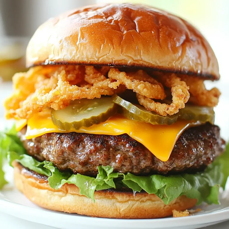 - 1 pound ground beef (80/20) - 1 teaspoon garlic powder - 1 teaspoon onion powder - 1 teaspoon smoked paprika - 1 teaspoon black pepper - 1 teaspoon salt - 4 burger buns - 4 slices cheddar cheese - 1 cup crispy fried onions To make the best Crack Burgers, use ground beef with 80% lean and 20% fat. This mix gives your burgers great flavor and juiciness. The garlic powder, onion powder, smoked paprika, black pepper, and salt are key spices. They add depth and warmth to every bite. The burger buns should be soft but sturdy. They need to hold all the toppings and flavors without falling apart. Each burger gets a slice of cheddar cheese. It melts beautifully on the hot patty, adding creaminess. The crispy fried onions bring a delightful crunch that makes every bite exciting. - Leafy greens (lettuce, spinach, or arugula) - Sliced pickles - Special sauce ingredients (mayonnaise and Dijon mustard) For extra flavor and texture, add leafy greens. Lettuce, spinach, or arugula are great choices. They add freshness and a nice crunch. Sliced pickles also enhance the taste with their tanginess. They provide a nice contrast to the rich beef and cheese. Don't forget the special sauce! A simple mix of mayonnaise and Dijon mustard spreads easily on the buns. This sauce ties all the flavors together and adds a creamy touch. Feel free to get creative with extra toppings based on your taste. {{ingredient_image_1}} First, combine all the meat mixture ingredients in a bowl. You need: - 1 pound ground beef (80/20) - 1 teaspoon garlic powder - 1 teaspoon onion powder - 1 teaspoon smoked paprika - 1 teaspoon black pepper - 1 teaspoon salt Mix gently. You want the spices blended in but not overworked. Overworking can make the meat tough. Next, divide the mixture into four parts. Shape each part into a patty. Make each patty a bit larger than your burger bun. They will shrink while cooking, so keep that in mind. Now, it's time to cook. Preheat your grill or skillet over medium-high heat. This step is key for good crust. Cook the patties for about 3-4 minutes on one side. Look for a nice crust. Flip the patties and cook for another 2-3 minutes. This timing gives you a medium doneness. During the last minute, place a slice of cheddar cheese on each patty. Let it melt for that creamy goodness. While the patties cook, mix your special sauce. Combine: - 2 tablespoons mayonnaise - 1 tablespoon Dijon mustard Spread this sauce on the inner sides of each burger bun. To assemble, start with the bottom bun. Place a cheesy patty on it. Add a handful of leafy greens, like lettuce or spinach. Top with crispy fried onions for crunch. Finish with sliced pickles for extra flavor. Place the top bun on and gently press down. Your Crack Burger is ready to enjoy! To make the best Crack Burgers, avoid overworking the meat. When you mix the ground beef with seasonings, do it gently. If you mix too much, the meat can become tough. Achieving ideal doneness is key for flavor. Cook the patties for about 3-4 minutes on one side. Flip them and cook for another 2-3 minutes. This gives you a nice crust and juicy inside. For medium doneness, make sure they reach an internal temperature of 160°F. For extra flavor, use garlic powder, onion powder, smoked paprika, black pepper, and salt. These spices blend well to create a tasty taste. When cooking, keep an eye on the temperature. Preheat your grill or skillet to medium-high heat. This helps the burgers cook evenly and develop a nice crust. If it’s too hot, the outside can burn while the inside stays raw. Try adding special sauces, like a mix of mayonnaise and Dijon mustard, to the buns. This adds a creamy zing that pairs well with the meat. Pro Tips Use a Meat Thermometer: To achieve the perfect doneness, use a meat thermometer. Aim for an internal temperature of 160°F for medium burgers. Rest the Patties: After cooking, let the patties rest for a few minutes. This helps the juices redistribute, making your burgers more flavorful and juicy. Customize Your Toppings: Feel free to get creative with toppings! Try adding avocado, bacon, or different types of cheese for a unique twist. Toast the Buns: For added texture and flavor, toast the burger buns on the grill or in a skillet before assembling your burgers. {{image_2}} You can easily make a vegetarian version of Crack Burgers. Instead of ground beef, use plant-based substitutes like lentils, black beans, or chickpeas. These options add great texture and flavor. You can mash them up and mix in garlic powder, onion powder, and smoked paprika for taste. Form them into patties just like the meat version. Cook them on a skillet or grill until they are warm and crispy. Adding different spice blends can take your Crack Burgers to new heights. Try adding cumin or chili powder for a kick. For a sweeter taste, consider brown sugar or smoked paprika. You can also switch up the cheese. Instead of cheddar, try pepper jack for some heat or Swiss for a milder taste. Each choice brings a unique flavor, making this burger fun to experiment with! Pair your Crack Burgers with delicious sides. Crispy fries are a classic choice. Sweet potato fries add a tasty twist. You could also serve a fresh salad on the side. A simple green salad with lemon vinaigrette works well. For snacks, try serving chips or onion rings for that extra crunch. These sides complement the burger perfectly! After you enjoy your Crack Burgers, store any leftovers in the fridge. Place the burgers in an airtight container. This keeps them fresh and tasty. You can also wrap them tightly in plastic wrap. How long do they last? Leftover Crack Burgers are best eaten within three days. After that, they may lose flavor and texture. Always check for any odd smells or changes before eating. To reheat your Crack Burgers, use a skillet or microwave. For the skillet, heat it on medium-low. Place the burger in the pan and cover it with a lid. This keeps the moisture in. Heat for about 4-5 minutes, flipping halfway. If using a microwave, place the burger on a microwave-safe plate. Heat for 30 seconds, then check if it's hot. If not, heat for another 15 seconds. This method works but may not keep the texture as good as the skillet. Enjoy your delicious leftovers! Crack Burgers stand out thanks to their special blend of spices and toppings. I use garlic powder, onion powder, and smoked paprika to enhance the flavor. These ingredients give the meat a savory kick. The crispy fried onions on top add texture and crunch. The sauce made of mayonnaise and Dijon mustard brings a creamy richness. This mix of flavors takes the burger experience to a new level. Yes, you can prep these burgers in advance. Form the patties and store them in the fridge for up to a day. This saves time when you are ready to cook. You can also mix the sauce ahead of time. Just keep it in a sealed container in the fridge. When you are ready to eat, heat the grill or skillet and cook the patties. This method keeps your burgers fresh and tasty. For toppings, I suggest using leafy greens like lettuce, spinach, or arugula. They add a fresh crunch. Sliced pickles are great for a tangy bite. You can also try adding avocado for creaminess or jalapeños for heat. Feel free to get creative with your toppings! The goal is to enhance the burger’s flavor while adding your personal touch. In this blog post, we covered everything about making Crack Burgers. We discussed the main and optional ingredients, like ground beef, spices, and toppings. You learned how to prepare, cook, and assemble these tasty burgers step by step. Plus, we shared tips for perfecting flavor and texture. Remember, you can customize these burgers with vegetarian options and different spices. Enjoy creating your own versions and pair them with great sides. With the right techniques, your Crack Burgers will impress everyone!