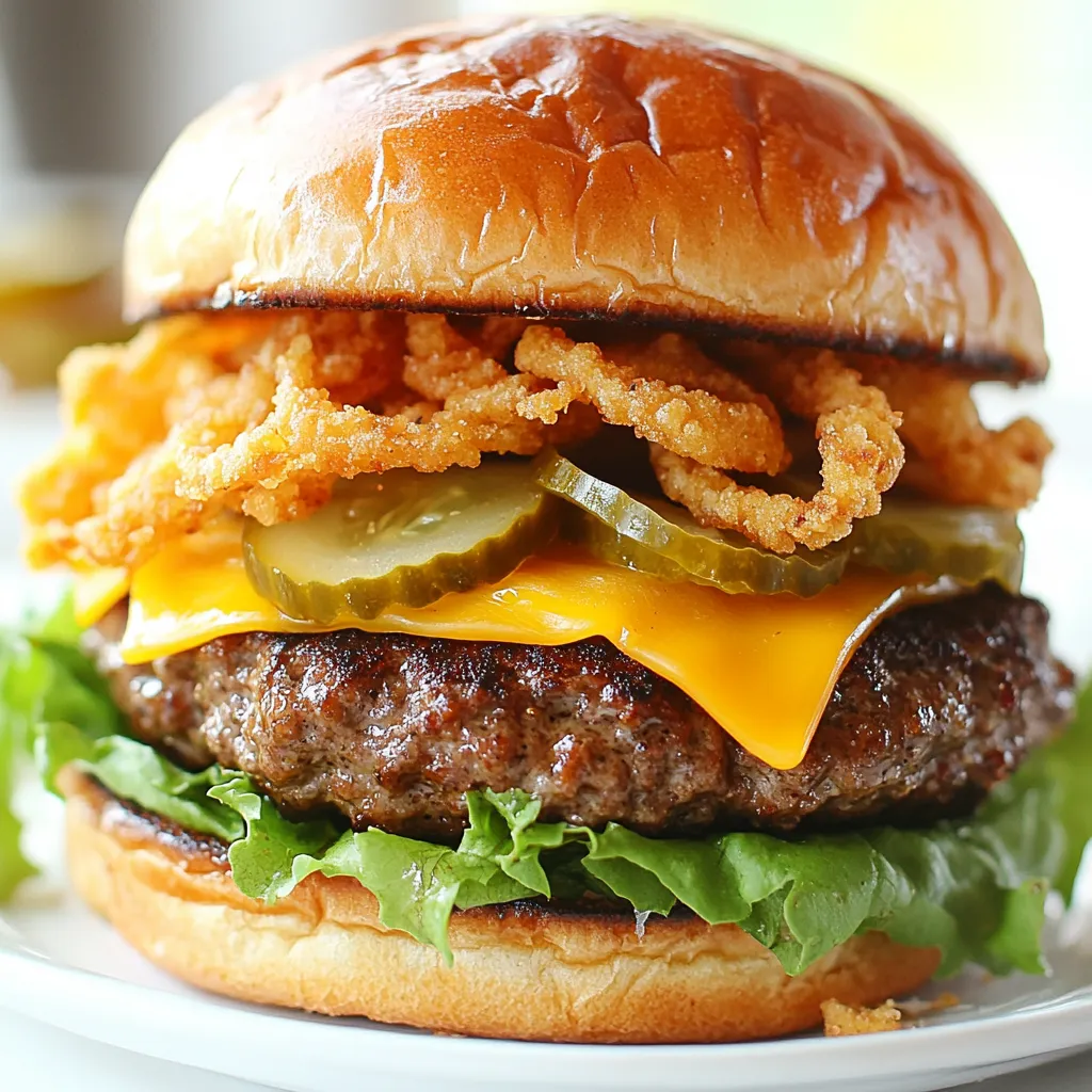 - 1 pound ground beef (80/20) - 1 teaspoon garlic powder - 1 teaspoon onion powder - 1 teaspoon smoked paprika - 1 teaspoon black pepper - 1 teaspoon salt - 4 burger buns - 4 slices cheddar cheese - 1 cup crispy fried onions To make the best Crack Burgers, use ground beef with 80% lean and 20% fat. This mix gives your burgers great flavor and juiciness. The garlic powder, onion powder, smoked paprika, black pepper, and salt are key spices. They add depth and warmth to every bite. The burger buns should be soft but sturdy. They need to hold all the toppings and flavors without falling apart. Each burger gets a slice of cheddar cheese. It melts beautifully on the hot patty, adding creaminess. The crispy fried onions bring a delightful crunch that makes every bite exciting. - Leafy greens (lettuce, spinach, or arugula) - Sliced pickles - Special sauce ingredients (mayonnaise and Dijon mustard) For extra flavor and texture, add leafy greens. Lettuce, spinach, or arugula are great choices. They add freshness and a nice crunch. Sliced pickles also enhance the taste with their tanginess. They provide a nice contrast to the rich beef and cheese. Don't forget the special sauce! A simple mix of mayonnaise and Dijon mustard spreads easily on the buns. This sauce ties all the flavors together and adds a creamy touch. Feel free to get creative with extra toppings based on your taste. {{ingredient_image_1}} First, combine all the meat mixture ingredients in a bowl. You need: - 1 pound ground beef (80/20) - 1 teaspoon garlic powder - 1 teaspoon onion powder - 1 teaspoon smoked paprika - 1 teaspoon black pepper - 1 teaspoon salt Mix gently. You want the spices blended in but not overworked. Overworking can make the meat tough. Next, divide the mixture into four parts. Shape each part into a patty. Make each patty a bit larger than your burger bun. They will shrink while cooking, so keep that in mind. Now, it's time to cook. Preheat your grill or skillet over medium-high heat. This step is key for good crust. Cook the patties for about 3-4 minutes on one side. Look for a nice crust. Flip the patties and cook for another 2-3 minutes. This timing gives you a medium doneness. During the last minute, place a slice of cheddar cheese on each patty. Let it melt for that creamy goodness. While the patties cook, mix your special sauce. Combine: - 2 tablespoons mayonnaise - 1 tablespoon Dijon mustard Spread this sauce on the inner sides of each burger bun. To assemble, start with the bottom bun. Place a cheesy patty on it. Add a handful of leafy greens, like lettuce or spinach. Top with crispy fried onions for crunch. Finish with sliced pickles for extra flavor. Place the top bun on and gently press down. Your Crack Burger is ready to enjoy! To make the best Crack Burgers, avoid overworking the meat. When you mix the ground beef with seasonings, do it gently. If you mix too much, the meat can become tough. Achieving ideal doneness is key for flavor. Cook the patties for about 3-4 minutes on one side. Flip them and cook for another 2-3 minutes. This gives you a nice crust and juicy inside. For medium doneness, make sure they reach an internal temperature of 160°F. For extra flavor, use garlic powder, onion powder, smoked paprika, black pepper, and salt. These spices blend well to create a tasty taste. When cooking, keep an eye on the temperature. Preheat your grill or skillet to medium-high heat. This helps the burgers cook evenly and develop a nice crust. If it’s too hot, the outside can burn while the inside stays raw. Try adding special sauces, like a mix of mayonnaise and Dijon mustard, to the buns. This adds a creamy zing that pairs well with the meat. Pro Tips Use a Meat Thermometer: To achieve the perfect doneness, use a meat thermometer. Aim for an internal temperature of 160°F for medium burgers. Rest the Patties: After cooking, let the patties rest for a few minutes. This helps the juices redistribute, making your burgers more flavorful and juicy. Customize Your Toppings: Feel free to get creative with toppings! Try adding avocado, bacon, or different types of cheese for a unique twist. Toast the Buns: For added texture and flavor, toast the burger buns on the grill or in a skillet before assembling your burgers. {{image_2}} You can easily make a vegetarian version of Crack Burgers. Instead of ground beef, use plant-based substitutes like lentils, black beans, or chickpeas. These options add great texture and flavor. You can mash them up and mix in garlic powder, onion powder, and smoked paprika for taste. Form them into patties just like the meat version. Cook them on a skillet or grill until they are warm and crispy. Adding different spice blends can take your Crack Burgers to new heights. Try adding cumin or chili powder for a kick. For a sweeter taste, consider brown sugar or smoked paprika. You can also switch up the cheese. Instead of cheddar, try pepper jack for some heat or Swiss for a milder taste. Each choice brings a unique flavor, making this burger fun to experiment with! Pair your Crack Burgers with delicious sides. Crispy fries are a classic choice. Sweet potato fries add a tasty twist. You could also serve a fresh salad on the side. A simple green salad with lemon vinaigrette works well. For snacks, try serving chips or onion rings for that extra crunch. These sides complement the burger perfectly! After you enjoy your Crack Burgers, store any leftovers in the fridge. Place the burgers in an airtight container. This keeps them fresh and tasty. You can also wrap them tightly in plastic wrap. How long do they last? Leftover Crack Burgers are best eaten within three days. After that, they may lose flavor and texture. Always check for any odd smells or changes before eating. To reheat your Crack Burgers, use a skillet or microwave. For the skillet, heat it on medium-low. Place the burger in the pan and cover it with a lid. This keeps the moisture in. Heat for about 4-5 minutes, flipping halfway. If using a microwave, place the burger on a microwave-safe plate. Heat for 30 seconds, then check if it's hot. If not, heat for another 15 seconds. This method works but may not keep the texture as good as the skillet. Enjoy your delicious leftovers! Crack Burgers stand out thanks to their special blend of spices and toppings. I use garlic powder, onion powder, and smoked paprika to enhance the flavor. These ingredients give the meat a savory kick. The crispy fried onions on top add texture and crunch. The sauce made of mayonnaise and Dijon mustard brings a creamy richness. This mix of flavors takes the burger experience to a new level. Yes, you can prep these burgers in advance. Form the patties and store them in the fridge for up to a day. This saves time when you are ready to cook. You can also mix the sauce ahead of time. Just keep it in a sealed container in the fridge. When you are ready to eat, heat the grill or skillet and cook the patties. This method keeps your burgers fresh and tasty. For toppings, I suggest using leafy greens like lettuce, spinach, or arugula. They add a fresh crunch. Sliced pickles are great for a tangy bite. You can also try adding avocado for creaminess or jalapeños for heat. Feel free to get creative with your toppings! The goal is to enhance the burger’s flavor while adding your personal touch. In this blog post, we covered everything about making Crack Burgers. We discussed the main and optional ingredients, like ground beef, spices, and toppings. You learned how to prepare, cook, and assemble these tasty burgers step by step. Plus, we shared tips for perfecting flavor and texture. Remember, you can customize these burgers with vegetarian options and different spices. Enjoy creating your own versions and pair them with great sides. With the right techniques, your Crack Burgers will impress everyone!