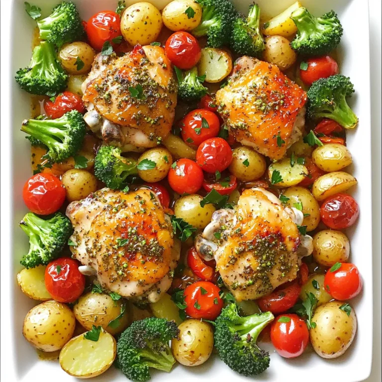 - 4 boneless, skinless chicken thighs - 1 cup baby potatoes, halved - 1 cup broccoli florets - 1 cup cherry tomatoes - 1 red bell pepper, sliced - 4 cloves garlic, minced The chicken thighs are flavorful and juicy. They cook well with the veggies. Baby potatoes add a nice texture. Broccoli florets offer crunch and color. Cherry tomatoes bring sweetness. The red bell pepper adds a pop of brightness. Garlic gives that tasty punch. - 2 tablespoons olive oil - 1 teaspoon dried oregano - 1 teaspoon dried thyme - 1 teaspoon paprika - Salt and pepper to taste Olive oil helps blend the flavors. It keeps everything moist as it cooks. Dried oregano and thyme bring earthy notes. Paprika adds warmth and a hint of spice. Salt and pepper are crucial for balance. These seasonings make the dish shine. - Fresh parsley - Optional extras Fresh parsley brightens the dish. It adds a burst of color. You can also use lemon zest for extra zing. If you like spice, add red pepper flakes. These extras can take your meal to the next level. 1. Preheat your oven to 425°F (220°C). This heat will help cook the chicken and veggies just right. 2. In a large bowl, add the chicken thighs, baby potatoes, broccoli, cherry tomatoes, and red bell pepper. Cut the potatoes in half for faster cooking. 1. In a small bowl, mix the minced garlic, olive oil, dried oregano, dried thyme, paprika, salt, and pepper. This mix adds great flavor to your dish. 2. Pour the oil and herb mix over the chicken and veggies. Toss everything together until well coated. Make sure each piece is covered in that tasty blend. 1. Spread the chicken and veggies evenly on a sheet pan. This helps them cook evenly. Keep them in a single layer. 2. Bake in the preheated oven for about 25-30 minutes. Use a meat thermometer to check that the chicken reaches 165°F (74°C). The veggies should be tender. 3. Remove the pan from the oven. Let it rest for a few minutes before serving. This helps the juices settle. 4. Garnish with fresh parsley for a pop of color and flavor. Enjoy your delicious meal! To make the best sheet pan garlic herb chicken, marinate the chicken and veggies. A simple mix of olive oil, garlic, and herbs works wonders. Let them sit for at least 30 minutes to soak up all that flavor. For seasoning, stick with a ratio of one teaspoon of salt per pound of chicken. This helps you get great taste without overdoing it. A mix of dried oregano, thyme, and paprika adds depth. Overcooking chicken makes it dry and tough. Use a meat thermometer to check for doneness. The chicken should reach 165°F (74°C). Layer your chicken and veggies in a single layer on the pan. This allows the heat to cook them evenly. If you crowd the pan, some parts may cook too fast while others stay raw. Serve your chicken with a side of rice or crusty bread. These pair well and soak up the juices. For presentation, place the chicken in the center and arrange veggies around it. A sprinkle of fresh parsley adds color and freshness. This simple touch makes the dish look appealing and inviting. {{image_2}} You can switch out chicken thighs for chicken breasts. Chicken breasts cook faster but can dry out. Always check the internal temp. Aim for 165°F for safe eating. For vegetarians, try chickpeas or tofu. Both options soak up flavors well. They add protein without meat. Roast them like the chicken for a tasty meal. Seasonal vegetables work great in this dish. In spring, use asparagus or snap peas. In fall, try butternut squash or Brussels sprouts. Each season offers new flavors. Create colorful mixes to make the dish pop. Use yellow squash, zucchini, or red onions. A mix of colors not only looks good but also tastes great. Want some heat? Add red pepper flakes or cayenne pepper. Start with a small amount and taste as you go. You can always add more, but you can't take it out. Infuse flavors by marinating the chicken. Use the garlic and herbs in the marinade. Let it sit for 30 minutes before cooking. This deepens the taste and makes each bite special. Store your leftovers in a tight container. They can last up to three days in the fridge. Make sure to cool the dish to room temperature before sealing it. This helps avoid soggy veggies. The best way to reheat is in the oven. Preheat your oven to 350°F (175°C). Place the chicken and veggies on a baking sheet. Heat for about 15 minutes or until warm. If you’re short on time, use the microwave. Just ensure the chicken reaches 165°F (74°C) for safety. You can freeze this dish for up to three months. Divide the meal into portions before freezing. Use zip-top bags or airtight containers for best results. When you want to eat it, thaw it in the fridge overnight. For quicker thawing, place the sealed bag in cold water. It takes about 25 to 30 minutes to bake sheet pan chicken. Set your oven to 425°F (220°C). The chicken should reach 165°F (74°C) inside when done. This ensures it is safe to eat and juicy. Yes, you can use frozen vegetables, but they may need extra time to cook. They can release more water while baking, making the dish a bit soggy. If using frozen veggies, check for doneness and adjust baking time if needed. You can use chicken breasts or drumsticks instead of chicken thighs. Each cut has its own flavor and texture. Chicken breasts are leaner, while drumsticks can add more flavor. Adjust cooking time based on the cut you choose. Marinating the chicken is not necessary but can enhance the flavor. The garlic and herbs in the recipe provide great taste. If you have time, marinate for 30 minutes to a few hours for even more flavor. This blog covers how to make a delicious sheet pan chicken dish. We explored the main ingredients like chicken, veggies, and herbs. You learned preparation steps and cooking times for great results. I shared tips to blend flavors and achieve perfect texture. You saw variations for different proteins and veggies, plus ways to store leftovers safely. Cooking should be fun and easy. Use these tips to create tasty meals your family will love. Enjoy your cooking journey!