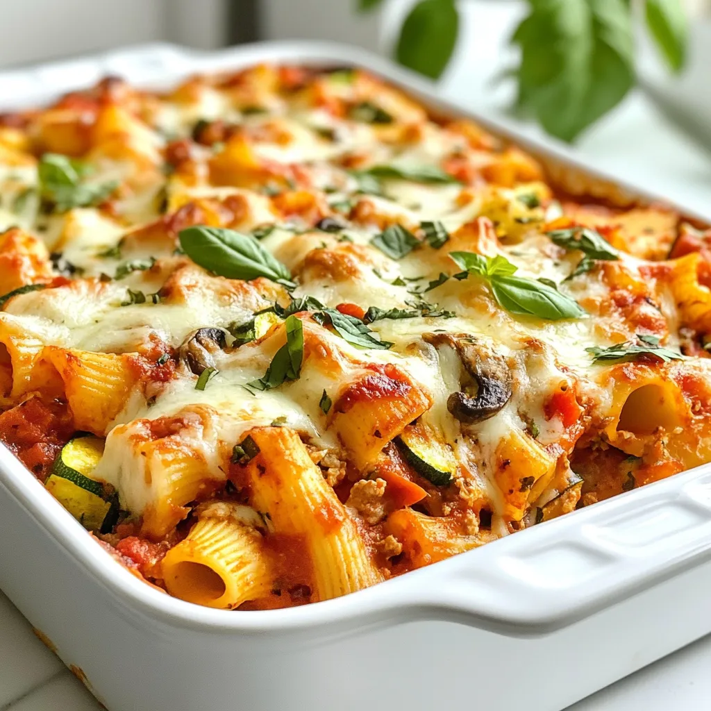 For this tasty dish, you will need: - 12 oz ziti pasta - 2 tablespoons olive oil - 1 large onion, diced - 3 cloves garlic, minced - 1 red bell pepper, diced - 1 zucchini, chopped - 1 cup mushrooms, sliced - 1 ½ cups spinach, fresh - 24 oz marinara sauce - 1 teaspoon dried oregano - 1 teaspoon dried basil - Salt and pepper to taste - 1 ½ cups ricotta cheese - 2 cups shredded mozzarella cheese - ½ cup grated Parmesan cheese - Fresh basil for garnish You can make this baked ziti your own! Here are some fun options: - Swap ziti for penne or fusilli pasta. - Add cooked turkey or sausage for more protein. - Use eggplant or kale as extra veggies. - Replace marinara with pesto for a twist. These changes can make your dish unique and fun! Cheese makes this dish creamy and delicious. Here are some ideas: - Try goat cheese for a tangy flavor. - Use vegan cheese for a dairy-free option. - Mix in some cheddar for a sharp taste. Feel free to mix and match your favorite cheeses! This will give your baked ziti a special touch. {{ingredient_image_1}} First, we need to cook the ziti pasta. Bring a pot of salted water to a boil. Add 12 ounces of ziti pasta. Cook it until al dente, which usually takes about 8-10 minutes. Stir it occasionally. Once done, drain the pasta and set it aside. Next, we will sauté the vegetables. In a large skillet, heat 2 tablespoons of olive oil over medium heat. Add one large diced onion. Cook it for about 5 minutes until it turns clear. Then, add 3 minced garlic cloves and stir for a minute. Now, add one diced red bell pepper, one chopped zucchini, and one cup of sliced mushrooms. Cook all these for 5 to 7 minutes until they soften. Finally, stir in 1 ½ cups of fresh spinach, 24 ounces of marinara sauce, and season with 1 teaspoon each of dried oregano and basil. Add salt and pepper to taste. Cook for another 3-4 minutes until everything is warm. Now we can combine all the ingredients. In a large bowl, mix the cooked ziti with the veggie sauce and 1 ½ cups of ricotta cheese. Stir gently until the pasta is well coated. Next, pour half of this mixture into a greased 9x13 inch baking dish. Sprinkle half of 2 cups of shredded mozzarella and half of ½ cup of grated Parmesan cheese on top. Layer the rest of the ziti mixture and finish with the remaining cheeses. Cover the dish with aluminum foil and bake in the preheated oven at 375°F (190°C) for 20 minutes. After that, remove the foil and bake for another 15 minutes until the cheese is bubbly and golden. Let it cool for a few minutes before slicing. Enjoy your loaded veggie baked ziti! To cook ziti pasta just right, follow these steps: - Fill a large pot with water and add salt. - Bring the water to a boil. - Add the ziti pasta and cook until al dente. - Stir often to prevent sticking. - Taste a piece to check for doneness. - Drain the pasta but save some cooking water. This water can help moisten the dish later. To get that perfect melty cheese, do this: - Layer cheese between the pasta and sauce. - Use a mix of mozzarella and Parmesan. - Cover the dish with foil for the first part of baking. This traps steam and helps the cheese melt. Remove the foil to brown the cheese at the end. Making Loaded Veggie Baked Ziti ahead is easy: - Prepare the pasta and sauce as usual. - Combine them in a baking dish. - Cover and refrigerate for up to two days. When ready to bake, add extra cheese on top. Bake at 375°F, adding a few extra minutes if cold. This makes dinner a breeze on busy nights! Pro Tips Use Fresh Ingredients: Fresh vegetables not only enhance the flavor but also add vibrant colors to your baked ziti. Customize Your Cheese: Feel free to mix different types of cheese such as gouda or provolone for a unique flavor twist. Make it Ahead: You can prepare the dish a day in advance and store it in the refrigerator. Just pop it in the oven when you're ready to serve! Add Protein: For a heartier meal, consider adding cooked sausage, chicken, or tofu to the vegetable mixture. {{image_2}} You can easily make this dish gluten-free. Simply swap the regular ziti pasta for a gluten-free version. Many brands now offer great gluten-free pasta. Look for options made from rice, corn, or quinoa. These work well and taste great. You can also use zucchini noodles for a lighter dish. Just spiralize fresh zucchini and bake without boiling. Feel free to add more veggies to your baked ziti. Consider using broccoli, kale, or eggplant. Carrots can add a nice touch too. If you like a bit of crunch, add some diced bell peppers. Roasted vegetables also add deep flavor. Just be sure to cook them until tender before mixing them in. This helps them blend well with the pasta. Want to add some heat? Try adding red pepper flakes or diced jalapeños. You can mix them into the veggie sauce. For a smoky flavor, consider using chipotle peppers. If you love a cheesy kick, sprinkle some pepper jack cheese on top before baking. This will melt beautifully and give your dish an exciting twist. After enjoying your Loaded Veggie Baked Ziti, let it cool down. Then, place leftovers in a sealed container. Make sure to keep it in the fridge. This way, it stays fresh for about 3 to 5 days. If you want to keep it longer, consider freezing. To reheat, you can use the oven or a microwave. If using the oven, preheat it to 350°F (175°C). Place the ziti in an oven-safe dish and cover it with foil. Heat for about 20 minutes. If you prefer the microwave, put a single serving on a plate. Heat for 2 to 3 minutes, stirring halfway through. Make sure it is hot all the way through. To freeze Loaded Veggie Baked Ziti, first cool it completely. Then, use an airtight container or freezer bag. It can last up to 3 months in the freezer. When you’re ready to eat, let it thaw in the fridge overnight. Reheat it as mentioned before. Enjoy your tasty meal anytime! Yes, you can use other pasta types. Penne or fusilli work well too. These pasta shapes hold the sauce nicely. Just make sure to cook them until they are al dente. This keeps them firm in the baked dish. This recipe is not vegan-friendly as it uses ricotta and mozzarella cheese. However, you can swap these cheeses for vegan versions. Look for plant-based ricotta and mozzarella at your store. This way, you can enjoy a tasty, vegan-loaded veggie baked ziti. Leftovers can last for about 3 to 5 days in the fridge. Store them in an airtight container to keep them fresh. When you're ready to eat, reheat in the oven or microwave. Enjoy those tasty bites again! Loaded Veggie Baked Ziti is easy and fun to make. We covered the key ingredients and added tasty options. You saw how to prepare pasta and veggies for a great mix. I shared tips for perfect cooking and meal prep to save time. Whether you want gluten-free choices or spice, you have ideas. Storing and reheating leftovers is simple, too. Enjoy creating your baked ziti and feel free to try your own twists! Happy cooking!