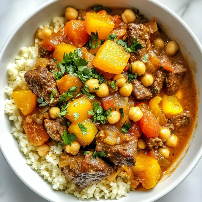 To make Moroccan Beef Delight, you will need: - 1 lb (450g) beef stew meat, cut into 1-inch cubes - 1 large onion, finely chopped - 3 cloves garlic, minced - 1 tablespoon fresh ginger, grated - 2 teaspoons ground cumin - 2 teaspoons ground coriander - 1 teaspoon ground cinnamon - 1 teaspoon paprika - 1/2 teaspoon cayenne pepper (adjust for spice preference) - 2 cups beef broth - 1 can (14 oz) diced tomatoes, drained - 1 cup dried apricots, chopped - 1 cup chickpeas, drained and rinsed - 2 tablespoons honey - Salt and pepper to taste - 2 tablespoons olive oil - Fresh cilantro, chopped (for garnish) - Cooked couscous or rice (for serving) If you don’t have all the ingredients, here are some easy swaps: - Beef stew meat: You can use lamb or chicken instead. - Fresh ginger: Ground ginger works well too. - Diced tomatoes: Use fresh tomatoes if you prefer. - Chickpeas: White beans can be a good substitute. - Honey: Brown sugar or maple syrup can replace honey. - Couscous or rice: Quinoa or bulgur wheat are great alternatives. Using fresh ingredients makes your dish shine. Here are my tips: - Beef: Choose meat that is bright red with no brown spots. - Onion: Look for firm onions without soft spots. - Garlic: Fresh garlic should feel firm and not sprouted. - Spices: Ensure your spices are not stale. They lose flavor over time. - Herbs: Fresh cilantro should be bright green and fragrant. By selecting quality ingredients, you elevate the flavors and richness of your Moroccan Beef Delight. Enjoy the process and let your dish speak for itself! {{ingredient_image_1}} Start by gathering your ingredients. Cut the beef into 1-inch cubes. This size helps the meat cook evenly. In a large pot, heat 2 tablespoons of olive oil over medium-high heat. Add the beef to the pot and brown it on all sides. This takes about 5 to 7 minutes. Then, remove the beef from the pot and set it aside. Next, chop one large onion finely. Add the onion to the pot and sauté it for about 4 to 5 minutes until it turns translucent. While the onion cooks, mince 3 cloves of garlic and grate 1 tablespoon of fresh ginger. After the onion is ready, stir in the garlic and ginger. Cook them for 1 more minute until they smell great. Now, it is time to add flavor. Gather your spices: 2 teaspoons of ground cumin, 2 teaspoons of ground coriander, 1 teaspoon of ground cinnamon, 1 teaspoon of paprika, and 1/2 teaspoon of cayenne pepper. Adjust the cayenne to your spice level. Add the spices to the pot with the onion, garlic, and ginger. Stir well to mix and cook for 1 to 2 minutes. This step helps release the rich flavors of the spices. Once the spices are ready, return the browned beef to the pot. Pour in 2 cups of beef broth and add 1 can of drained diced tomatoes. Chop 1 cup of dried apricots and add them too, along with 1 cup of drained and rinsed chickpeas. Finally, add 2 tablespoons of honey and some salt and pepper to taste. Bring the mixture to a gentle boil. After it boils, reduce the heat to low. Cover the pot and let it simmer for 1.5 to 2 hours. This slow cooking makes the beef tender and blends the flavors. Stir the pot occasionally. Check if you need to add more broth to keep it from drying out. Once the beef is tender, taste the dish. You can add more salt, pepper, or honey if you like. When it is ready, serve the Moroccan Beef Delight over fluffy couscous or rice. Garnish with fresh chopped cilantro for a pop of color and taste. Enjoy your bold and tasty meal! To get the best flavor from your Moroccan Beef Delight, use fresh spices. Ground spices lose their taste over time. Toasting them briefly in your pot brings out their true aroma. For a richer taste, sear the beef well before adding other ingredients. This gives a deep, savory flavor. Also, let the dish simmer gently. Slow cooking helps the flavors mix well. Don't skip the honey. It adds a nice sweetness to balance the spices. If you want more depth, try adding a splash of lemon juice before serving. One common mistake is not browning the beef properly. This step adds layers of flavor. Avoid rushing the sautéing of onions; they should be soft and clear. Another mistake is skipping the simmering step. This dish needs time to cook for tender beef. Be careful with salt. Add a little first, then taste as you go. Lastly, avoid cooking on high heat. It can dry out the beef and ruin the dish. This dish serves four people comfortably. I recommend serving it with fluffy couscous or rice. The grains soak up the sauce nicely. For a complete meal, add a simple salad with cucumbers and tomatoes. A yogurt sauce on the side can also cool the spices. If you want a drink pairing, try mint tea or a light red wine. These will enhance the flavors of the beef delight. Pro Tips Marinating the Beef: For even more flavor, marinate the beef in a mixture of olive oil, garlic, and spices for a few hours or overnight before cooking. Adjusting Spice Levels: If you prefer a milder dish, reduce the cayenne pepper or omit it altogether. You can always serve with hot sauce on the side for those who like it spicy! Choosing the Right Beef: Use chuck roast or brisket for the best results, as these cuts become very tender during slow cooking. Serving Suggestions: Serve with a side of warm pita bread or a simple salad to complement the rich flavors of the dish. {{image_2}} You can easily make a vegetarian version of Moroccan Beef Delight. Replace the beef with hearty ingredients like mushrooms or eggplant. These veggies soak up the spices well. Use vegetable broth instead of beef broth. Add chickpeas to keep protein in the dish. You can also include mixed veggies for extra flavor and color. This version is just as tasty and satisfying! You can change spices based on your taste. Try adding turmeric for a warm flavor. If you like more heat, add more cayenne pepper. For sweetness, use figs or prunes instead of apricots. You can also swap honey for maple syrup if you want a vegan option. Experiment with these changes to make the dish your own. Moroccan cuisine has many regional styles. In some areas, they use preserved lemons, giving dishes a bright taste. Others may add olives for a salty kick. In the southern regions, you might find dishes with more spice and heat. Each variation brings a unique flair to the classic Moroccan Beef Delight. Explore these options to expand your culinary adventure! To keep your Moroccan Beef Delight fresh, let it cool first. Then, place it in an airtight container. Store it in the fridge for up to three days. This way, the beef will stay tender, and the flavors will remain tasty. You can freeze Moroccan Beef Delight for later. After cooling, transfer it to a freezer-safe container. Be sure to leave some space for expansion. It can last up to three months in the freezer. When you're ready to eat it, thaw it in the fridge overnight. Reheat the Moroccan Beef Delight on the stove for best flavor. Use low heat to avoid drying it out. Add a splash of beef broth or water if needed. Stir often until heated through. You can also use the microwave, but be careful not to overcook it. Enjoy your delicious meal again! You can serve Moroccan Beef Delight with fluffy couscous or rice. Both pair well with the rich sauce. You may also add a side of warm pita bread. A fresh salad with cucumbers and tomatoes adds crunch. For drinks, try mint tea or a light red wine. Yes, you can use a slow cooker for this dish. Start by browning the beef in a pan. Then, transfer it to the slow cooker. Add the onions, garlic, and spices as usual. Pour in the beef broth, tomatoes, apricots, and chickpeas. Cook on low for 6-8 hours or high for 3-4 hours. This will make the beef very tender and flavorful. To adjust spiciness, change the amount of cayenne pepper. For less heat, use half the amount. If you like spice, add more cayenne or a dash of hot sauce. Always taste as you cook. This way, you can find the right balance for your taste. We covered the key points for making Moroccan Beef Delight, from ingredients to storage tips. You learned how to prepare fresh ingredients, follow step-by-step instructions, and add your own twists. Remember to avoid common mistakes for the best flavor. Whether you choose a vegetarian version or mix in spices, this dish invites creativity. Enjoy cooking, and share it with friends for a delicious meal together!