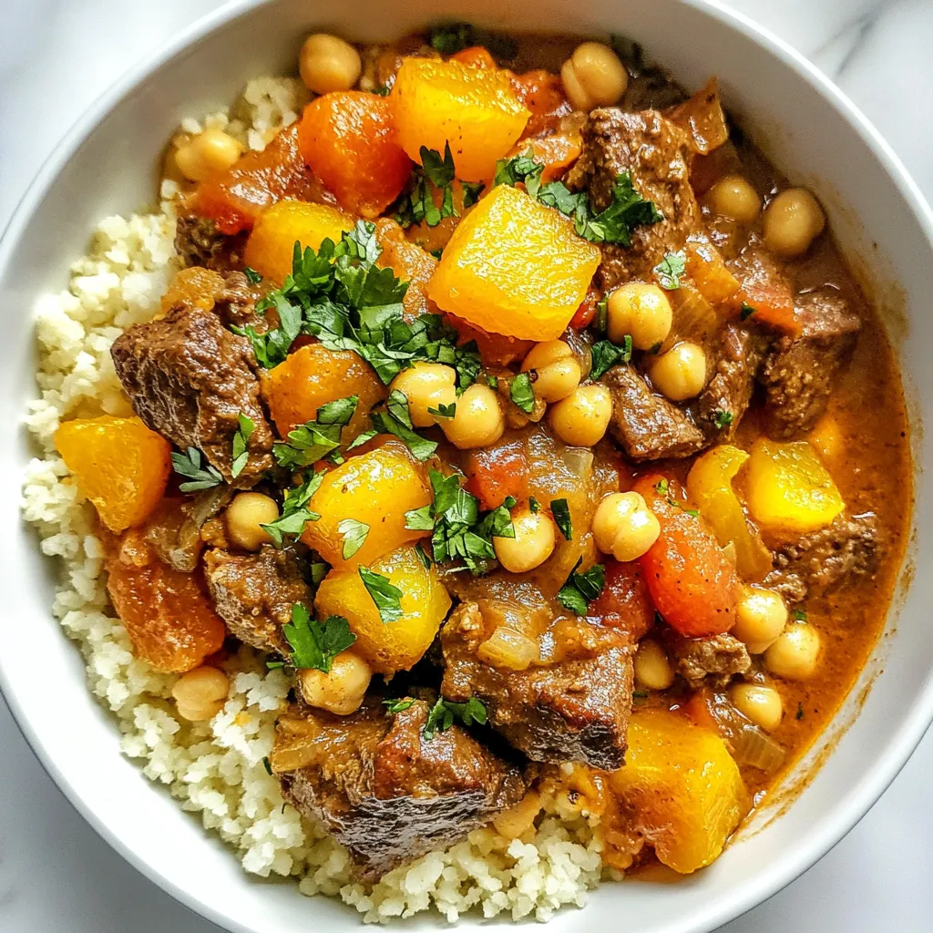 To make Moroccan Beef Delight, you will need: - 1 lb (450g) beef stew meat, cut into 1-inch cubes - 1 large onion, finely chopped - 3 cloves garlic, minced - 1 tablespoon fresh ginger, grated - 2 teaspoons ground cumin - 2 teaspoons ground coriander - 1 teaspoon ground cinnamon - 1 teaspoon paprika - 1/2 teaspoon cayenne pepper (adjust for spice preference) - 2 cups beef broth - 1 can (14 oz) diced tomatoes, drained - 1 cup dried apricots, chopped - 1 cup chickpeas, drained and rinsed - 2 tablespoons honey - Salt and pepper to taste - 2 tablespoons olive oil - Fresh cilantro, chopped (for garnish) - Cooked couscous or rice (for serving) If you don’t have all the ingredients, here are some easy swaps: - Beef stew meat: You can use lamb or chicken instead. - Fresh ginger: Ground ginger works well too. - Diced tomatoes: Use fresh tomatoes if you prefer. - Chickpeas: White beans can be a good substitute. - Honey: Brown sugar or maple syrup can replace honey. - Couscous or rice: Quinoa or bulgur wheat are great alternatives. Using fresh ingredients makes your dish shine. Here are my tips: - Beef: Choose meat that is bright red with no brown spots. - Onion: Look for firm onions without soft spots. - Garlic: Fresh garlic should feel firm and not sprouted. - Spices: Ensure your spices are not stale. They lose flavor over time. - Herbs: Fresh cilantro should be bright green and fragrant. By selecting quality ingredients, you elevate the flavors and richness of your Moroccan Beef Delight. Enjoy the process and let your dish speak for itself! {{ingredient_image_1}} Start by gathering your ingredients. Cut the beef into 1-inch cubes. This size helps the meat cook evenly. In a large pot, heat 2 tablespoons of olive oil over medium-high heat. Add the beef to the pot and brown it on all sides. This takes about 5 to 7 minutes. Then, remove the beef from the pot and set it aside. Next, chop one large onion finely. Add the onion to the pot and sauté it for about 4 to 5 minutes until it turns translucent. While the onion cooks, mince 3 cloves of garlic and grate 1 tablespoon of fresh ginger. After the onion is ready, stir in the garlic and ginger. Cook them for 1 more minute until they smell great. Now, it is time to add flavor. Gather your spices: 2 teaspoons of ground cumin, 2 teaspoons of ground coriander, 1 teaspoon of ground cinnamon, 1 teaspoon of paprika, and 1/2 teaspoon of cayenne pepper. Adjust the cayenne to your spice level. Add the spices to the pot with the onion, garlic, and ginger. Stir well to mix and cook for 1 to 2 minutes. This step helps release the rich flavors of the spices. Once the spices are ready, return the browned beef to the pot. Pour in 2 cups of beef broth and add 1 can of drained diced tomatoes. Chop 1 cup of dried apricots and add them too, along with 1 cup of drained and rinsed chickpeas. Finally, add 2 tablespoons of honey and some salt and pepper to taste. Bring the mixture to a gentle boil. After it boils, reduce the heat to low. Cover the pot and let it simmer for 1.5 to 2 hours. This slow cooking makes the beef tender and blends the flavors. Stir the pot occasionally. Check if you need to add more broth to keep it from drying out. Once the beef is tender, taste the dish. You can add more salt, pepper, or honey if you like. When it is ready, serve the Moroccan Beef Delight over fluffy couscous or rice. Garnish with fresh chopped cilantro for a pop of color and taste. Enjoy your bold and tasty meal! To get the best flavor from your Moroccan Beef Delight, use fresh spices. Ground spices lose their taste over time. Toasting them briefly in your pot brings out their true aroma. For a richer taste, sear the beef well before adding other ingredients. This gives a deep, savory flavor. Also, let the dish simmer gently. Slow cooking helps the flavors mix well. Don't skip the honey. It adds a nice sweetness to balance the spices. If you want more depth, try adding a splash of lemon juice before serving. One common mistake is not browning the beef properly. This step adds layers of flavor. Avoid rushing the sautéing of onions; they should be soft and clear. Another mistake is skipping the simmering step. This dish needs time to cook for tender beef. Be careful with salt. Add a little first, then taste as you go. Lastly, avoid cooking on high heat. It can dry out the beef and ruin the dish. This dish serves four people comfortably. I recommend serving it with fluffy couscous or rice. The grains soak up the sauce nicely. For a complete meal, add a simple salad with cucumbers and tomatoes. A yogurt sauce on the side can also cool the spices. If you want a drink pairing, try mint tea or a light red wine. These will enhance the flavors of the beef delight. Pro Tips Marinating the Beef: For even more flavor, marinate the beef in a mixture of olive oil, garlic, and spices for a few hours or overnight before cooking. Adjusting Spice Levels: If you prefer a milder dish, reduce the cayenne pepper or omit it altogether. You can always serve with hot sauce on the side for those who like it spicy! Choosing the Right Beef: Use chuck roast or brisket for the best results, as these cuts become very tender during slow cooking. Serving Suggestions: Serve with a side of warm pita bread or a simple salad to complement the rich flavors of the dish. {{image_2}} You can easily make a vegetarian version of Moroccan Beef Delight. Replace the beef with hearty ingredients like mushrooms or eggplant. These veggies soak up the spices well. Use vegetable broth instead of beef broth. Add chickpeas to keep protein in the dish. You can also include mixed veggies for extra flavor and color. This version is just as tasty and satisfying! You can change spices based on your taste. Try adding turmeric for a warm flavor. If you like more heat, add more cayenne pepper. For sweetness, use figs or prunes instead of apricots. You can also swap honey for maple syrup if you want a vegan option. Experiment with these changes to make the dish your own. Moroccan cuisine has many regional styles. In some areas, they use preserved lemons, giving dishes a bright taste. Others may add olives for a salty kick. In the southern regions, you might find dishes with more spice and heat. Each variation brings a unique flair to the classic Moroccan Beef Delight. Explore these options to expand your culinary adventure! To keep your Moroccan Beef Delight fresh, let it cool first. Then, place it in an airtight container. Store it in the fridge for up to three days. This way, the beef will stay tender, and the flavors will remain tasty. You can freeze Moroccan Beef Delight for later. After cooling, transfer it to a freezer-safe container. Be sure to leave some space for expansion. It can last up to three months in the freezer. When you're ready to eat it, thaw it in the fridge overnight. Reheat the Moroccan Beef Delight on the stove for best flavor. Use low heat to avoid drying it out. Add a splash of beef broth or water if needed. Stir often until heated through. You can also use the microwave, but be careful not to overcook it. Enjoy your delicious meal again! You can serve Moroccan Beef Delight with fluffy couscous or rice. Both pair well with the rich sauce. You may also add a side of warm pita bread. A fresh salad with cucumbers and tomatoes adds crunch. For drinks, try mint tea or a light red wine. Yes, you can use a slow cooker for this dish. Start by browning the beef in a pan. Then, transfer it to the slow cooker. Add the onions, garlic, and spices as usual. Pour in the beef broth, tomatoes, apricots, and chickpeas. Cook on low for 6-8 hours or high for 3-4 hours. This will make the beef very tender and flavorful. To adjust spiciness, change the amount of cayenne pepper. For less heat, use half the amount. If you like spice, add more cayenne or a dash of hot sauce. Always taste as you cook. This way, you can find the right balance for your taste. We covered the key points for making Moroccan Beef Delight, from ingredients to storage tips. You learned how to prepare fresh ingredients, follow step-by-step instructions, and add your own twists. Remember to avoid common mistakes for the best flavor. Whether you choose a vegetarian version or mix in spices, this dish invites creativity. Enjoy cooking, and share it with friends for a delicious meal together!