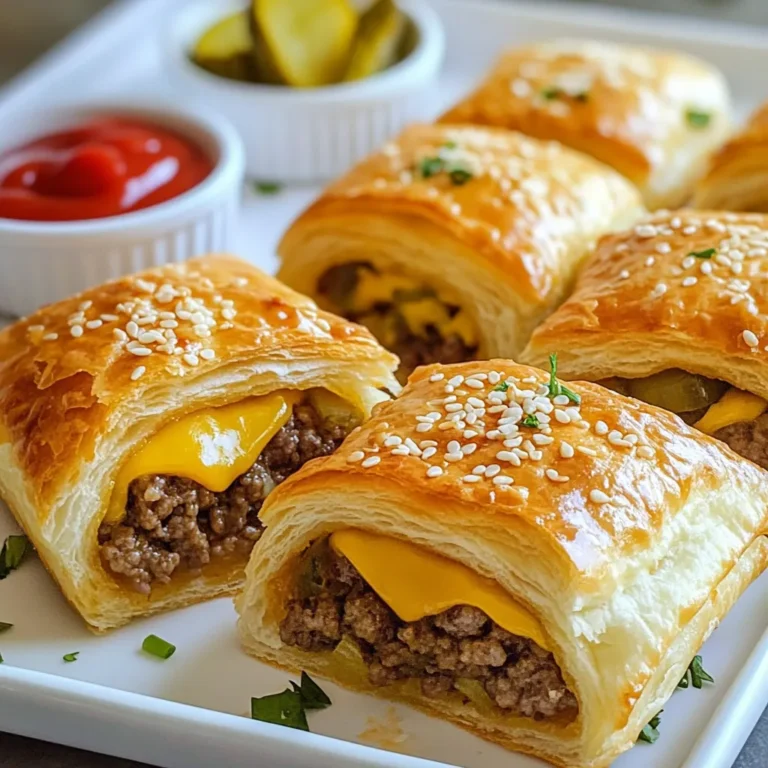 - 1 lb (450g) ground beef or turkey - 1/2 cup onion, finely chopped - 1/2 cup shredded cheddar cheese - 1/4 cup dill pickles, diced - 2 tablespoons ketchup - 1 tablespoon mustard - Salt and pepper to taste - 1 package refrigerated crescent roll dough To create cheeseburger pockets, you will need ground beef or turkey as the main protein. I suggest using beef for a classic taste. The onion adds sweetness and depth. Shredded cheddar cheese melts well and gives a rich flavor. Diced dill pickles bring a nice crunch and tang. Ketchup and mustard add that classic cheeseburger taste. Don’t forget salt and pepper to enhance all the flavors. Lastly, the crescent roll dough is your key to a flaky, golden crust. - Sesame seeds for topping - Additional sauces like ketchup or mustard for serving While the basic recipe is delicious, you can add sesame seeds on top for extra crunch. These little seeds add a nice touch. You can also serve your cheeseburger pockets with extra ketchup or mustard for dipping. This gives everyone a chance to customize their bites. If you want to experiment, try adding your favorite sauces or toppings! {{ingredient_image_1}} How do I prep the oven and skillet? First, preheat your oven to 375°F (190°C). This warm spot will crisp the dough. While the oven heats, grab a large skillet. Place it on medium heat. How do I cook the ground meat? Add 1 pound of ground beef or turkey to the skillet. Use a spatula to break it apart. Cook until it turns brown, about 7 to 10 minutes. Drain any extra fat. Then, add 1/2 cup of finely chopped onion. Sauté for 3 to 4 minutes. The onion should look clear. Finally, mix in diced pickles, ketchup, mustard, salt, and pepper. Cook for 2 more minutes. Remove from heat and let it cool a bit. What are the steps for filling and rolling dough? Unroll the crescent roll dough. Separate it into triangles, following the package guide. Spoon a generous amount of the beef mix onto the wide end of each triangle. Top it with a sprinkle of shredded cheddar cheese. How do I seal the pockets? Roll the dough over the filling, starting from the wide end. Tuck in the edges as you roll to seal the pocket well. This step keeps all the goodness inside. What are the time and temperature specifics? Place the filled pockets on a baking sheet lined with parchment paper. Bake them in the preheated oven for 12 to 15 minutes. How do I achieve a golden brown finish? Check the dough at the end of the baking time. It should be golden brown and cooked through. For extra crunch, you can sprinkle sesame seeds on top before baking. Let them cool for a few minutes before serving. Enjoy! To make your cheeseburger pockets tasty, focus on these tips: - Avoiding excess fat: When cooking the meat, drain any extra fat. This keeps the filling lean and tasty. - Ensuring even cooking: Stir the meat and onion often. This helps them cook evenly and enhances their flavor. Make your cheeseburger pockets shine with these ideas: - Best dips and sides to serve: Pair them with ketchup and mustard. Fresh veggies, like carrot sticks or celery, add crunch and color. - Plating recommendations for presentation: Serve the pockets on a large platter. Add small bowls of dips around them for a fun look. You can easily adjust this recipe for different diets: - Substitutions for a healthier version: Use ground turkey instead of beef. Opt for low-fat cheese and whole wheat dough for added nutrition. - Vegetarian or vegan alternatives: Try using plant-based meat or lentils. For cheese, use a vegan cheese option. This keeps the flavor while making it meat-free. Pro Tips Use Lean Meat: Opt for lean ground beef or turkey to reduce excess grease and make the pockets less greasy overall. Customize Fillings: Feel free to add your favorite toppings like diced onions, jalapeños, or even bacon bits to the meat mixture for extra flavor. Seal Tightly: Make sure to seal the edges of the crescent rolls tightly to prevent any leaking during baking. Serve Warm: These pockets are best enjoyed warm, so serve them right out of the oven for the best flavor and texture. {{image_2}} You can easily change cheeseburger pockets to match your taste. Here are two great ideas: - Southwest-style cheeseburger pockets: Add some spice! Mix in diced jalapeños and corn with the meat. Use pepper jack cheese to give it a nice kick. You can even add a bit of taco seasoning for more flavor. - BBQ cheeseburger pockets: Swap the ketchup for BBQ sauce. You can mix some crispy bacon bits into the meat. Top it with smoked cheddar cheese for a rich, smoky flavor. These twists keep the fun of cheeseburger pockets while adding new tastes. You can also draw from global cuisines to enhance your cheeseburger pockets. Here’s how: - Adding spices for unique tastes: Think about adding spices like cumin or paprika. These spices can transform the flavor. You could even try adding a curry powder blend for an exciting twist. - Regional variations from around the world: Try a Greek spin by mixing in feta cheese and chopped olives. For an Italian flair, use pizza sauce and mozzarella cheese. Each change gives your pockets a brand new flavor. Experimenting with these ideas makes each meal special and fun. To keep your cheeseburger pockets fresh, store them in the fridge. Place them in an airtight container. This helps prevent them from drying out. They last about 3 to 4 days in the fridge. If you want to enjoy them later, freezing is a great option. To freeze cheeseburger pockets, let them cool completely first. Wrap each pocket tightly in plastic wrap. Then, place them in a freezer bag or container. This keeps them safe from freezer burn. They can last up to 2 months in the freezer. When ready to eat, you can reheat them in the oven. Bake at 350°F (175°C) for about 15-20 minutes. This makes them warm and crispy again. What can I use instead of crescent roll dough? You can use puff pastry or biscuit dough. Both options work well. They give a nice, flaky texture. You might also try homemade dough if you feel adventurous. Just make sure it can hold the filling well. Can I use pre-cooked meat for this recipe? Yes, pre-cooked meat is great! Just warm it up first. This saves time and makes it easier. You can use leftover burgers or even rotisserie chicken for a twist. How do I know when they are fully cooked? Look for a nice golden brown color on the dough. It should feel firm to the touch. You can also use a meat thermometer. The filling should reach 160°F (71°C) for safety. Are cheeseburger pockets kid-friendly? Absolutely! Kids love the fun shape and taste. They can even help make them. Let them choose their favorite toppings for a fun activity. Caloric content and nutrition facts Each pocket has about 200 calories. The exact number depends on the meat and cheese used. They offer protein and some carbs from the dough. How to make them healthier or lower in calories? Use lean ground turkey or beef. You can also cut back on cheese or use low-fat options. Add more veggies like spinach or bell peppers for extra nutrients. Cheeseburger pockets are fun, tasty, and easy to make. We covered key ingredients, preparation steps, and creative variations. From choosing beef to adding spices, there are many options to try. I shared tips for cooking and serving suggestions that make your meal shine. Don't forget how to store leftovers for later! Use this guide to impress your family and friends with delicious cheeseburger pockets. Experiment, share, and enjoy every bite. Your kitchen will be the place for great flavors!