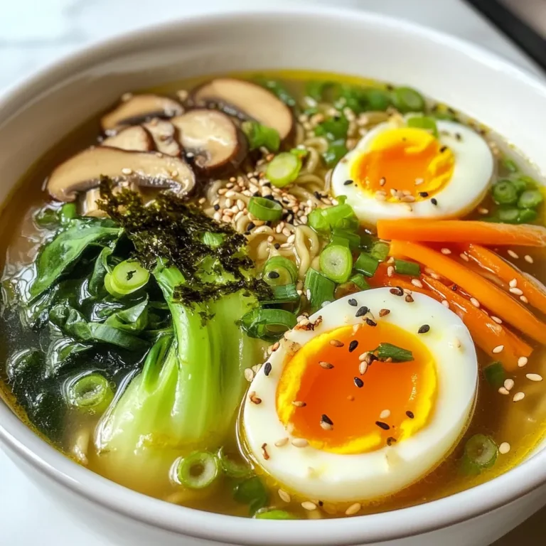 - 4 cups chicken or vegetable broth - 2 servings of fresh ramen noodles - 1 cup baby bok choy, halved - 1 medium carrot, julienned - 2 green onions, sliced - 1 cup shiitake mushrooms, sliced - 2 garlic cloves, minced - 1 tablespoon ginger, minced - 2 tablespoons soy sauce - 1 tablespoon miso paste - 2 teaspoons sesame oil - 2 soft-boiled eggs (for topping) - Nori sheets, cut into strips (for garnish) - Sesame seeds (for garnish) - Chili oil (optional, for serving) The ingredients for homemade ramen are simple, yet they create a rich flavor. You need broth as the base. It can be chicken or vegetable broth. This choice affects the taste of the soup. Fresh ramen noodles are a must. They cook quickly and add texture to the dish. Next, you’ll want to add some vegetables and toppings. Baby bok choy gives a nice crunch. Julienned carrots add color and sweetness. Sliced shiitake mushrooms bring an earthy taste. Green onions add a fresh kick on top. For seasonings, garlic and ginger are essential. They add depth to your broth. Soy sauce and miso paste enhance umami flavors. Sesame oil gives a nutty aroma. Finally, soft-boiled eggs make a creamy topping. Nori sheets and sesame seeds add visual appeal. If you like some heat, a drizzle of chili oil is a great option. Gather all these ingredients, and you’re ready to make a delicious bowl of ramen. {{ingredient_image_1}} Sautéing garlic and ginger Start by heating 2 teaspoons of sesame oil in a large pot over medium heat. Add 2 minced garlic cloves and 1 tablespoon of minced ginger. Sauté them for about 30 seconds. You want to smell that sweet aroma fill your kitchen. This step adds a deep flavor to the broth. Cooking shiitake mushrooms Next, add 1 cup of sliced shiitake mushrooms to the pot. Cook them for 4 to 5 minutes. Stir them often until they become tender. This step brings out their rich umami flavor, making the ramen even tastier. Adding broth and miso paste Pour in 4 cups of chicken or vegetable broth. Bring it to a simmer. Then, stir in 2 tablespoons of soy sauce and 1 tablespoon of miso paste. Mix well until everything is combined. This creates a warm and savory base for your ramen. Incorporating vegetables Add 1 cup of halved baby bok choy and 1 medium julienned carrot to the pot. Let them cook for about 3 to 4 minutes. This step helps the vegetables stay crisp and colorful, adding both nutrition and beauty to your dish. Cooking ramen noodles In a separate pot, bring water to a boil. Add 2 servings of fresh ramen noodles and cook them according to the package instructions, usually about 3 to 4 minutes. Drain the noodles and set them aside. This step ensures that the noodles stay firm and do not get mushy. Assembling the dish To serve, divide the cooked noodles into two bowls. Ladle the hot broth with vegetables over the noodles. Halve 2 soft-boiled eggs and place one half on top of each bowl. Finally, garnish with sliced green onions, nori strips, and sesame seeds. If you like heat, drizzle some chili oil on top. Enjoy your homemade ramen! To make a great broth, simmer it gently. This helps the flavors mix well. Start with good broth, either chicken or vegetable. Use fresh ingredients like garlic and ginger. They add depth and warmth. Stir in soy sauce and miso paste for a nice umami kick. Let it simmer for about 10-15 minutes. This gives the broth time to develop flavor. To enhance the taste, try adding seaweed or dried mushrooms. They boost the umami flavor, making your broth richer. You can also add a splash of rice vinegar for brightness. Cooking your noodles just right is key. Ramen noodles should be al dente, which means they should have a slight bite. Boil water in a separate pot before cooking your noodles. Follow the package instructions, usually 3-4 minutes. Stir them gently to avoid sticking. When done, drain the noodles quickly. Rinse them under cold water to stop cooking. This keeps them from getting mushy. Timing is crucial, so keep an eye on the clock! Garnishing makes your ramen look and taste better. Add sliced green onions and nori strips on top for color and crunch. A sprinkle of sesame seeds adds a nice touch too. Don’t forget the soft-boiled egg; it’s a tasty must-have. Serve the ramen in deep bowls. This keeps the broth hot and makes it easy to eat. You can drizzle chili oil on top if you like spice. Enjoy the layers of flavor and texture you created! Pro Tips Broth Boost: To enhance the umami flavor, consider adding a splash of fish sauce or a few dried shiitake mushrooms while simmering the broth. Perfect Noodles: Be mindful not to overcook the ramen noodles; they should remain slightly firm to the bite, as they will continue to cook when added to the hot broth. Vegetable Variations: Feel free to customize your ramen by adding other vegetables like broccoli, bell peppers, or spinach for more color and nutrients. Egg Excellence: For the best soft-boiled eggs, simmer them for exactly 6-7 minutes, then plunge them into ice water to stop the cooking process and make peeling easier. {{image_2}} You can change the flavor of your ramen by using different broth types. - Shoyu (soy sauce) ramen: This broth uses soy sauce for a rich, savory taste. It’s a popular choice for many. The soy sauce adds umami and depth. - Miso ramen: This broth is creamy and flavorful. Miso paste gives it a unique taste. It’s great for a hearty meal. - Tonkotsu (pork bone) ramen: This broth is made from simmered pork bones. It has a rich, creamy texture. This option is perfect for meat lovers. If you want some variety, try these noodle options. - Gluten-free options: Rice noodles or other gluten-free noodles work well. They can fit into many diets. - Udon and soba noodles: Udon is thick and chewy. Soba is thinner and made from buckwheat. Both add a new twist to your ramen. Toppings can make your ramen special. Here are some ideas. - Additional protein options: You can add chicken, beef, or tofu for extra protein. Each adds its own flavor. - Seasonal vegetables: Use fresh, seasonal veggies like spinach or corn. They add color and nutrition to your bowl. Feel free to mix and match these options as you create your perfect bowl of homemade ramen! To keep your leftover broth fresh, follow these tips: - Best practices for refrigeration: Store the broth in an airtight container. It can last for up to three days in the fridge. Let it cool first before sealing it. This helps prevent bacteria growth. - Freezing techniques: For longer storage, freeze the broth. Use freezer-safe containers or bags. Broth can last up to three months in the freezer. Make sure to leave space in the container for expansion. Noodles need special care to stay fresh: - Storage tips for uncooked noodles: Keep uncooked ramen noodles in a cool, dry place. A pantry or cupboard works best. Use them within a few months for best taste. - Tips for reheating cooked noodles: To reheat cooked noodles, add a little water. Microwave them for one minute, stirring halfway. This keeps them from drying out and makes them soft again. Fresh ingredients need proper handling: - Proper handling of fresh ingredients: Keep vegetables in the fridge. Use them within a week for best flavor. Wrap leafy greens in a damp paper towel to keep them crisp. - Shelf life of toppings: Toppings like eggs and nori should be used within three days. Store eggs in the carton and nori in a cool, dry place. This keeps them fresh and tasty for your next ramen bowl! To make great ramen broth, start with key ingredients. Use chicken or vegetable broth. Add soy sauce and miso paste for deep flavor. Garlic and ginger bring warmth and spice. Shiitake mushrooms add umami, while vegetables like bok choy and carrots give texture. For cooking time, simmer the broth for about 20 minutes. This allows the flavors to meld well. The result is a rich, savory broth that enhances your ramen experience. Making ramen noodles is fun and simple. You will need flour, water, and salt. Start with 2 cups of all-purpose flour. Mix in 1/2 cup of water and a pinch of salt. Knead the dough until smooth. Let it rest for 30 minutes. For tools, you’ll need a rolling pin and a knife. Use the rolling pin to thinly roll out the dough. Cut it into thin strips for noodles. Fresh noodles cook quickly, usually in just 3-4 minutes. Yes, you can! Popular toppings include soft-boiled eggs, sliced green onions, and nori strips. You can also add proteins like chicken, pork, or tofu. For veggies, consider corn, spinach, or bean sprouts. Be mindful of allergies. If someone has a soy allergy, use gluten-free soy sauce or skip it. Always check ingredient labels to keep everyone safe while enjoying your ramen! In this blog post, we explored how to make a delicious bowl of ramen. We discussed the main ingredients, step-by-step instructions, and tips for perfecting your broth and noodles. I shared variations and storage methods to help you customize and keep your ramen fresh. Ramen is not just a meal; it's an experience. With practice, you can create a tasty dish that suits your tastes and impresses anyone who shares it with you. Enjoy making your ramen and happy cooking!