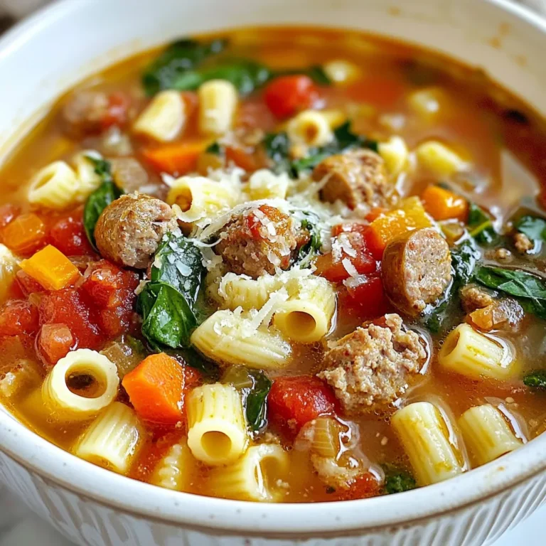 - 1 pound Italian sausage, casings removed - 1 medium onion, diced - 3 cloves garlic, minced - 1 carrot, diced - 1 celery stalk, diced - 6 cups chicken broth - 1 can (14.5 oz) diced tomatoes - 2 cups fresh spinach - 1 cup small pasta (such as ditalini or elbow macaroni) - 1 teaspoon dried oregano - 1 teaspoon dried basil - Salt and pepper - 2 tablespoons olive oil - Grated Parmesan cheese for serving To create a warming bowl of sausage pasta soup, gather all these fresh ingredients first. The Italian sausage gives a rich flavor. Diced onions and garlic add depth. Carrots and celery provide a nice crunch. Chicken broth is the base of the soup, while diced tomatoes bring brightness. Fresh spinach adds color and nutrients. Small pasta makes the soup hearty and filling. Dried oregano and basil provide classic Italian flavor. Don't forget salt and pepper to taste. Lastly, some olive oil helps everything cook nicely. - Vegetables (e.g., bell peppers, zucchini) - Beans (e.g., cannellini or kidney beans) - Different types of sausage You can personalize your soup! Add bell peppers or zucchini for extra veggies. Beans like cannellini or kidney can boost the fiber. If you want a twist, try different types of sausage. Each choice will change the flavor and texture. Enjoy creating your own unique version! {{ingredient_image_1}} First, heat olive oil in a large pot over medium heat. Add 1 pound of Italian sausage to the pot. Cook the sausage for about 5 to 7 minutes. You want it browned and fully cooked. Use a spoon to break it up as it cooks. This helps the sausage mix well with the soup later. Next, it’s time to add the diced onion, minced garlic, diced carrot, and diced celery. Sauté these vegetables for about 5 minutes. Look for them to soften and start to smell good. This step builds a strong base for your soup’s flavor. Once the vegetables are ready, pour in 6 cups of chicken broth. Then, add a can of diced tomatoes. Sprinkle in 1 teaspoon each of dried oregano and dried basil. Stir everything to mix. Bring this mixture to a boil. This will create a rich soup base. When the broth is boiling, add 1 cup of small pasta, like ditalini or elbow macaroni. Reduce the heat to let it simmer. Cook the pasta for about 8 to 10 minutes. Keep an eye on it to ensure it cooks to al dente, which means it should be firm but not hard. After the pasta is done, stir in 2 cups of fresh spinach. Let the spinach wilt in the soup for about 2 minutes. Finally, taste the soup and adjust the seasoning with salt and pepper. This step is key to perfecting the flavor. Serve your soup hot. I recommend garnishing with grated Parmesan cheese on top. It adds a nice finish. You can also enjoy it with some crusty bread or a fresh salad on the side. This makes for a hearty, satisfying meal! To balance spices in your sausage pasta soup, start with less and add more. Taste as you go. This helps you find the right mix. For fresh herbs, use basil and parsley. They brighten the soup and add freshness. You can add them at the end for the best flavor. To avoid overcooked pasta, add it later in the cooking process. This keeps it firm. Cook it just until al dente, then remove the pot from heat. For vegetables, cut them small so they cook evenly. Sauté them until they are soft but still hold their shape. This adds texture and color to your soup. Prep ingredients in advance. Chop your vegetables and store them in the fridge. This saves time on busy days. You can also use leftover ingredients. If you have extra veggies or meats from other meals, toss them in. This is a great way to reduce waste and add flavor. Pro Tips Use Fresh Herbs: Fresh herbs like basil and oregano elevate the flavor of the soup significantly compared to dried herbs. Customize Your Pasta: Feel free to swap out the small pasta for whole grain or gluten-free options for a healthier twist. Add Spice: For a kick, add red pepper flakes or a dash of hot sauce to the soup when seasoning. Make It Ahead: This soup holds up well in the fridge, making it perfect for meal prep. Just add fresh spinach before serving. {{image_2}} You can switch the sausage type for a healthier meal. Turkey or chicken sausage works well. They offer a lighter taste without losing flavor. If you prefer a meat-free dish, consider using plant-based sausage. These veggie options give the same great taste and texture. The pasta shape you choose can change the soup's feel. Small pasta shapes like ditalini or elbow macaroni hold the broth well. You can also use larger shapes if you prefer. If you need gluten-free options, use gluten-free pasta. They cook similarly and still taste great. To spice things up, try using spicy sausage. It adds heat and depth to the soup. If you want a creamier soup, add a splash of heavy cream at the end. This makes the soup rich and comforting. Adjust flavors as you like to make it your own. To store your leftover Sausage Pasta Soup, first let it cool. Then, pour it into an airtight container. This keeps air out and helps the soup stay fresh. You can keep it in the fridge for up to four days. Just make sure to check for any off smells before eating. If you want to freeze the soup, follow these steps: - Let it cool completely. - Use freezer-safe containers or bags. - Leave some space at the top for expansion. You can freeze it for up to three months. When you're ready to eat, thaw it in the fridge overnight. Reheat it on the stove over medium heat. Stir it well to ensure it heats evenly. You can make Sausage Pasta Soup ahead of time for easy meals. Cook a big batch and store it in the fridge or freezer. Portion it out into single servings for quick access. This way, you always have a hearty meal ready when you need it. Just heat and enjoy! Sausage Pasta Soup can last in the fridge for about 3 to 4 days. Store it in an airtight container to keep it fresh. When reheating, make sure it’s hot all the way through. Yes, you can make Sausage Pasta Soup in a slow cooker. Brown the sausage first, then add it to the slow cooker with the other ingredients. Cook on low for 6 to 8 hours or high for 3 to 4 hours. Add the pasta and spinach in the last 30 minutes of cooking. You can use vegetable broth or beef broth as a substitute for chicken broth. If you want a lighter flavor, use water with added herbs. This keeps the soup tasty and still rich. Sausage Pasta Soup is not gluten-free if you use regular pasta. To make it gluten-free, choose a gluten-free pasta option. Ensure that all other ingredients are also gluten-free, including the broth. Yes, you can use frozen spinach instead of fresh. Just thaw it and drain excess water before adding it to the soup. Frozen spinach works well and saves prep time, giving you a hearty meal fast. This article detailed how to make a tasty Sausage Pasta Soup. We covered all the main ingredients needed, from sausage to spinach, and discussed optional add-ins for extra flavor. I provided step-by-step cooking instructions, tips for flavor, and ideas for variations. Lastly, we explored storage methods and answered common questions about the soup. Now you can create your own hearty soup with these simple steps and tips! Enjoy your cooking!