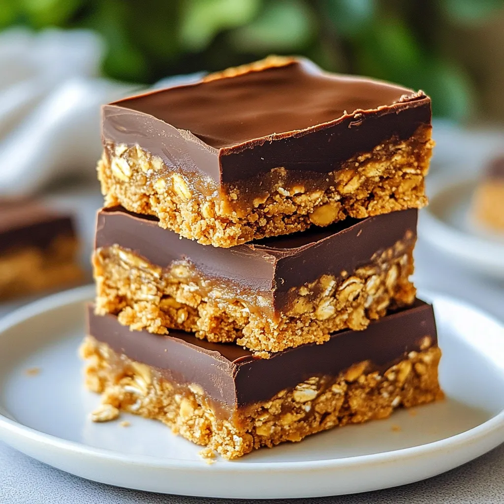 To make No Bake Peanut Butter Bars, you need a few key items. Here is what you will need: - 1 cup creamy peanut butter - 1 cup rolled oats - 1/2 cup honey or maple syrup - 1/2 cup dark chocolate chips - 1/2 cup almond flour - 1/4 teaspoon vanilla extract - Pinch of salt These ingredients come together to create a chewy and sweet treat. The peanut butter gives a rich flavor. The oats add a nice texture. Honey or maple syrup provide sweetness. Almond flour helps bind everything nicely. You can make these bars even more fun! Here are some optional ingredients you might like to try: - Chopped nuts (like almonds or walnuts) - Dried fruits (such as raisins or cranberries) - A sprinkle of cinnamon for extra warmth - Protein powder for a protein boost Using these ingredients can change the taste and texture. Feel free to mix and match what you like best! These bars are not just tasty; they can be healthy, too! Here’s a quick look at what you get from one bar (assuming 12 bars total): - Calories: Around 200 - Protein: 6 grams - Carbohydrates: 24 grams - Fiber: 3 grams - Sugars: 8 grams - Fats: 10 grams These bars provide energy, making them great for a snack or dessert. They offer protein and healthy fats from peanut butter. Enjoying them in moderation can fit well into a balanced diet! {{ingredient_image_1}} First, gather your ingredients. You will need creamy peanut butter, honey or maple syrup, vanilla extract, rolled oats, almond flour, and a pinch of salt. In a large mixing bowl, add 1 cup of creamy peanut butter, 1/2 cup of honey or maple syrup, and 1/4 teaspoon of vanilla extract. Mix these well until they are smooth and combined. Next, gradually add 1 cup of rolled oats and 1/2 cup of almond flour. Don't forget the pinch of salt! Stir everything together until you have a thick mixture that looks uniform. Now, prepare your 8x8 inch baking dish. Line it with parchment paper, leaving some overhang. This will help you lift the bars out later. Once the dish is ready, take your peanut butter mixture and transfer it into the dish. Use the back of a spoon or your hands to press it down firmly. Aim for an even layer across the bottom of the dish. This step is key to getting nice, firm bars. For the chocolate layer, grab a microwave-safe bowl and pour in 1/2 cup of dark chocolate chips. Melt the chocolate in the microwave in 20-second intervals. Stir between each interval to keep it smooth. Once melted, pour the chocolate over the pressed peanut butter mixture. Use a spatula to spread it evenly across the top. This creates a delicious chocolate finish. After this, refrigerate your bars for at least 1-2 hours until they are firm. Once they are set, lift them out using the parchment overhang, and cut them into squares or bars. Enjoy your tasty creation! To get the right texture in your bars, you need to mix well. Start with your creamy peanut butter and honey. Blend them until smooth. Then, add the rolled oats and almond flour slowly. Stir until you see no dry spots. If your mixture feels too sticky, a little more almond flour can help. You want a thick, but moldable texture. This will help your bars hold together well. Melting chocolate can be tricky. Use a microwave-safe bowl. Start with 20-second bursts in the microwave. Stir between each burst. This keeps the chocolate from burning. If it feels thick, add a tiny bit of oil to thin it out. You want it smooth and shiny. This will make your bars look great! For a lovely presentation, cut your bars into neat squares. Stack them on a plate for height. Drizzling extra melted chocolate on top adds a nice touch. You can also sprinkle some sea salt for flavor. Serve them chilled for the best taste. These tips will impress your friends and family! Pro Tips Chill for Better Texture: Allow the bars to chill for at least 2 hours for the best texture and firmness. Use Natural Peanut Butter: Opt for natural peanut butter with no added sugars or oils for a healthier option. Experiment with Mix-Ins: Add chopped nuts, dried fruits, or seeds for added texture and nutrition. Store Properly: Keep the bars in an airtight container in the refrigerator for up to a week for optimal freshness. {{image_2}} You can swap peanut butter for other nut butters. Almond butter adds a nutty twist. Cashew butter offers a creamy texture. Sunflower seed butter works well for nut-free diets. Each choice brings a new flavor to the bars. Feel free to experiment and find your favorite! Want more crunch? Add chopped nuts like almonds or walnuts. You can also mix in dried fruits. Raisins or cranberries give a sweet touch. Chocolate chips can add extra sweetness. These add-ins make the bars fun and unique. To make these bars vegan, use maple syrup instead of honey. Choose a nut butter that fits your diet. For gluten-free options, use certified gluten-free oats. Almond flour is naturally gluten-free and keeps the texture. These swaps help everyone enjoy this tasty treat! To keep your no bake peanut butter bars fresh, store them in an airtight container. Use parchment paper to separate layers if you stack them. This keeps the chocolate from sticking to the bars. Place the container in the fridge for the best results. The cold helps keep the bars firm and tasty. These no bake peanut butter bars last about one week in the fridge. After that, they may lose some flavor and freshness. Always check for any signs of spoilage, like an off smell or discoloration. If they look and smell good, they are likely still fine to eat. If you want to keep your bars longer, freezing is a great option. Wrap each bar in plastic wrap, then place them in a freezer bag. Be sure to remove as much air as possible to avoid freezer burn. The bars will stay good for up to three months in the freezer. To enjoy, just thaw them in the fridge for a few hours before serving. Yes, you can use natural peanut butter. Just know it may change the texture. Natural peanut butter is runnier and less sweet. This can make your bars softer. If you prefer a firmer bar, try using less honey or maple syrup. You will know the bars are set after at least 1-2 hours in the fridge. They should feel firm to the touch. If they are still soft, give them more time. Once set, they are easy to cut into squares. Yes, you can substitute some ingredients. For example, you can use maple syrup instead of honey. You can also swap almond flour for another flour you like. If you want a nut-free option, try sunflower seed butter. Just remember, each change may affect taste and texture. In this blog post, we explored making no-bake peanut butter bars. We discussed key ingredients and how to customize them for your taste. I shared simple instructions for mixing, pressing, and topping with chocolate. You learned handy tips for the best texture and presentation. We also covered variations, storage, and FAQs about the recipe. These bars are easy and fun to make. Enjoy sharing them with friends and family!