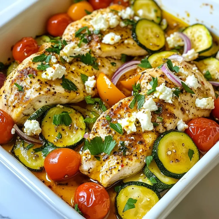 To make a delicious Mediterranean Chicken Zucchini Bake, gather these fresh ingredients: - 4 boneless, skinless chicken breasts - 2 medium zucchinis, sliced - 1 red bell pepper, diced - 1 cup cherry tomatoes, halved - 1/2 red onion, sliced - 3 cloves garlic, minced - 1 teaspoon dried oregano - 1 teaspoon dried thyme - 1 teaspoon smoked paprika - 3 tablespoons olive oil - Salt and pepper to taste - 1 cup feta cheese, crumbled - Fresh parsley for garnish These ingredients work together to bring vibrant flavors to your dish. Each item adds not just taste but also nutrition. The chicken gives a great protein boost, while the veggies add fiber and vitamins. The feta cheese introduces a creamy tang, and herbs like oregano and thyme enhance the overall aroma. When you select your ingredients, look for fresh, colorful produce. This will make your bake look appealing and taste great. Don't skimp on the olive oil; it helps everything cook evenly and adds richness. Enjoy the process of gathering and preparing these ingredients, as they will set the stage for a delightful meal. {{ingredient_image_1}} Start by preheating your oven to 400°F (200°C). This step is key. A hot oven helps cook the chicken and veggies evenly. Next, grab a large mixing bowl. Add the sliced zucchinis, diced red bell pepper, halved cherry tomatoes, sliced red onion, and minced garlic. These colorful veggies will add great taste. Drizzle 2 tablespoons of olive oil over the vegetables. Then, sprinkle in the dried oregano, thyme, smoked paprika, salt, and pepper. Toss the mix well. Make sure every piece is coated in oil and spices. Now, take a baking dish. Place the chicken breasts side by side in the dish. Drizzle the last tablespoon of olive oil on the chicken. Season it with salt, pepper, and more smoked paprika if you like. Spread the vegetable mix evenly over the chicken. Crumble feta cheese on top of everything. This adds a nice salty touch. Cover the dish with aluminum foil and bake for 25 minutes. After 25 minutes, remove the foil. Bake for another 15 minutes. Check if the chicken is cooked all the way through. It should reach 165°F (75°C). The veggies should be tender too. Once done, let it rest for 5 minutes before serving. Finish by garnishing with fresh parsley for a lovely look. Choose fresh, boneless, skinless chicken breasts for this dish. Look for chicken with a pink color and no spots. This ensures your meal tastes great and is safe to eat. If you want more flavor, use chicken thighs instead. They are juicier and add a richer taste. Seasoning is key to making this dish shine. Use dried oregano, thyme, and smoked paprika. These spices bring out the flavors of the Mediterranean. Don’t skimp on salt and pepper. They help balance the taste and highlight the fresh veggies. You can also add lemon juice for a fresh zing. To cook chicken perfectly, keep an eye on the temperature. Use a meat thermometer to check for 165°F (75°C). This ensures your chicken is juicy and safe to eat. Bake covered for 25 minutes, then uncovered for 15 minutes. This method keeps the chicken moist while browning the top. Let it rest for 5 minutes before serving. This helps lock in the juices, making each bite tender and flavorful. Pro Tips Marinate the Chicken: For added flavor, marinate the chicken breasts in olive oil, garlic, and herbs for at least 30 minutes before baking. Use Fresh Herbs: Fresh herbs can elevate the dish significantly. Consider adding fresh oregano or thyme for a more vibrant flavor. Customize Vegetables: Feel free to add or substitute other vegetables like eggplant, mushrooms, or spinach based on your preference or what you have on hand. Check Chicken Temperature: Use a meat thermometer to ensure the chicken is fully cooked. It should reach an internal temperature of 165°F (75°C) for safe consumption. {{image_2}} You can change the veggies in this dish. Try using eggplant or bell peppers. Carrots or asparagus also work well. Each veggie brings a new taste. Mix and match to find your favorite combo. You can also add spinach or kale for extra greens. Always keep the flavors fresh and colorful. Chicken is great, but you can use other proteins too. Turkey works well if you want lean meat. You can also use shrimp for a seafood twist. If you prefer beef, thin cuts of steak will add a hearty flavor. Just remember to adjust the cooking time for different proteins. To make this dish vegetarian, skip the chicken. Replace it with chickpeas or lentils for protein. You can also add more vegetables like mushrooms for a meatier texture. Tofu is another option that soaks up flavors well. This way, you still get a delicious and filling meal. After enjoying your Mediterranean Chicken Zucchini Bake, you may have some leftovers. Store them in an airtight container. Make sure to let the dish cool before sealing it. This keeps the meal fresh for up to three days in the fridge. To reheat, place your leftovers in the oven at 350°F (175°C). Cover the dish with foil to keep it moist. Heat for about 15 to 20 minutes. You can also use a microwave. Place a serving on a microwave-safe plate. Heat for around 2 to 3 minutes, checking often to avoid overcooking. If you want to save some for later, freezing is a great choice. Cut the dish into portions and place them in freezer-safe bags or containers. Remove as much air as possible to prevent freezer burn. Your Mediterranean Chicken Zucchini Bake can last up to three months in the freezer. When ready to eat, thaw it overnight in the fridge and reheat as needed. Yes, you can use bone-in chicken. It will add flavor and moisture. Adjust the cooking time. Bone-in chicken takes longer to cook than boneless. You may need to bake it for 10 to 15 more minutes. Always check the internal temperature. It should reach 165°F or 75°C. This dish pairs well with many sides. Here are some ideas: - Rice or quinoa for a hearty option - A fresh green salad to add crunch - Crusty bread to soak up the juices - Roasted potatoes for a comforting side Feel free to mix and match based on what you like! To ensure your chicken is done, use a meat thermometer. Insert it into the thickest part of the chicken. The temperature should be 165°F or 75°C. If you don’t have a thermometer, cut into the thickest part. The juices should run clear, not pink. Always trust the temperature for safety! This blog post covers a tasty Mediterranean chicken zucchini bake. We explored key ingredients, simple steps, and helpful tips. You can substitute veggies, add proteins, or make it vegetarian. Storing leftovers is easy, and I answered common questions about cooking. This dish is both simple and versatile. I hope you enjoy making it as much as I do. Try it for a healthy meal that everyone will love!