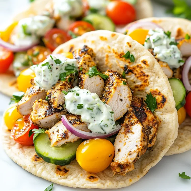 - 2 boneless, skinless chicken breasts - 3 tablespoons olive oil - 2 teaspoons dried oregano - 1 teaspoon garlic powder - 1 teaspoon onion powder - Salt and pepper to taste - 4 whole wheat pita breads - 1 cup Greek yogurt - 1 tablespoon lemon juice - 1 cucumber, diced - 1 cup cherry tomatoes, diced - ½ red onion, finely sliced - Fresh parsley, chopped (for garnish) For a tasty chicken gyros, you need basic ingredients. The chicken breasts give the dish its main flavor. Olive oil, oregano, garlic powder, and onion powder add depth. Don't forget the salt and pepper; they enhance all the flavors. Whole wheat pita breads help wrap everything together. Greek yogurt acts as a creamy base for the tzatziki sauce. Lemon juice brightens the sauce. Fresh veggies like cucumber, cherry tomatoes, and red onion add crunch and freshness. - Feta cheese, crumbled - Black olives, sliced - Fresh mint, chopped You can add feta cheese for a salty kick. Black olives bring a briny taste. Fresh mint adds a burst of color and flavor. These extras can make your gyros even more special. - Chicken thighs instead of chicken breasts - Olive oil can be replaced with avocado oil - Plain yogurt can replace Greek yogurt If you want a different texture, use chicken thighs. They stay juicy and tender. You can swap olive oil for avocado oil if you prefer. If you don't have Greek yogurt, plain yogurt works fine, too. Just remember, the flavor may change a bit. {{ingredient_image_1}} To start, we need to marinate the chicken. This step adds great flavor. In a bowl, whisk together: - 3 tablespoons olive oil - 2 teaspoons dried oregano - 1 teaspoon garlic powder - 1 teaspoon onion powder - Salt and pepper to taste Next, add the two boneless, skinless chicken breasts. Make sure they are covered in the marinade. Cover the bowl and place it in the fridge. Let the chicken marinate for at least 30 minutes. If you have more time, let it sit for up to 2 hours. This makes the chicken taste even better. After marinating, it’s time to cook the chicken. Preheat a skillet over medium-high heat. Remove the chicken from the marinade. Cook the chicken for about 6-7 minutes on each side. Use a meat thermometer to check if it reaches 165°F (75°C). This ensures it is safe to eat. Once done, let the chicken rest for 5 minutes. Then, slice it into thin strips. This keeps the chicken juicy. While the chicken rests, let’s make the tzatziki sauce. In a small bowl, mix: - 1 cup Greek yogurt - 1 tablespoon lemon juice - 1 diced cucumber - Salt and pepper to taste Stir well until it’s smooth. Now it's time to warm the pita breads. Heat a dry skillet on low for about 1-2 minutes on each side. Now, let’s assemble the gyros. Take a warm pita and add a generous amount of sliced chicken in the center. Top with: - Diced cherry tomatoes - Finely sliced red onion - A dollop of tzatziki sauce Garnish with chopped fresh parsley. Wrap the pita around the filling, and it’s ready to eat! Enjoy your homemade chicken gyros! To make juicy chicken, start with a good marinade. The mix of olive oil, oregano, garlic powder, and onion powder adds flavor. Let the chicken soak for at least 30 minutes. This helps the meat absorb the spices. I prefer to marinate it for up to two hours. The longer, the better the taste! When cooking, use medium-high heat. This ensures a nice sear on the outside while keeping the inside juicy. Cook each side for about 6-7 minutes. Check the temperature with a food thermometer. It should reach 165°F (75°C) for safe eating. After cooking, let the chicken rest for five minutes. This will keep the juices locked in. Warming pita bread is simple and quick. Use a dry skillet over medium heat. Place the pita in the skillet, cooking for 1-2 minutes on each side. This makes the bread soft and warm. You can also wrap the pita in foil and place it in a warm oven. This works well if you are warming several at once. Avoid overheating the pita, as it can become tough. Warmed pita is easy to wrap around the fillings, making it perfect for gyros. To boost flavor, use fresh vegetables. Diced cucumber, cherry tomatoes, and red onion add crunch and taste. Fresh parsley gives a nice pop of color and flavor. Don’t skip the tzatziki sauce! Mix Greek yogurt, lemon juice, and cucumber for a creamy dip. This sauce adds freshness to your gyros. For a twist, add a pinch of dill or mint to the tzatziki. This adds another layer of flavor. Enjoy experimenting with spices! You can even add a touch of smoked paprika or cumin to the chicken marinade. This personal touch can make your gyros even more delicious! Pro Tips Marinate for Maximum Flavor: Allowing the chicken to marinate for the full 2 hours enhances the flavors significantly, making each bite more delicious. Use a Meat Thermometer: To ensure perfect cooking, use a meat thermometer to check that the internal temperature of the chicken reaches 165°F (75°C). Customize Your Toppings: Feel free to add your favorite toppings like feta cheese, olives, or bell peppers for extra flavor and texture. Keep Pitas Warm: Wrap the warm pitas in a clean kitchen towel while you prepare the rest of the ingredients to keep them soft and warm until serving. {{image_2}} You can switch chicken for other proteins. Beef or lamb works great. Just use the same marinade. For a plant-based option, try tofu. Press it to remove water, then marinate like the chicken. Cook until golden. Each protein brings a unique taste to your gyros. You can serve gyros in two fun ways. Wrap the fillings in pita. This is easy to eat on the go. You can also serve it on a plate. Just lay the chicken and toppings on a bed of greens or rice. Both styles taste amazing, so choose what you like. Toppings can make your gyros special. Try adding feta cheese for a salty bite. Pickles or olives bring a tangy flavor. You can also add more veggies like bell peppers or spinach. This lets you create your perfect gyro. Mix and match to find your favorite combination! To keep your chicken gyros fresh, store them in airtight containers. First, let the gyros cool down. Then, place them in the fridge within two hours of cooking. This helps to keep the chicken juicy and safe to eat. If you made tzatziki sauce, store it separately to avoid sogginess. When you want to enjoy leftovers, reheating is key. Start by removing the chicken from the pita. Heat the chicken in a skillet over medium heat for about 5 minutes. This makes sure it warms evenly. Avoid using the microwave, as it can make the chicken rubbery. Once heated, replace the chicken in the pita and add fresh toppings. Chicken gyros can last in the fridge for about three to four days. Make sure to check for any signs of spoilage like changes in smell or texture. If you see or smell something off, it’s best to throw it away. This way, you can enjoy your meal without worry! You can use sour cream if you don’t have Greek yogurt. It gives a nice creaminess. Plain yogurt also works well. Just strain it to get rid of extra liquid. This keeps your tzatziki thick and tasty. Yes, you can prepare chicken gyros in advance. Marinate the chicken ahead of time. You can also cook it and store it in the fridge for up to three days. Just reheat when you are ready to eat. Assemble the gyros right before serving for the best taste. Chicken gyros can be a healthy meal option. Chicken is a great source of protein. Whole wheat pita adds fiber. Fresh veggies like cucumbers and tomatoes provide vitamins. Just watch the amount of tzatziki sauce you use. It can add extra calories. Overall, they are a balanced meal choice. We covered the key ingredients, step-by-step cooking instructions, and smart tips. You can create juicy chicken gyros with just a few simple steps. Adding different proteins or toppings allows for unique flavors. Proper storage keeps your gyros fresh for meals later. It’s easy to make great gyros at home. Enjoy your cooking and impress your friends with these delicious dishes.