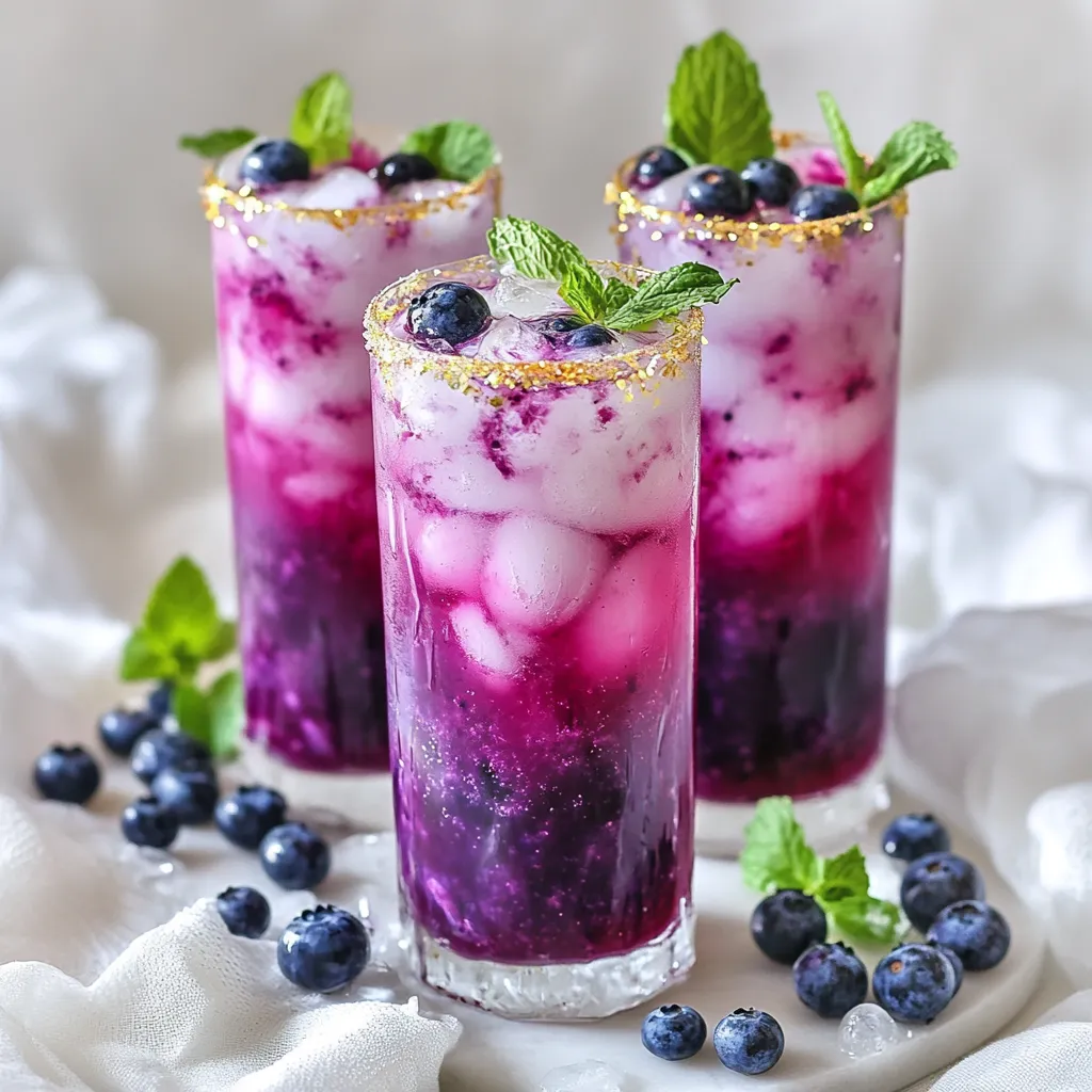 To make the Blueberry Galaxy Mocktail, gather these simple ingredients: - 1 cup fresh blueberries - 1 cup sparkling water - 1/2 cup blueberry juice (100% juice) - 1 tablespoon lemon juice - 1 tablespoon honey or agave syrup (adjust for sweetness) - Ice cubes - Fresh mint leaves for garnish - Edible glitter (optional, for a galaxy effect) Each ingredient plays a key role. Fresh blueberries bring bright flavor and color. Sparkling water adds a fizzy touch. Blueberry juice gives a rich and sweet base. Lemon juice adds a zesty note that brightens the drink. Honey or agave syrup sweetens, so you can adjust it to your taste. Ice cubes keep the drink cool and refreshing. Mint leaves enhance the aroma and look. Lastly, edible glitter can create that magical galaxy effect, making your drink pop. {{ingredient_image_1}} To start, gather all your ingredients. You need fresh blueberries, blueberry juice, lemon juice, and honey or agave syrup. In a blender, combine one cup of fresh blueberries, half a cup of blueberry juice, one tablespoon of lemon juice, and one tablespoon of honey. Blend this until smooth. This step makes a tasty blueberry base for your drink. Next, take a fine mesh sieve and place it over a pitcher. Pour your blended mixture into the sieve. This helps to remove any skins and pulp. Use a spoon to press the mixture down. You want to get all the juice out. This process makes your mocktail smooth and refreshing. Now it’s time to put everything together. Grab some tall glasses and fill each one with ice cubes. Pour the strained blueberry mixture into each glass, filling them about halfway. This gives a great base for the drink and keeps it cool. To make your mocktail fun, slowly top off each glass with sparkling water. This adds fizz and a beautiful layered look. If you're feeling creative, sprinkle a pinch of edible glitter on top. This gives a magical galaxy effect that will impress everyone. For the final touch, garnish each drink with a sprig of fresh mint. Add a few whole blueberries to the glass for color and flair. Serve your Blueberry Galaxy Mocktail right away. Enjoy this visual and flavorful experience! When picking blueberries, look for ones that are plump and firm. They should have a deep blue color with a slight white bloom. This bloom shows they are fresh and tasty. Avoid berries that are shriveled or have green spots. You want blueberries that burst with flavor in your mocktail. Fresh blueberries will make your drink vibrant and sweet. Sweetness can change the whole drink. Start with the recipe's honey or agave syrup. Blend it in and taste. If you like it sweeter, add more syrup in small amounts. If it's too sweet, squeeze in more lemon juice. The balance of sweet and tart is key. This makes your Blueberry Galaxy Mocktail bright and refreshing. To wow your guests, think about how you serve it. Use tall glasses to show off the layers. The dark blueberry mix and bubbly water look beautiful together. Add ice cubes for a chill and a fun look. For a magical touch, sprinkle edible glitter on top. Fresh mint leaves and whole blueberries make great garnishes. These details turn a simple drink into a special treat. Pro Tips Choose Ripe Blueberries: For the best flavor, select ripe, plump blueberries that are deep blue in color. They should be firm and free from blemishes. Adjust Sweetness: Taste your blueberry mixture before serving and adjust the sweetness with more honey or agave syrup if needed, depending on your preference. Layering Effect: To achieve a beautiful layered look, pour the sparkling water slowly over the back of a spoon to minimize mixing with the blueberry mixture. Chill Your Glasses: For an extra refreshing experience, chill your glasses in the freezer for about 10 minutes before serving your mocktail. {{image_2}} You can make the Blueberry Galaxy Mocktail even more fun with fruity additions. Try adding strawberries or raspberries for a sweet twist. These fruits mix well and add lovely color. You can also use mango or pineapple juice for a tropical touch. Just remember to adjust the amount of honey or agave syrup to balance the extra sweetness. If you want to change the sweetener, you have options. Maple syrup or coconut sugar can work well. Each sweetener brings a unique flavor. If you prefer no added sugar, try using ripe bananas. They blend smoothly into the drink and add natural sweetness without extra calories. Sparkling water gives the mocktail its fizz, but you can swap it out. Try using flavored sparkling water like lemon-lime or berry for extra taste. You can also use tonic water, which has a slight bitterness. If you want a non-fizzy drink, regular water or iced tea is a great choice. Just mix it with the blueberry base for a refreshing sip. If you have leftover Blueberry Galaxy Mocktail, store it in a sealed jar. Keep it in the fridge. The mocktail is best enjoyed fresh, but it can last for up to two days. If you notice any change in taste or color, it's best to toss it out. To keep your fresh ingredients at their best, store blueberries in the fridge. Keep them in a breathable container. Use fresh mint leaves within a few days for maximum flavor. If you buy extra lemon juice, store it in a sealed container in the fridge as well. You can reuse leftover ingredients in many ways. Blend extra blueberries into smoothies for breakfast. Use leftover mint leaves in salads for a fresh touch. Blueberry juice is great for making popsicles or drizzling over pancakes. Be creative and enjoy your ingredients! Yes, you can prepare the blueberry mixture in advance. Blend the blueberries, blueberry juice, lemon juice, and honey. Strain it into a pitcher. Keep it in the fridge. When you’re ready to serve, add ice and sparkling water. This keeps the drink fresh and fizzy. If you don’t have blueberry juice, try grape juice. It has a similar flavor. You can also use pomegranate juice for a twist. Both options work well and keep the drink tasty. Yes! You can use still water instead of sparkling water. This will give you a smooth drink. You can also use lemonade or coconut water for added flavor. Just mix it in after the blueberry base. To boost the galaxy look, use edible glitter. Just a pinch on top creates magic. You can also add a few whole blueberries for a pop. Consider using colorful straws or fun glasses to add to the theme. This blog post showed you how to make a fun blueberry mocktail. We covered the ingredients, steps to mix, and tips for the best taste. You can add your twist with variations or stunning presentations. Remember to store any leftovers properly. Drink it fresh for the best taste. Try this recipe next time you want a tasty treat. Enjoy your mocktail and impress your friends!