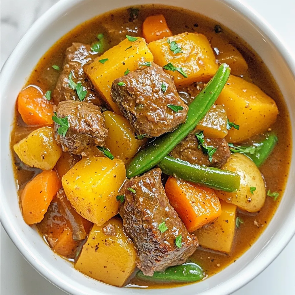 - 2 lbs beef chuck, cut into 1-inch cubes - 3 tablespoons olive oil - 1 large onion, chopped - 4 cloves garlic, minced - 3 large carrots, sliced - 3 medium potatoes, diced - 2 cups beef broth - 1 cup butternut squash, cubed - 1 cup green beans, trimmed and cut into bite-sized pieces - 2 tablespoons tomato paste - 1 tablespoon Worcestershire sauce - 1 teaspoon dried thyme - 1 teaspoon smoked paprika - Salt and pepper to taste The key to a great Witch's Cauldron Beef Stew lies in the choice of beef. I use beef chuck because it becomes tender and full of flavor after cooking. The olive oil helps to sear the beef, adding a rich taste. Fresh vegetables like onions, garlic, carrots, and potatoes bring both color and nutrients. The broth adds depth, while tomato paste and Worcestershire sauce enhance the stew's flavor. The herbs and spices like thyme and smoked paprika take it to the next level. - Fresh parsley - Other spice options Garnishing is not just for looks. Fresh parsley brightens the dish and adds a pop of flavor. You can also sprinkle some extra spices if you like more kick. - Large pot or cauldron - Cutting board - Cooking utensils Make sure you have a large pot or cauldron. It needs to hold all those delicious ingredients. A sturdy cutting board and basic utensils will also make prep easy. Having the right tools helps you cook more efficiently and enjoyably. {{ingredient_image_1}} - Searing the beef: Start by heating olive oil in a large pot over medium-high heat. Add the beef cubes in batches. Do not crowd the pot. Sear the beef for about 5-7 minutes until it is brown on all sides. Remove the beef and set it aside. - Why browning is important: Browning the beef adds depth of flavor. It creates a nice crust that makes the stew richer. This step is key for a hearty stew. - Sautéing onions and garlic: In the same pot, add the chopped onions and minced garlic. Cook them for about 3-4 minutes. Wait until the onions turn translucent and fragrant. - Timing for maximum flavor: Cooking the onions and garlic first helps build a solid base for your stew. Timing is key here. Do not rush this step for the best taste. - Layering ingredients: Next, add the sliced carrots, diced potatoes, and cubed butternut squash. Stir these in and cook for an additional 5 minutes. This helps to soften the vegetables before adding the broth. - Importance of simmering: After adding the browned beef back, pour in the beef broth. Include tomato paste, Worcestershire sauce, thyme, smoked paprika, salt, and pepper. Bring it to a gentle boil. Simmering allows all the flavors to meld together. - Adding green beans: In the last 15 minutes of cooking, stir in the trimmed green beans. This step adds a pop of color and crunch to the stew. - Serving suggestions: Once the beef is tender, ladle the stew into bowls. Garnish with fresh parsley for a nice touch. Serve hot and enjoy your comforting bowl of Witch's Cauldron Beef Stew! To make your beef tender, sear it well. Brown the beef in batches. This step locks in flavors. Don't rush it; a good brown crust is key. For seasonings, taste as you go. Add salt and pepper gradually. You can always add more, but you can't take it out. Want to spook up your stew for Halloween? Use a black cauldron for serving. Add some eerie decorations, like fake spiders. Serve it with bread shaped like fingers for fun. For a cozy look, use rustic bowls and a nice cloth. If you want to use a slow cooker, brown the beef first. Then, add all ingredients to the slow cooker. Cook on low for 6-8 hours. You can also use a pressure cooker. It will make the beef tender in about 30 minutes. Just ensure the stew has enough liquid! Pro Tips Choose the Right Cut: For a rich and flavorful stew, use beef chuck, which becomes tender and juicy during the long cooking process. Layering Flavors: Sear the beef first to develop a deep flavor base; this caramelization adds complexity to your stew. Vegetable Variety: Feel free to mix and match vegetables based on what's in season or what you have on hand for added nutrition and flavor. Let it Rest: For the best flavor, allow the stew to rest for at least 30 minutes after cooking; the flavors will meld together beautifully. {{image_2}} You can switch out the beef for other meats. Pork or chicken works well. If you want a plant-based option, use mushrooms or jackfruit. They add a nice texture. Seasonal veggies can also change your stew. In fall, use pumpkin or parsnips. In summer, try zucchini or corn. They give you a fresh taste. Want more heat? Add chili powder or cayenne. Just a pinch can change everything. You can also add smoked salt for a deeper flavor. To make the stew sweeter, add a dash of honey or maple syrup. Caramelized onions can bring a nice sweetness too. It helps balance the savory. If you need a gluten-free option, check your broth. Some brands contain gluten. Use cornstarch to thicken instead of flour. For a vegetarian stew, skip the beef and broth. Use vegetable broth and load up on beans for protein. Lentils are great too. They cook quickly and taste amazing. You can keep Witch's Cauldron Beef Stew in the fridge for up to 3 days. Store it in an airtight container. This helps keep the stew fresh and tasty. When you are ready to eat, just take it out and enjoy the flavors again. To freeze beef stew, let it cool first. Pour it into freezer bags or containers. Make sure to leave some space for the stew to expand. You can freeze it for up to 3 months. When you're ready to eat, move it to the fridge overnight to thaw. For the best flavor while reheating, use the stovetop. Pour the stew into a pot and heat over low. Stir it often to keep it from sticking. You can also use a microwave, but start with short bursts of heat. This helps you avoid overcooking the stew. Always check the temperature to ensure it is hot throughout. The best beef for stew is beef chuck. It has good fat and flavor. Chuck becomes tender during cooking. This cut holds up well in stews. Other options include brisket or round. These cuts are also tasty and tender. Yes, you can make this stew ahead of time. It tastes even better the next day. Let it cool, then store it in the fridge. Reheat it on the stove for best results. You can also freeze it for later. To thicken your beef stew, try a few simple methods. You can mix cornstarch with water and add it to the stew. Let it simmer for a few minutes. Alternatively, mash some of the potatoes in the stew. This adds thickness naturally. Yes, you can use chicken instead of beef. Chicken thighs work best for stews. They stay moist and tender during cooking. Just adjust the cooking time to avoid overcooking. Beef stew pairs well with many sides. Here are a few great options: - Crusty bread for dipping - Mashed potatoes for extra comfort - Green salad for a fresh touch - Rice to soak up the stew's flavor These sides enhance the meal and create a satisfying experience. This blog post covered making a delicious beef stew from start to finish. We discussed key ingredients like beef chuck, vegetables, and spices. I shared tips on cooking techniques and ways to enhance flavor. You can customize your stew with different ingredients and adjust it for dietary needs. Remember, proper storage and reheating are crucial for enjoying your meal later. Try these steps and tips, and enjoy a comforting bowl of stew. Happy cooking!