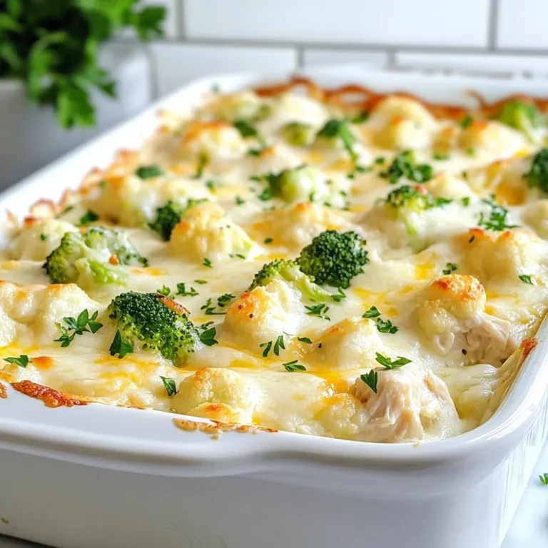 To make this tasty dish, you'll need: - 2 cups cooked chicken, shredded (rotisserie chicken works great) - 1 cup cauliflower florets, steamed and chopped - 1 cup broccoli florets, steamed - 1 cup Alfredo sauce (store-bought or homemade) - 1 cup shredded mozzarella cheese - 1/2 cup grated Parmesan cheese - 1 teaspoon garlic powder - 1 teaspoon Italian seasoning - Salt and pepper to taste - Fresh parsley, chopped (for garnish) You can swap some ingredients if needed: - Use turkey instead of chicken for a different taste. - Zucchini can replace cauliflower for a lighter option. - Cream cheese can work in place of Alfredo sauce for a rich twist. - Feel free to use any cheese you like, such as cheddar or provolone. Add more flavor with these options: - Toss in some spinach for extra greens. - Add sun-dried tomatoes for a burst of sweetness. - Include cooked mushrooms for an earthy flavor. - A pinch of red pepper flakes can bring heat to the dish. {{ingredient_image_1}} First, you need to gather your ingredients. Grab two cups of cooked chicken, one cup of cauliflower florets, and one cup of broccoli florets. Use a large mixing bowl to combine the shredded chicken, chopped cauliflower, steamed broccoli, and one cup of Alfredo sauce. Add one teaspoon of garlic powder, one teaspoon of Italian seasoning, and some salt and pepper. Mix everything well until it is nicely combined. Now, preheat your oven to 375°F (190°C). After mixing, transfer the chicken and vegetable mixture to a greased 9x9-inch baking dish. Spread it out evenly, so it cooks well. Next, top the mixture with one cup of shredded mozzarella and half a cup of grated Parmesan cheese. Bake it in the oven for 20 to 25 minutes. Watch for the cheese to become bubbly and golden brown. Once you take the dish out of the oven, let it cool for a few minutes. This helps the cheese set a bit. Before serving, sprinkle some fresh chopped parsley on top for a nice touch. This adds color and flavor. Enjoy this quick low-carb meal with family or friends! To make this dish even healthier, swap the Alfredo sauce for a low-fat version. You can also use Greek yogurt in place of some sauce. This swap keeps the creamy taste while cutting calories. Adding more veggies boosts fiber and nutrients. Consider adding zucchini or spinach for extra flavor and health. For a great melt, use fresh cheese instead of pre-grated. Fresh mozzarella and Parmesan melt better and taste richer. Sprinkle cheese evenly over the top. This helps it melt uniformly. Bake until the cheese is bubbly and golden. If your cheese browns too quickly, cover the dish with foil. If your bake is too dry, add a splash of chicken broth or extra sauce. This keeps the dish moist and flavorful. If it’s too watery, let it sit for a few minutes after baking. This helps the sauce thicken up. Always taste before serving. Adjust the salt and pepper as needed for the best flavor. Pro Tips Use Rotisserie Chicken: For a quick and easy meal, rotisserie chicken saves you time on cooking and shredding. Steaming the Vegetables: Steaming cauliflower and broccoli before adding them to the bake ensures they are tender and absorb the flavors of the dish. Cheese Variations: Feel free to mix different cheeses like cheddar or gouda with mozzarella for a unique flavor twist. Make Ahead: This dish can be prepared in advance and stored in the refrigerator. Just bake it when you're ready to serve! {{image_2}} You can swap out the chicken for other proteins. Shrimp or turkey work well. You can also use tofu for a plant-based option. In place of the Alfredo sauce, try a creamy cheese sauce. This keeps the dish low in carbs but adds a twist. Think outside the box with veggies! Spinach, bell peppers, or zucchini can add great flavor. You can even add mushrooms for an earthy taste. Just be sure to chop them small so they mix well. This keeps the bake light and full of nutrients. Make your sauce pop with flavor! You can add a pinch of red pepper flakes for heat. A squeeze of lemon juice brightens up the dish. If you like herbs, try fresh basil or thyme. These will enhance the taste and make it even more delicious. You can store leftovers in an airtight container. Make sure the dish is cool before sealing. It will stay fresh for up to three days in the fridge. If you want to keep it longer, freezing is a good option. Just remember to label the container with the date. To reheat, you can use the oven or a microwave. If using the oven, preheat it to 350°F (175°C). Place the leftovers in a baking dish, cover with foil, and heat for about 15-20 minutes. In the microwave, place a portion on a safe dish, cover it, and heat for 2-3 minutes. Stir halfway for even heating. For freezing, let the dish cool fully first. Place portions in freezer-safe containers. You can freeze it for up to three months. When ready to eat, thaw overnight in the fridge. Reheat it as mentioned above for the best taste. To make your own Alfredo sauce, you need just a few simple ingredients. Start with: - 1 cup heavy cream - 1/2 cup butter - 1 cup grated Parmesan cheese - 2 cloves garlic, minced - Salt and pepper to taste In a saucepan, melt the butter over low heat. Add the garlic and cook for one minute. Pour in the heavy cream, stirring well. Next, add the Parmesan cheese and mix until it melts. Season with salt and pepper. This sauce is creamy and rich! Yes, you can use chicken thighs instead of breasts. Chicken thighs have more flavor and stay moist during cooking. Just make sure to cook them until they reach 165°F (75°C). Shred the cooked thighs and mix them with the other ingredients as you would with chicken breasts. The dish will still taste great! You can serve this dish with a fresh side salad. A salad with mixed greens, tomatoes, and a light vinaigrette pairs well. You can also add steamed vegetables, like green beans or asparagus, to boost the nutrition. For a heartier meal, serve it with a small portion of low-carb bread. This post covered the key ingredients for your dish, offered step-by-step baking instructions, and shared tips for a perfect outcome. We discussed tasty variations and how to store your creation for later. Remember, you can always modify the recipe to fit your taste. Embrace your cooking style, try new ingredients, and enjoy the process. With practice, you'll create delicious meals every time. Happy cooking!
