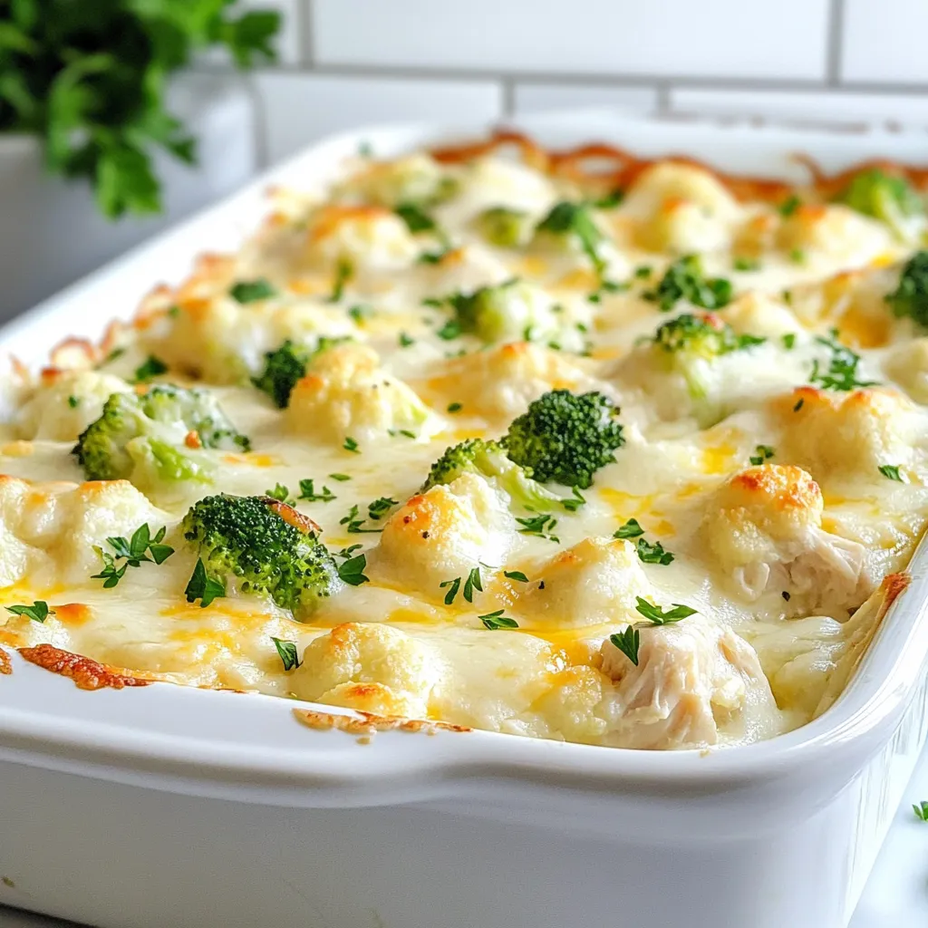 To make this tasty dish, you'll need: - 2 cups cooked chicken, shredded (rotisserie chicken works great) - 1 cup cauliflower florets, steamed and chopped - 1 cup broccoli florets, steamed - 1 cup Alfredo sauce (store-bought or homemade) - 1 cup shredded mozzarella cheese - 1/2 cup grated Parmesan cheese - 1 teaspoon garlic powder - 1 teaspoon Italian seasoning - Salt and pepper to taste - Fresh parsley, chopped (for garnish) You can swap some ingredients if needed: - Use turkey instead of chicken for a different taste. - Zucchini can replace cauliflower for a lighter option. - Cream cheese can work in place of Alfredo sauce for a rich twist. - Feel free to use any cheese you like, such as cheddar or provolone. Add more flavor with these options: - Toss in some spinach for extra greens. - Add sun-dried tomatoes for a burst of sweetness. - Include cooked mushrooms for an earthy flavor. - A pinch of red pepper flakes can bring heat to the dish. {{ingredient_image_1}} First, you need to gather your ingredients. Grab two cups of cooked chicken, one cup of cauliflower florets, and one cup of broccoli florets. Use a large mixing bowl to combine the shredded chicken, chopped cauliflower, steamed broccoli, and one cup of Alfredo sauce. Add one teaspoon of garlic powder, one teaspoon of Italian seasoning, and some salt and pepper. Mix everything well until it is nicely combined. Now, preheat your oven to 375°F (190°C). After mixing, transfer the chicken and vegetable mixture to a greased 9x9-inch baking dish. Spread it out evenly, so it cooks well. Next, top the mixture with one cup of shredded mozzarella and half a cup of grated Parmesan cheese. Bake it in the oven for 20 to 25 minutes. Watch for the cheese to become bubbly and golden brown. Once you take the dish out of the oven, let it cool for a few minutes. This helps the cheese set a bit. Before serving, sprinkle some fresh chopped parsley on top for a nice touch. This adds color and flavor. Enjoy this quick low-carb meal with family or friends! To make this dish even healthier, swap the Alfredo sauce for a low-fat version. You can also use Greek yogurt in place of some sauce. This swap keeps the creamy taste while cutting calories. Adding more veggies boosts fiber and nutrients. Consider adding zucchini or spinach for extra flavor and health. For a great melt, use fresh cheese instead of pre-grated. Fresh mozzarella and Parmesan melt better and taste richer. Sprinkle cheese evenly over the top. This helps it melt uniformly. Bake until the cheese is bubbly and golden. If your cheese browns too quickly, cover the dish with foil. If your bake is too dry, add a splash of chicken broth or extra sauce. This keeps the dish moist and flavorful. If it’s too watery, let it sit for a few minutes after baking. This helps the sauce thicken up. Always taste before serving. Adjust the salt and pepper as needed for the best flavor. Pro Tips Use Rotisserie Chicken: For a quick and easy meal, rotisserie chicken saves you time on cooking and shredding. Steaming the Vegetables: Steaming cauliflower and broccoli before adding them to the bake ensures they are tender and absorb the flavors of the dish. Cheese Variations: Feel free to mix different cheeses like cheddar or gouda with mozzarella for a unique flavor twist. Make Ahead: This dish can be prepared in advance and stored in the refrigerator. Just bake it when you're ready to serve! {{image_2}} You can swap out the chicken for other proteins. Shrimp or turkey work well. You can also use tofu for a plant-based option. In place of the Alfredo sauce, try a creamy cheese sauce. This keeps the dish low in carbs but adds a twist. Think outside the box with veggies! Spinach, bell peppers, or zucchini can add great flavor. You can even add mushrooms for an earthy taste. Just be sure to chop them small so they mix well. This keeps the bake light and full of nutrients. Make your sauce pop with flavor! You can add a pinch of red pepper flakes for heat. A squeeze of lemon juice brightens up the dish. If you like herbs, try fresh basil or thyme. These will enhance the taste and make it even more delicious. You can store leftovers in an airtight container. Make sure the dish is cool before sealing. It will stay fresh for up to three days in the fridge. If you want to keep it longer, freezing is a good option. Just remember to label the container with the date. To reheat, you can use the oven or a microwave. If using the oven, preheat it to 350°F (175°C). Place the leftovers in a baking dish, cover with foil, and heat for about 15-20 minutes. In the microwave, place a portion on a safe dish, cover it, and heat for 2-3 minutes. Stir halfway for even heating. For freezing, let the dish cool fully first. Place portions in freezer-safe containers. You can freeze it for up to three months. When ready to eat, thaw overnight in the fridge. Reheat it as mentioned above for the best taste. To make your own Alfredo sauce, you need just a few simple ingredients. Start with: - 1 cup heavy cream - 1/2 cup butter - 1 cup grated Parmesan cheese - 2 cloves garlic, minced - Salt and pepper to taste In a saucepan, melt the butter over low heat. Add the garlic and cook for one minute. Pour in the heavy cream, stirring well. Next, add the Parmesan cheese and mix until it melts. Season with salt and pepper. This sauce is creamy and rich! Yes, you can use chicken thighs instead of breasts. Chicken thighs have more flavor and stay moist during cooking. Just make sure to cook them until they reach 165°F (75°C). Shred the cooked thighs and mix them with the other ingredients as you would with chicken breasts. The dish will still taste great! You can serve this dish with a fresh side salad. A salad with mixed greens, tomatoes, and a light vinaigrette pairs well. You can also add steamed vegetables, like green beans or asparagus, to boost the nutrition. For a heartier meal, serve it with a small portion of low-carb bread. This post covered the key ingredients for your dish, offered step-by-step baking instructions, and shared tips for a perfect outcome. We discussed tasty variations and how to store your creation for later. Remember, you can always modify the recipe to fit your taste. Embrace your cooking style, try new ingredients, and enjoy the process. With practice, you'll create delicious meals every time. Happy cooking!
