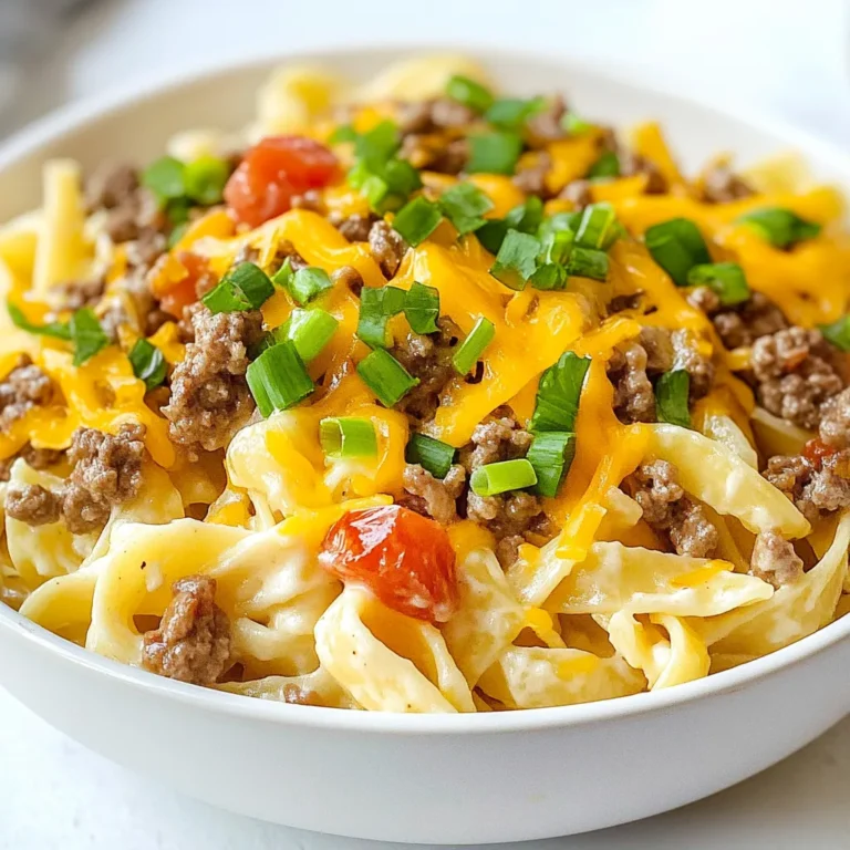To make Cheeseburger Alfredo Pasta, gather these ingredients: - 12 oz. fettuccine pasta - 1 lb ground beef - 1 tablespoon olive oil - 2 cloves garlic, minced - 1 cup heavy cream - 1 cup shredded cheddar cheese - 1/2 cup grated Parmesan cheese - 1 teaspoon Italian seasoning - Salt and pepper to taste You can add fun extras to your dish: - 1/2 cup diced tomatoes (for freshness) - 1/4 cup chopped green onions (for garnish) Feel free to mix in veggies like spinach or bell peppers for more color and taste. Before you start, check if you have these common items: - Olive oil - Garlic - Heavy cream - Cheddar cheese - Parmesan cheese - Italian seasoning - Salt and pepper These staples help create the creamy sauce and add flavor. Keep them handy for other recipes too! {{ingredient_image_1}} First, fill a large pot with water and add salt. Bring the water to a boil. Once boiling, add the 12 oz. of fettuccine pasta. Cook it according to the package directions, usually around 8-10 minutes. You want the pasta to be al dente, which means it should still have a slight bite. After cooking, drain the pasta in a colander. Make sure to save 1/2 cup of the pasta water. This water will help the sauce stick. Next, take a large skillet and heat 1 tablespoon of olive oil over medium heat. Once the oil is hot, add 1 lb of ground beef. Use a spatula to break the beef into small pieces as it cooks. This will take about 5-7 minutes. Make sure it’s browned evenly. If there is too much fat in the pan, drain it off. This step keeps your dish from being greasy. Now, lower the heat to medium-low. Add 2 cloves of minced garlic to the skillet with the beef. Stir it for about 1 minute until you smell the garlic. Next, pour in 1 cup of heavy cream. Bring the cream to a gentle simmer. Stir in 1 cup of shredded cheddar cheese and 1/2 cup of grated Parmesan cheese. Keep stirring until the cheese melts and the sauce is smooth. Then, add 1 teaspoon of Italian seasoning, salt, and pepper to taste. Finally, mix in the cooked pasta and the reserved pasta water. Stir until everything is coated in the creamy sauce. If you want, add 1/2 cup of diced tomatoes for a fresh touch. Mix gently to combine. To make the sauce creamy, use heavy cream. This has a high-fat content. You can also add a bit of pasta water. The starch in the water helps the sauce stick. Stir the cheese in slowly. This keeps it smooth and melty. Always taste your dish while cooking. Start with salt and pepper. Add Italian seasoning for extra flavor. Fresh herbs can brighten the dish. If you like heat, add a pinch of red pepper flakes. Don’t overcook the pasta. Cook it until it is al dente. This helps it hold its shape. Avoid using low-fat cream; it won't be as rich. Don't skip the garlic; it adds great flavor. Finally, be careful not to rush the cheese melting. Stir gently and let it melt completely for a smooth sauce. Pro Tips Cook Pasta Al Dente: Ensure your fettuccine is cooked al dente for the perfect texture that holds up in the creamy sauce. Drain Fat from Beef: After browning the ground beef, drain excess fat to prevent the dish from becoming greasy. Use Fresh Garlic: Fresh minced garlic enhances the flavor of the sauce significantly, so avoid using pre-minced options if possible. Customize with Toppings: Feel free to add your favorite toppings like crispy bacon or sautéed mushrooms for added flavor and texture. {{image_2}} You can easily add vegetables to your cheeseburger Alfredo pasta. Vegetables boost the flavor and add healthy nutrients. Consider adding: - 1 cup of spinach or kale - 1 cup of broccoli florets - 1/2 cup of bell peppers, diced To add them, cook the veggies in the same skillet after browning the beef. This method keeps cooking time short and ensures the veggies stay crisp. Adding these veggies gives you color and taste, making the dish even better! Cheese is the star of this dish. While cheddar and Parmesan are tasty, you can switch cheeses for fun. Try these: - Mozzarella for a stretchier texture - Gouda for a smoky flavor - Cream cheese for extra creaminess Mix and match based on what you like. Each cheese brings its unique twist, so feel free to experiment. This way, your cheeseburger Alfredo pasta stays fresh each time! You can make this dish healthier with a few simple swaps. Here are some ideas: - Use lean ground turkey instead of beef. - Swap heavy cream for Greek yogurt or low-fat milk. - Choose whole wheat pasta for added fiber. These changes keep the dish tasty while reducing calories and fat. You can enjoy your meal guilt-free! To keep your Cheeseburger Alfredo Pasta fresh, store it in an airtight container. Let it cool to room temperature first. Place it in the fridge for up to three days. This way, you can enjoy the flavors later without losing their taste. When you're ready to enjoy your leftovers, reheat them gently. You can use a microwave or a skillet. If using a microwave, heat in short bursts, stirring in between. If using a skillet, add a splash of milk or pasta water to keep it creamy. Heat over low until warm throughout. You can freeze Cheeseburger Alfredo Pasta for later meals. Use a freezer-safe container and make sure it is airtight. It can last for up to three months in the freezer. When you're ready to eat, thaw it in the fridge overnight. Then, reheat using the instructions above for the best results. Yes, you can use other pasta shapes. Bowtie, penne, or rotini work well. Each type gives a different texture. Choose your favorite for a fun twist. Absolutely! This dish is great for meal prep. You can make it ahead and store it in the fridge. Just keep it in an airtight container. You can reheat it for lunch or dinner. It will still taste good after a few days. To make this dish gluten-free, use gluten-free pasta. Many brands offer great options that taste good. Check the labels to ensure they are safe for you. The rest of the ingredients are naturally gluten-free. Enjoy your meal without worry! This blog post covered the key steps to make a tasty Cheeseburger Alfredo Pasta. We discussed essential ingredients, cooking tips, and various ways to customize the dish. Remember, you can add veggies or swap cheese for a special twist. Proper storage helps keep leftovers fresh and delicious. Finally, don’t hesitate to adapt this recipe to suit your taste or dietary needs. Enjoy making this fun dish, and happy cooking!