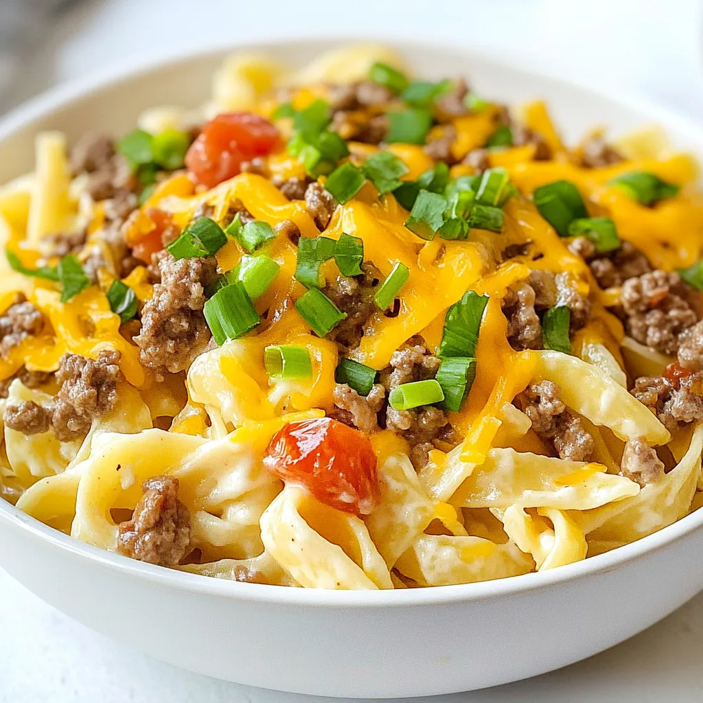 To make Cheeseburger Alfredo Pasta, gather these ingredients: - 12 oz. fettuccine pasta - 1 lb ground beef - 1 tablespoon olive oil - 2 cloves garlic, minced - 1 cup heavy cream - 1 cup shredded cheddar cheese - 1/2 cup grated Parmesan cheese - 1 teaspoon Italian seasoning - Salt and pepper to taste You can add fun extras to your dish: - 1/2 cup diced tomatoes (for freshness) - 1/4 cup chopped green onions (for garnish) Feel free to mix in veggies like spinach or bell peppers for more color and taste. Before you start, check if you have these common items: - Olive oil - Garlic - Heavy cream - Cheddar cheese - Parmesan cheese - Italian seasoning - Salt and pepper These staples help create the creamy sauce and add flavor. Keep them handy for other recipes too! {{ingredient_image_1}} First, fill a large pot with water and add salt. Bring the water to a boil. Once boiling, add the 12 oz. of fettuccine pasta. Cook it according to the package directions, usually around 8-10 minutes. You want the pasta to be al dente, which means it should still have a slight bite. After cooking, drain the pasta in a colander. Make sure to save 1/2 cup of the pasta water. This water will help the sauce stick. Next, take a large skillet and heat 1 tablespoon of olive oil over medium heat. Once the oil is hot, add 1 lb of ground beef. Use a spatula to break the beef into small pieces as it cooks. This will take about 5-7 minutes. Make sure it’s browned evenly. If there is too much fat in the pan, drain it off. This step keeps your dish from being greasy. Now, lower the heat to medium-low. Add 2 cloves of minced garlic to the skillet with the beef. Stir it for about 1 minute until you smell the garlic. Next, pour in 1 cup of heavy cream. Bring the cream to a gentle simmer. Stir in 1 cup of shredded cheddar cheese and 1/2 cup of grated Parmesan cheese. Keep stirring until the cheese melts and the sauce is smooth. Then, add 1 teaspoon of Italian seasoning, salt, and pepper to taste. Finally, mix in the cooked pasta and the reserved pasta water. Stir until everything is coated in the creamy sauce. If you want, add 1/2 cup of diced tomatoes for a fresh touch. Mix gently to combine. To make the sauce creamy, use heavy cream. This has a high-fat content. You can also add a bit of pasta water. The starch in the water helps the sauce stick. Stir the cheese in slowly. This keeps it smooth and melty. Always taste your dish while cooking. Start with salt and pepper. Add Italian seasoning for extra flavor. Fresh herbs can brighten the dish. If you like heat, add a pinch of red pepper flakes. Don’t overcook the pasta. Cook it until it is al dente. This helps it hold its shape. Avoid using low-fat cream; it won't be as rich. Don't skip the garlic; it adds great flavor. Finally, be careful not to rush the cheese melting. Stir gently and let it melt completely for a smooth sauce. Pro Tips Cook Pasta Al Dente: Ensure your fettuccine is cooked al dente for the perfect texture that holds up in the creamy sauce. Drain Fat from Beef: After browning the ground beef, drain excess fat to prevent the dish from becoming greasy. Use Fresh Garlic: Fresh minced garlic enhances the flavor of the sauce significantly, so avoid using pre-minced options if possible. Customize with Toppings: Feel free to add your favorite toppings like crispy bacon or sautéed mushrooms for added flavor and texture. {{image_2}} You can easily add vegetables to your cheeseburger Alfredo pasta. Vegetables boost the flavor and add healthy nutrients. Consider adding: - 1 cup of spinach or kale - 1 cup of broccoli florets - 1/2 cup of bell peppers, diced To add them, cook the veggies in the same skillet after browning the beef. This method keeps cooking time short and ensures the veggies stay crisp. Adding these veggies gives you color and taste, making the dish even better! Cheese is the star of this dish. While cheddar and Parmesan are tasty, you can switch cheeses for fun. Try these: - Mozzarella for a stretchier texture - Gouda for a smoky flavor - Cream cheese for extra creaminess Mix and match based on what you like. Each cheese brings its unique twist, so feel free to experiment. This way, your cheeseburger Alfredo pasta stays fresh each time! You can make this dish healthier with a few simple swaps. Here are some ideas: - Use lean ground turkey instead of beef. - Swap heavy cream for Greek yogurt or low-fat milk. - Choose whole wheat pasta for added fiber. These changes keep the dish tasty while reducing calories and fat. You can enjoy your meal guilt-free! To keep your Cheeseburger Alfredo Pasta fresh, store it in an airtight container. Let it cool to room temperature first. Place it in the fridge for up to three days. This way, you can enjoy the flavors later without losing their taste. When you're ready to enjoy your leftovers, reheat them gently. You can use a microwave or a skillet. If using a microwave, heat in short bursts, stirring in between. If using a skillet, add a splash of milk or pasta water to keep it creamy. Heat over low until warm throughout. You can freeze Cheeseburger Alfredo Pasta for later meals. Use a freezer-safe container and make sure it is airtight. It can last for up to three months in the freezer. When you're ready to eat, thaw it in the fridge overnight. Then, reheat using the instructions above for the best results. Yes, you can use other pasta shapes. Bowtie, penne, or rotini work well. Each type gives a different texture. Choose your favorite for a fun twist. Absolutely! This dish is great for meal prep. You can make it ahead and store it in the fridge. Just keep it in an airtight container. You can reheat it for lunch or dinner. It will still taste good after a few days. To make this dish gluten-free, use gluten-free pasta. Many brands offer great options that taste good. Check the labels to ensure they are safe for you. The rest of the ingredients are naturally gluten-free. Enjoy your meal without worry! This blog post covered the key steps to make a tasty Cheeseburger Alfredo Pasta. We discussed essential ingredients, cooking tips, and various ways to customize the dish. Remember, you can add veggies or swap cheese for a special twist. Proper storage helps keep leftovers fresh and delicious. Finally, don’t hesitate to adapt this recipe to suit your taste or dietary needs. Enjoy making this fun dish, and happy cooking!