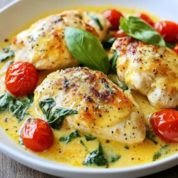 - 4 boneless, skinless chicken breasts - 2 tablespoons olive oil - 4 cloves garlic, minced - 1 teaspoon Italian seasoning - Salt and pepper, to taste - 1 cup cherry tomatoes, halved - 1 cup spinach, fresh - 1 cup heavy cream - ½ cup Parmesan cheese, grated - 1 tablespoon lemon juice - Fresh basil leaves, for garnish Let's talk about the ingredients for Creamy Garlic Tuscan Chicken. Each item plays a key role in creating a rich and tasty dish. First, we need four boneless, skinless chicken breasts. They cook evenly and stay juicy. Olive oil adds flavor and helps brown the chicken. Use two tablespoons for cooking. Next, garlic is a must. Four minced cloves give a strong, savory taste. Italian seasoning adds warmth and depth with its mix of herbs. Don't forget salt and pepper; they enhance all the flavors. Fresh produce brings color and nutrition. We use one cup of cherry tomatoes. Halved, they burst with sweetness as they cook. Spinach adds a lovely green touch and a boost of vitamins. For creaminess, we need one cup of heavy cream and half a cup of grated Parmesan cheese. This combo makes the sauce rich and satisfying. A tablespoon of lemon juice brightens the dish and balances the cream. Finally, fresh basil leaves are perfect for garnish. They add a fragrant touch that makes the dish even more appealing. With these ingredients, you're ready to create a meal that is both simple and full of flavor! {{ingredient_image_1}} 1. Heat a large skillet over medium heat. Add 2 tablespoons of olive oil. Wait until it shimmers. 2. Take 4 boneless, skinless chicken breasts and season both sides. Use salt, pepper, and 1 teaspoon of Italian seasoning. 3. Place the chicken in the skillet. Cook for 6-7 minutes on each side. Look for a golden brown color. Remove the chicken and set it aside for later. 1. In the same skillet, add 4 minced garlic cloves. Sauté them for about 30 seconds. You want them fragrant. 2. Next, add 1 cup of halved cherry tomatoes. Cook for 2-3 minutes until they soften. 3. Stir in 1 cup of fresh spinach. Cook until it wilts. 4. Pour in 1 cup of heavy cream. Bring it to a gentle simmer. Stir often to prevent scorching. 5. Add ½ cup of grated Parmesan cheese and 1 tablespoon of lemon juice. Mix until the cheese melts and the sauce is creamy. 1. Return the cooked chicken to the skillet. Spoon the sauce over the top. 2. Let it simmer for another 2-3 minutes. This helps the flavors meld together. 3. Garnish the dish with fresh basil leaves before serving. To cook chicken evenly, choose uniform pieces. If they are of different sizes, they may cook unevenly. Flatten the chicken with a meat mallet to help with this. This also helps achieve that nice golden brown color. Always make sure the skillet is hot before adding the chicken. This gives a great sear and keeps the juices in. To adjust the creaminess, add more heavy cream or cheese as you like. If the sauce is too thick, stir in a bit of chicken broth or water. To prevent scorching while simmering, keep the heat low and stir often. This helps keep the sauce smooth and creamy without burning. For a creative touch, chop fresh basil and sprinkle it over the dish. You can also use whole leaves for a nice look. Other toppings that fit well include grated Parmesan cheese or toasted pine nuts. These add extra flavor and texture to your meal. Pro Tips Use Fresh Ingredients: Fresh ingredients like spinach and cherry tomatoes enhance the flavor of the dish significantly. Always opt for seasonal produce when possible. Perfectly Cooked Chicken: To ensure your chicken is juicy and tender, use a meat thermometer. The internal temperature should reach 165°F (75°C). Customize the Sauce: Feel free to add other ingredients to the creamy sauce, such as mushrooms or sun-dried tomatoes, for an extra layer of flavor. Make it Ahead: This dish can be prepared ahead of time. Simply reheat gently on the stove, adding a splash of cream if the sauce thickens too much. {{image_2}} You can make Creamy Garlic Tuscan Chicken your own by changing a few ingredients. If you want to try a different protein, shrimp or tofu works well. Shrimp cooks fast and adds a nice flavor. Tofu is a great choice for plant-based meals. For a dairy-free version of the sauce, use coconut cream instead of heavy cream. It gives a slight sweetness that blends well with the garlic. Nutritional yeast can replace Parmesan for a cheesy flavor without dairy. To take the flavor up a notch, consider adding herbs and spices. Fresh thyme or oregano can bring a new twist. Red pepper flakes add a spicy kick that many enjoy. You can also mix in vegetables for extra color and taste. Mushrooms add a rich, earthy flavor. Bell peppers bring sweetness and crunch. Adding these veggies can make the dish more nutritious and fun. When serving Creamy Garlic Tuscan Chicken, consider pairing it with side dishes. A simple garlic bread complements the creamy sauce well. A fresh side salad can provide a nice balance to the meal. For bread, a crusty baguette works best. It soaks up the sauce and adds texture. You can also serve it with pasta for a heartier option, making it a filling meal. To store leftovers, first let the chicken cool down. Place it in an airtight container. Make sure to cover it well to keep it fresh. It can last in the fridge for up to three days. If you want to store it longer, consider freezing. For freezing, wrap the chicken in plastic wrap. Then, place it in a freezer bag. Squeeze out as much air as you can. This helps prevent freezer burn. You can freeze it for up to three months. When reheating, you want to keep the dish tasty. The best way is to use a skillet. Heat it on low and add a splash of cream. This will help bring back the creaminess. You can also use a microwave. Place the chicken on a microwave-safe plate. Cover it with a damp paper towel. Heat in short bursts, checking to avoid overcooking. To refresh leftovers, add some fresh spinach or tomatoes. This will give it a fresh look and taste. You can pair Creamy Garlic Tuscan Chicken with several tasty sides. Here are some ideas: - Garlic bread: It soaks up the creamy sauce well. - Steamed vegetables: Broccoli or green beans add color and nutrition. - Rice or pasta: Both make great bases for the sauce. - Side salad: A fresh salad with mixed greens is light and refreshing. These sides make your meal balanced and fun! Yes, you can make Creamy Garlic Tuscan Chicken ahead of time. Here are some tips: - Cook the chicken: Follow the recipe steps. Let it cool. - Store in the fridge: Place it in an airtight container. - Reheat when ready: Warm it gently on the stove to keep it creamy. Making it ahead saves time on busy nights! Creamy Garlic Tuscan Chicken lasts about 3 to 4 days in the fridge. Follow these best practices: - Cool it fast: Let the chicken cool before storing. - Use airtight containers: This helps keep it fresh. - Check for signs of spoilage: If it smells off, throw it away. Storing food properly keeps your meals safe and tasty! This blog post shared a delicious Creamy Garlic Tuscan Chicken recipe. You learned about the key ingredients, like chicken, garlic, and fresh veggies. I detailed step-by-step instructions for cooking, from prepping chicken to making the creamy sauce. Helpful tips, variations, and storage info can guide your cooking journey. Cook this dish to impress friends and family. Enjoy experimenting with flavors and sides that suit your taste. Your kitchen will be full of joy and delicious meals!