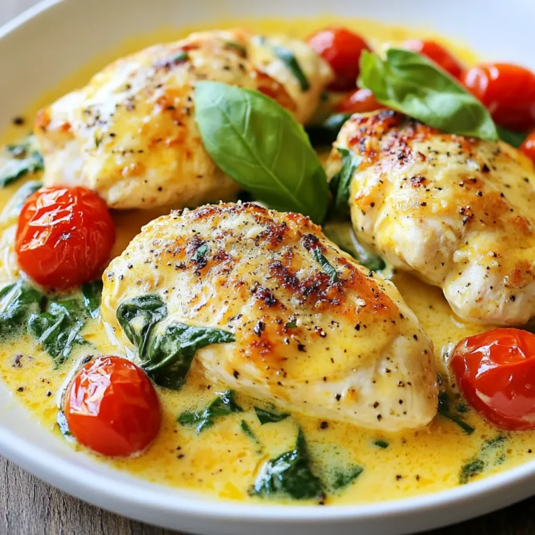 - 4 boneless, skinless chicken breasts - 2 tablespoons olive oil - 4 cloves garlic, minced - 1 teaspoon Italian seasoning - Salt and pepper, to taste - 1 cup cherry tomatoes, halved - 1 cup spinach, fresh - 1 cup heavy cream - ½ cup Parmesan cheese, grated - 1 tablespoon lemon juice - Fresh basil leaves, for garnish Let's talk about the ingredients for Creamy Garlic Tuscan Chicken. Each item plays a key role in creating a rich and tasty dish. First, we need four boneless, skinless chicken breasts. They cook evenly and stay juicy. Olive oil adds flavor and helps brown the chicken. Use two tablespoons for cooking. Next, garlic is a must. Four minced cloves give a strong, savory taste. Italian seasoning adds warmth and depth with its mix of herbs. Don't forget salt and pepper; they enhance all the flavors. Fresh produce brings color and nutrition. We use one cup of cherry tomatoes. Halved, they burst with sweetness as they cook. Spinach adds a lovely green touch and a boost of vitamins. For creaminess, we need one cup of heavy cream and half a cup of grated Parmesan cheese. This combo makes the sauce rich and satisfying. A tablespoon of lemon juice brightens the dish and balances the cream. Finally, fresh basil leaves are perfect for garnish. They add a fragrant touch that makes the dish even more appealing. With these ingredients, you're ready to create a meal that is both simple and full of flavor! {{ingredient_image_1}} 1. Heat a large skillet over medium heat. Add 2 tablespoons of olive oil. Wait until it shimmers. 2. Take 4 boneless, skinless chicken breasts and season both sides. Use salt, pepper, and 1 teaspoon of Italian seasoning. 3. Place the chicken in the skillet. Cook for 6-7 minutes on each side. Look for a golden brown color. Remove the chicken and set it aside for later. 1. In the same skillet, add 4 minced garlic cloves. Sauté them for about 30 seconds. You want them fragrant. 2. Next, add 1 cup of halved cherry tomatoes. Cook for 2-3 minutes until they soften. 3. Stir in 1 cup of fresh spinach. Cook until it wilts. 4. Pour in 1 cup of heavy cream. Bring it to a gentle simmer. Stir often to prevent scorching. 5. Add ½ cup of grated Parmesan cheese and 1 tablespoon of lemon juice. Mix until the cheese melts and the sauce is creamy. 1. Return the cooked chicken to the skillet. Spoon the sauce over the top. 2. Let it simmer for another 2-3 minutes. This helps the flavors meld together. 3. Garnish the dish with fresh basil leaves before serving. To cook chicken evenly, choose uniform pieces. If they are of different sizes, they may cook unevenly. Flatten the chicken with a meat mallet to help with this. This also helps achieve that nice golden brown color. Always make sure the skillet is hot before adding the chicken. This gives a great sear and keeps the juices in. To adjust the creaminess, add more heavy cream or cheese as you like. If the sauce is too thick, stir in a bit of chicken broth or water. To prevent scorching while simmering, keep the heat low and stir often. This helps keep the sauce smooth and creamy without burning. For a creative touch, chop fresh basil and sprinkle it over the dish. You can also use whole leaves for a nice look. Other toppings that fit well include grated Parmesan cheese or toasted pine nuts. These add extra flavor and texture to your meal. Pro Tips Use Fresh Ingredients: Fresh ingredients like spinach and cherry tomatoes enhance the flavor of the dish significantly. Always opt for seasonal produce when possible. Perfectly Cooked Chicken: To ensure your chicken is juicy and tender, use a meat thermometer. The internal temperature should reach 165°F (75°C). Customize the Sauce: Feel free to add other ingredients to the creamy sauce, such as mushrooms or sun-dried tomatoes, for an extra layer of flavor. Make it Ahead: This dish can be prepared ahead of time. Simply reheat gently on the stove, adding a splash of cream if the sauce thickens too much. {{image_2}} You can make Creamy Garlic Tuscan Chicken your own by changing a few ingredients. If you want to try a different protein, shrimp or tofu works well. Shrimp cooks fast and adds a nice flavor. Tofu is a great choice for plant-based meals. For a dairy-free version of the sauce, use coconut cream instead of heavy cream. It gives a slight sweetness that blends well with the garlic. Nutritional yeast can replace Parmesan for a cheesy flavor without dairy. To take the flavor up a notch, consider adding herbs and spices. Fresh thyme or oregano can bring a new twist. Red pepper flakes add a spicy kick that many enjoy. You can also mix in vegetables for extra color and taste. Mushrooms add a rich, earthy flavor. Bell peppers bring sweetness and crunch. Adding these veggies can make the dish more nutritious and fun. When serving Creamy Garlic Tuscan Chicken, consider pairing it with side dishes. A simple garlic bread complements the creamy sauce well. A fresh side salad can provide a nice balance to the meal. For bread, a crusty baguette works best. It soaks up the sauce and adds texture. You can also serve it with pasta for a heartier option, making it a filling meal. To store leftovers, first let the chicken cool down. Place it in an airtight container. Make sure to cover it well to keep it fresh. It can last in the fridge for up to three days. If you want to store it longer, consider freezing. For freezing, wrap the chicken in plastic wrap. Then, place it in a freezer bag. Squeeze out as much air as you can. This helps prevent freezer burn. You can freeze it for up to three months. When reheating, you want to keep the dish tasty. The best way is to use a skillet. Heat it on low and add a splash of cream. This will help bring back the creaminess. You can also use a microwave. Place the chicken on a microwave-safe plate. Cover it with a damp paper towel. Heat in short bursts, checking to avoid overcooking. To refresh leftovers, add some fresh spinach or tomatoes. This will give it a fresh look and taste. You can pair Creamy Garlic Tuscan Chicken with several tasty sides. Here are some ideas: - Garlic bread: It soaks up the creamy sauce well. - Steamed vegetables: Broccoli or green beans add color and nutrition. - Rice or pasta: Both make great bases for the sauce. - Side salad: A fresh salad with mixed greens is light and refreshing. These sides make your meal balanced and fun! Yes, you can make Creamy Garlic Tuscan Chicken ahead of time. Here are some tips: - Cook the chicken: Follow the recipe steps. Let it cool. - Store in the fridge: Place it in an airtight container. - Reheat when ready: Warm it gently on the stove to keep it creamy. Making it ahead saves time on busy nights! Creamy Garlic Tuscan Chicken lasts about 3 to 4 days in the fridge. Follow these best practices: - Cool it fast: Let the chicken cool before storing. - Use airtight containers: This helps keep it fresh. - Check for signs of spoilage: If it smells off, throw it away. Storing food properly keeps your meals safe and tasty! This blog post shared a delicious Creamy Garlic Tuscan Chicken recipe. You learned about the key ingredients, like chicken, garlic, and fresh veggies. I detailed step-by-step instructions for cooking, from prepping chicken to making the creamy sauce. Helpful tips, variations, and storage info can guide your cooking journey. Cook this dish to impress friends and family. Enjoy experimenting with flavors and sides that suit your taste. Your kitchen will be full of joy and delicious meals!
