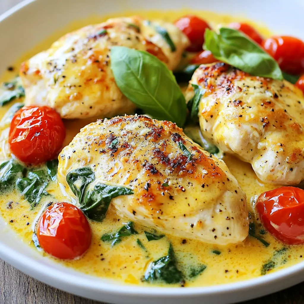 - 4 boneless, skinless chicken breasts - 2 tablespoons olive oil - 4 cloves garlic, minced - 1 teaspoon Italian seasoning - Salt and pepper, to taste - 1 cup cherry tomatoes, halved - 1 cup spinach, fresh - 1 cup heavy cream - ½ cup Parmesan cheese, grated - 1 tablespoon lemon juice - Fresh basil leaves, for garnish Let's talk about the ingredients for Creamy Garlic Tuscan Chicken. Each item plays a key role in creating a rich and tasty dish. First, we need four boneless, skinless chicken breasts. They cook evenly and stay juicy. Olive oil adds flavor and helps brown the chicken. Use two tablespoons for cooking. Next, garlic is a must. Four minced cloves give a strong, savory taste. Italian seasoning adds warmth and depth with its mix of herbs. Don't forget salt and pepper; they enhance all the flavors. Fresh produce brings color and nutrition. We use one cup of cherry tomatoes. Halved, they burst with sweetness as they cook. Spinach adds a lovely green touch and a boost of vitamins. For creaminess, we need one cup of heavy cream and half a cup of grated Parmesan cheese. This combo makes the sauce rich and satisfying. A tablespoon of lemon juice brightens the dish and balances the cream. Finally, fresh basil leaves are perfect for garnish. They add a fragrant touch that makes the dish even more appealing. With these ingredients, you're ready to create a meal that is both simple and full of flavor! {{ingredient_image_1}} 1. Heat a large skillet over medium heat. Add 2 tablespoons of olive oil. Wait until it shimmers. 2. Take 4 boneless, skinless chicken breasts and season both sides. Use salt, pepper, and 1 teaspoon of Italian seasoning. 3. Place the chicken in the skillet. Cook for 6-7 minutes on each side. Look for a golden brown color. Remove the chicken and set it aside for later. 1. In the same skillet, add 4 minced garlic cloves. Sauté them for about 30 seconds. You want them fragrant. 2. Next, add 1 cup of halved cherry tomatoes. Cook for 2-3 minutes until they soften. 3. Stir in 1 cup of fresh spinach. Cook until it wilts. 4. Pour in 1 cup of heavy cream. Bring it to a gentle simmer. Stir often to prevent scorching. 5. Add ½ cup of grated Parmesan cheese and 1 tablespoon of lemon juice. Mix until the cheese melts and the sauce is creamy. 1. Return the cooked chicken to the skillet. Spoon the sauce over the top. 2. Let it simmer for another 2-3 minutes. This helps the flavors meld together. 3. Garnish the dish with fresh basil leaves before serving. To cook chicken evenly, choose uniform pieces. If they are of different sizes, they may cook unevenly. Flatten the chicken with a meat mallet to help with this. This also helps achieve that nice golden brown color. Always make sure the skillet is hot before adding the chicken. This gives a great sear and keeps the juices in. To adjust the creaminess, add more heavy cream or cheese as you like. If the sauce is too thick, stir in a bit of chicken broth or water. To prevent scorching while simmering, keep the heat low and stir often. This helps keep the sauce smooth and creamy without burning. For a creative touch, chop fresh basil and sprinkle it over the dish. You can also use whole leaves for a nice look. Other toppings that fit well include grated Parmesan cheese or toasted pine nuts. These add extra flavor and texture to your meal. Pro Tips Use Fresh Ingredients: Fresh ingredients like spinach and cherry tomatoes enhance the flavor of the dish significantly. Always opt for seasonal produce when possible. Perfectly Cooked Chicken: To ensure your chicken is juicy and tender, use a meat thermometer. The internal temperature should reach 165°F (75°C). Customize the Sauce: Feel free to add other ingredients to the creamy sauce, such as mushrooms or sun-dried tomatoes, for an extra layer of flavor. Make it Ahead: This dish can be prepared ahead of time. Simply reheat gently on the stove, adding a splash of cream if the sauce thickens too much. {{image_2}} You can make Creamy Garlic Tuscan Chicken your own by changing a few ingredients. If you want to try a different protein, shrimp or tofu works well. Shrimp cooks fast and adds a nice flavor. Tofu is a great choice for plant-based meals. For a dairy-free version of the sauce, use coconut cream instead of heavy cream. It gives a slight sweetness that blends well with the garlic. Nutritional yeast can replace Parmesan for a cheesy flavor without dairy. To take the flavor up a notch, consider adding herbs and spices. Fresh thyme or oregano can bring a new twist. Red pepper flakes add a spicy kick that many enjoy. You can also mix in vegetables for extra color and taste. Mushrooms add a rich, earthy flavor. Bell peppers bring sweetness and crunch. Adding these veggies can make the dish more nutritious and fun. When serving Creamy Garlic Tuscan Chicken, consider pairing it with side dishes. A simple garlic bread complements the creamy sauce well. A fresh side salad can provide a nice balance to the meal. For bread, a crusty baguette works best. It soaks up the sauce and adds texture. You can also serve it with pasta for a heartier option, making it a filling meal. To store leftovers, first let the chicken cool down. Place it in an airtight container. Make sure to cover it well to keep it fresh. It can last in the fridge for up to three days. If you want to store it longer, consider freezing. For freezing, wrap the chicken in plastic wrap. Then, place it in a freezer bag. Squeeze out as much air as you can. This helps prevent freezer burn. You can freeze it for up to three months. When reheating, you want to keep the dish tasty. The best way is to use a skillet. Heat it on low and add a splash of cream. This will help bring back the creaminess. You can also use a microwave. Place the chicken on a microwave-safe plate. Cover it with a damp paper towel. Heat in short bursts, checking to avoid overcooking. To refresh leftovers, add some fresh spinach or tomatoes. This will give it a fresh look and taste. You can pair Creamy Garlic Tuscan Chicken with several tasty sides. Here are some ideas: - Garlic bread: It soaks up the creamy sauce well. - Steamed vegetables: Broccoli or green beans add color and nutrition. - Rice or pasta: Both make great bases for the sauce. - Side salad: A fresh salad with mixed greens is light and refreshing. These sides make your meal balanced and fun! Yes, you can make Creamy Garlic Tuscan Chicken ahead of time. Here are some tips: - Cook the chicken: Follow the recipe steps. Let it cool. - Store in the fridge: Place it in an airtight container. - Reheat when ready: Warm it gently on the stove to keep it creamy. Making it ahead saves time on busy nights! Creamy Garlic Tuscan Chicken lasts about 3 to 4 days in the fridge. Follow these best practices: - Cool it fast: Let the chicken cool before storing. - Use airtight containers: This helps keep it fresh. - Check for signs of spoilage: If it smells off, throw it away. Storing food properly keeps your meals safe and tasty! This blog post shared a delicious Creamy Garlic Tuscan Chicken recipe. You learned about the key ingredients, like chicken, garlic, and fresh veggies. I detailed step-by-step instructions for cooking, from prepping chicken to making the creamy sauce. Helpful tips, variations, and storage info can guide your cooking journey. Cook this dish to impress friends and family. Enjoy experimenting with flavors and sides that suit your taste. Your kitchen will be full of joy and delicious meals!