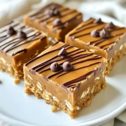 - 1 cup natural peanut butter (creamy or crunchy) - 1/2 cup maple syrup or honey - 1 cup rolled oats - 1/2 cup protein powder (vanilla or chocolate) - 1/2 cup mini chocolate chips (dark or semi-sweet) - 1/4 cup unsweetened cocoa powder - Pinch of salt When making no bake peanut butter bars, the right ingredients matter. I love using natural peanut butter, either creamy or crunchy. It gives a rich flavor and a good texture. Maple syrup or honey adds sweetness and binds the mix well. Rolled oats provide a hearty base, making the bars filling. Protein powder boosts nutrition. I often use vanilla or chocolate for extra flavor. Mini chocolate chips add a nice touch, giving bites of sweetness. Unsweetened cocoa powder brings a deep chocolate taste, while a pinch of salt balances the sweetness. This mix of ingredients makes each bar not only tasty but also healthy. Each ingredient plays a role in flavor and texture. So, gather these items to create a delicious treat! {{ingredient_image_1}} 1. Start by mixing the natural peanut butter and maple syrup in a large bowl. Blend them until they form a smooth mixture. 2. Next, add the rolled oats, protein powder, cocoa powder, and a pinch of salt. Mix everything well until all the dry ingredients disappear into the peanut butter blend. This step is key for flavor and texture. 3. Now, it's time to fold in the mini chocolate chips. Gently stir them into the mixture. Make sure they spread evenly so each bite has a bit of chocolate. 1. Line an 8x8 inch baking pan with parchment paper. Leave some paper hanging over the edges. This makes it easy to lift out the bars later. 2. Transfer the peanut butter mixture into the lined pan. Use a spatula or your hands to press it down firmly. Make sure it is even across the bottom. This helps the bars hold their shape. 3. Finally, place the pan in the refrigerator for at least two hours. This chilling time is important for the bars to set properly. Once set, lift the bars out using the overhanging parchment paper and cut them into squares or rectangles. Enjoy your tasty no-bake treats! To get the right firmness in your no bake peanut butter bars, use the right mix of ingredients. A good balance of peanut butter and oats is key. If the mixture seems too wet, add more oats or protein powder. This will help the bars hold together. Make sure to press the mixture firmly into the pan. This step is vital for a solid bar. Chilling time matters too. You should chill the bars for at least two hours. This allows them to set properly. The cold makes the bars firm and easy to cut. Don’t rush this step! For a great presentation, cut the bars into squares or rectangles. Place them on a pretty plate. A drizzle of melted peanut butter or chocolate on top adds flair. You can also sprinkle more mini chocolate chips for a fun look. When it comes to drinks, pair these bars with milk or a smoothie. They taste great with almond milk or a nutty shake. This combo makes for a tasty and healthy snack. Enjoy every bite! Pro Tips Use Room Temperature Ingredients: This helps the peanut butter and maple syrup mix more easily, ensuring a smoother consistency. Experiment with Flavors: Try adding a teaspoon of vanilla extract or a pinch of cinnamon for an extra flavor boost. Storage Tips: Keep the bars in an airtight container in the refrigerator for up to a week, or freeze for longer storage. Choose Your Sweetener: Maple syrup provides a unique flavor, but honey can be used for a different taste. Adjust to your preference! {{image_2}} You can easily change the nut butter in this recipe. Almond butter or cashew butter works well too. They add unique flavors and textures. If you prefer, try sunflower seed butter for a nut-free option. For sweeteners, maple syrup and honey are great, but you can use agave syrup or brown rice syrup. These swaps give a different taste. Each sweetener adds its own charm to the bars. Incorporating nuts or seeds can boost the texture and taste. Chopped almonds, walnuts, or sunflower seeds fit perfectly. They add crunch and nutrition. You can also mix in some chia seeds or flaxseeds for extra fiber and omega-3s. Adding spices or extracts can take your bars to the next level. Try a pinch of cinnamon for warmth. Vanilla or almond extract adds depth. Even a bit of cocoa powder can enhance the chocolate flavor. To keep your no bake peanut butter bars fresh, store them in the fridge. Wrap them tightly in plastic wrap or place them in an airtight container. This helps prevent them from drying out or absorbing other odors. If you need to store them for longer, freezing is a great option. Just wrap the bars individually or place them in a freezer-safe container. They can last up to three months in the freezer. These bars last about one week in the fridge. Look for any changes in texture or smell to check for spoilage. If the bars feel sticky or have an off odor, it’s best to toss them. Signs of spoilage include mold or a sour scent. Always inspect before enjoying your delicious treat! Can I make these bars without protein powder? Yes, you can. If you skip the protein powder, add more oats. This will help bind the bars together. You may also want to add a little more peanut butter or honey for extra moisture. What can I substitute for maple syrup? You can use honey instead. It works well and adds sweetness. Agave nectar is another good option. Each of these will still keep your bars tasty and healthy. Are these bars gluten-free? Yes, these bars are gluten-free if you use certified gluten-free oats. Always check the label to be sure. This makes them a great choice for those with gluten sensitivities. Why are my bars too crumbly? If your bars are crumbly, they may need more binding. Add a bit more peanut butter or syrup. Press the mixture down more firmly in the pan to help them stick together. How do I adjust for missing ingredients? You can swap ingredients based on what you have. If you lack oats, try crushed nuts or nut flour. Missing cocoa powder? Use carob powder for a different taste. Just keep the ratios in mind. These bars are easy to make and packed with flavor. We explored the key ingredients, from natural peanut butter to cocoa powder. You learned step-by-step instructions to prepare, set, and store your bars. I shared tips to perfect the texture and creative variations. In every batch, you can find your favorite taste and texture. Make these delicious bars your own and share them with friends. Enjoy your healthy snack that fits perfectly into your day!