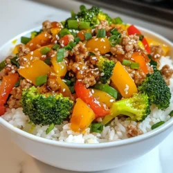 - 1 lb ground turkey - 2 cups cooked jasmine rice - 1 bell pepper, diced (any color) - 1 cup broccoli florets - 1 small onion, finely chopped - 3 cloves garlic, minced - 1 teaspoon ginger, grated - 2 tablespoons soy sauce (low sodium) - 1 tablespoon sesame oil - 1 teaspoon black pepper - 1 tablespoon green onions, chopped (for garnish) - 1 teaspoon sesame seeds (for garnish) - Salt to taste In this savory ground turkey rice bowl, we use simple yet tasty ingredients. The main star is the ground turkey. It cooks up quickly and is a lean protein. I love jasmine rice for this dish. It adds a nice aroma and pairs well with the flavors. For veggies, I choose a colorful bell pepper and fresh broccoli. They give a nice crunch and brightness. Aromatics like garlic and ginger add depth to the dish. You will smell the garlic as it cooks, and that makes it even more inviting. Now let's talk about seasonings. Low-sodium soy sauce adds a savory touch. Sesame oil gives a rich flavor. The black pepper adds a little heat, while green onions and sesame seeds finish the dish with flair. These garnishes not only look good but add texture too. {{ingredient_image_1}} Cooking the aromatics First, grab a large skillet and heat 1 tablespoon of sesame oil over medium heat. Add the finely chopped onion and cook it until it turns translucent. This should take about 3 to 4 minutes. Next, toss in 3 cloves of minced garlic and 1 teaspoon of grated ginger. Sauté these for 1 to 2 minutes until they smell amazing. Sautéing the ground turkey Now, raise the heat to medium-high. Add 1 pound of ground turkey to the skillet. Use a spatula to break it apart. Cook the turkey for about 5 to 7 minutes until it is browned and no longer pink. Adding vegetables and seasonings Let's make this dish colorful and tasty! Stir in 1 diced bell pepper and 1 cup of broccoli florets. Cook these for 4 to 5 minutes, stirring every now and then. The veggies should become tender. Then, reduce the heat back to medium. Pour in 2 tablespoons of low-sodium soy sauce, and season with 1 teaspoon of black pepper and salt to taste. Mix everything well to coat it evenly. Heating through and final mixing Allow the mixture to heat through for another 2 to 3 minutes. This helps blend all the flavors together. Plating the rice bowl To serve, take a generous scoop of cooked jasmine rice and place it in a bowl. Top it with the savory ground turkey mixture. Garnishing tips For that final touch, sprinkle chopped green onions and sesame seeds on top. This adds flavor and a nice crunch. You can also serve it with a sliced lime on the side for extra zest! - Ensuring ground turkey is fully cooked: Cook ground turkey until it reaches 165°F. Use a meat thermometer for accuracy. You want it gray and crumbly, not pink. This ensures safety and taste. - Adjusting seasoning preferences: Start with the basic amounts of soy sauce and black pepper. Taste as you cook. If you want more flavor, add more soy sauce or pepper. You can also add salt, but go slow. - Adding spices or extra vegetables: For more flavor, try adding crushed red pepper or paprika. You can also add veggies like carrots or snap peas. They cook fast and add color. - Using different types of rice: While jasmine rice works well, you can use brown rice for a nutty taste. Quinoa is another great option. It adds protein and a different texture. Pro Tips Use Fresh Ingredients: Fresh vegetables and herbs can significantly enhance the flavor of your dish. Try to use seasonal produce for the best taste. Adjust to Your Taste: Feel free to modify the amount of soy sauce and spices according to your preference. If you like it spicier, add some chili flakes! Meal Prep Friendly: This recipe is perfect for meal prep! Make a larger batch and store it in the fridge for quick lunches throughout the week. Try Different Proteins: While ground turkey is lean and tasty, you can swap it for ground chicken, beef, or even tofu for a vegetarian option. {{image_2}} You can change the protein in this dish. Ground turkey is great, but you can also use chicken, beef, or even tofu. Each option brings its own unique flavor. For vegetables, feel free to mix and match. Carrots add a sweet crunch, while snap peas give a nice snap. Use what you have on hand or what you enjoy most. If you want an Asian twist, add hoisin sauce. This sauce gives a sweet, savory kick that pairs well with the turkey and veggies. For a Southwestern flavor, try using taco seasoning. It adds a zesty kick and a whole new taste to the bowl. Both options make this dish fun and versatile. To store leftovers, let your savory ground turkey rice bowl cool completely. Then, place it in an airtight container. This keeps the flavors fresh and prevents spills. You can store it in the fridge for up to three days. When reheating, use a microwave or a skillet. If using a microwave, heat on medium power. Stir often to avoid hot spots. Heat until it's warm all the way through. If using a skillet, add a splash of water to keep it moist. Cook on low, stirring occasionally. This way, your meal stays tasty! For freezing, first cool the rice bowl. Divide it into portions and place them in freezer-safe containers. Label each container with the date. The bowl can stay in the freezer for up to three months. When ready to eat, thaw it overnight in the fridge. If you're in a rush, use the microwave to defrost. Once thawed, reheat as I mentioned earlier. Serve it hot for the best taste. Enjoy your meal even after freezing! How can I make this recipe gluten-free? To make this recipe gluten-free, use gluten-free soy sauce. You can also find tamari, which is a gluten-free alternative. Ensure all other ingredients are certified gluten-free, especially sauces or seasonings. What can I serve with my savory ground turkey rice bowl? You can serve this rice bowl with a side salad or steamed vegetables. Fresh slices of lime add a nice touch. For extra crunch, top with crispy wonton strips or fresh herbs. Can I use brown rice instead of jasmine rice? Yes, you can use brown rice. It will take longer to cook, so adjust your cooking time. Brown rice adds a nutty flavor and extra fiber. How long will the leftovers last in the fridge? Leftovers will last about three to four days in the fridge. Store them in an airtight container to keep them fresh. What’s a good substitute for sesame oil? If you don’t have sesame oil, use olive oil or canola oil. They won't give the same flavor, but they will work in a pinch. Can I use pre-cooked turkey for this recipe? Yes, you can use pre-cooked turkey. Just heat it and mix it with the vegetables and seasonings for a quick meal. In this blog post, we explored how to make a savory ground turkey rice bowl. We covered essential ingredients like ground turkey, jasmine rice, and fresh vegetables. You learned step-by-step instructions for cooking and combining flavors, plus tips for making the dish your own. As you experiment with variations and storage tips, you can create a tasty meal. Enjoy this dish now and later, as it stores well. Your cooking journey starts here, so have fun with it!