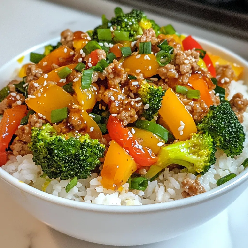 - 1 lb ground turkey - 2 cups cooked jasmine rice - 1 bell pepper, diced (any color) - 1 cup broccoli florets - 1 small onion, finely chopped - 3 cloves garlic, minced - 1 teaspoon ginger, grated - 2 tablespoons soy sauce (low sodium) - 1 tablespoon sesame oil - 1 teaspoon black pepper - 1 tablespoon green onions, chopped (for garnish) - 1 teaspoon sesame seeds (for garnish) - Salt to taste In this savory ground turkey rice bowl, we use simple yet tasty ingredients. The main star is the ground turkey. It cooks up quickly and is a lean protein. I love jasmine rice for this dish. It adds a nice aroma and pairs well with the flavors. For veggies, I choose a colorful bell pepper and fresh broccoli. They give a nice crunch and brightness. Aromatics like garlic and ginger add depth to the dish. You will smell the garlic as it cooks, and that makes it even more inviting. Now let's talk about seasonings. Low-sodium soy sauce adds a savory touch. Sesame oil gives a rich flavor. The black pepper adds a little heat, while green onions and sesame seeds finish the dish with flair. These garnishes not only look good but add texture too. {{ingredient_image_1}} Cooking the aromatics First, grab a large skillet and heat 1 tablespoon of sesame oil over medium heat. Add the finely chopped onion and cook it until it turns translucent. This should take about 3 to 4 minutes. Next, toss in 3 cloves of minced garlic and 1 teaspoon of grated ginger. Sauté these for 1 to 2 minutes until they smell amazing. Sautéing the ground turkey Now, raise the heat to medium-high. Add 1 pound of ground turkey to the skillet. Use a spatula to break it apart. Cook the turkey for about 5 to 7 minutes until it is browned and no longer pink. Adding vegetables and seasonings Let's make this dish colorful and tasty! Stir in 1 diced bell pepper and 1 cup of broccoli florets. Cook these for 4 to 5 minutes, stirring every now and then. The veggies should become tender. Then, reduce the heat back to medium. Pour in 2 tablespoons of low-sodium soy sauce, and season with 1 teaspoon of black pepper and salt to taste. Mix everything well to coat it evenly. Heating through and final mixing Allow the mixture to heat through for another 2 to 3 minutes. This helps blend all the flavors together. Plating the rice bowl To serve, take a generous scoop of cooked jasmine rice and place it in a bowl. Top it with the savory ground turkey mixture. Garnishing tips For that final touch, sprinkle chopped green onions and sesame seeds on top. This adds flavor and a nice crunch. You can also serve it with a sliced lime on the side for extra zest! - Ensuring ground turkey is fully cooked: Cook ground turkey until it reaches 165°F. Use a meat thermometer for accuracy. You want it gray and crumbly, not pink. This ensures safety and taste. - Adjusting seasoning preferences: Start with the basic amounts of soy sauce and black pepper. Taste as you cook. If you want more flavor, add more soy sauce or pepper. You can also add salt, but go slow. - Adding spices or extra vegetables: For more flavor, try adding crushed red pepper or paprika. You can also add veggies like carrots or snap peas. They cook fast and add color. - Using different types of rice: While jasmine rice works well, you can use brown rice for a nutty taste. Quinoa is another great option. It adds protein and a different texture. Pro Tips Use Fresh Ingredients: Fresh vegetables and herbs can significantly enhance the flavor of your dish. Try to use seasonal produce for the best taste. Adjust to Your Taste: Feel free to modify the amount of soy sauce and spices according to your preference. If you like it spicier, add some chili flakes! Meal Prep Friendly: This recipe is perfect for meal prep! Make a larger batch and store it in the fridge for quick lunches throughout the week. Try Different Proteins: While ground turkey is lean and tasty, you can swap it for ground chicken, beef, or even tofu for a vegetarian option. {{image_2}} You can change the protein in this dish. Ground turkey is great, but you can also use chicken, beef, or even tofu. Each option brings its own unique flavor. For vegetables, feel free to mix and match. Carrots add a sweet crunch, while snap peas give a nice snap. Use what you have on hand or what you enjoy most. If you want an Asian twist, add hoisin sauce. This sauce gives a sweet, savory kick that pairs well with the turkey and veggies. For a Southwestern flavor, try using taco seasoning. It adds a zesty kick and a whole new taste to the bowl. Both options make this dish fun and versatile. To store leftovers, let your savory ground turkey rice bowl cool completely. Then, place it in an airtight container. This keeps the flavors fresh and prevents spills. You can store it in the fridge for up to three days. When reheating, use a microwave or a skillet. If using a microwave, heat on medium power. Stir often to avoid hot spots. Heat until it's warm all the way through. If using a skillet, add a splash of water to keep it moist. Cook on low, stirring occasionally. This way, your meal stays tasty! For freezing, first cool the rice bowl. Divide it into portions and place them in freezer-safe containers. Label each container with the date. The bowl can stay in the freezer for up to three months. When ready to eat, thaw it overnight in the fridge. If you're in a rush, use the microwave to defrost. Once thawed, reheat as I mentioned earlier. Serve it hot for the best taste. Enjoy your meal even after freezing! How can I make this recipe gluten-free? To make this recipe gluten-free, use gluten-free soy sauce. You can also find tamari, which is a gluten-free alternative. Ensure all other ingredients are certified gluten-free, especially sauces or seasonings. What can I serve with my savory ground turkey rice bowl? You can serve this rice bowl with a side salad or steamed vegetables. Fresh slices of lime add a nice touch. For extra crunch, top with crispy wonton strips or fresh herbs. Can I use brown rice instead of jasmine rice? Yes, you can use brown rice. It will take longer to cook, so adjust your cooking time. Brown rice adds a nutty flavor and extra fiber. How long will the leftovers last in the fridge? Leftovers will last about three to four days in the fridge. Store them in an airtight container to keep them fresh. What’s a good substitute for sesame oil? If you don’t have sesame oil, use olive oil or canola oil. They won't give the same flavor, but they will work in a pinch. Can I use pre-cooked turkey for this recipe? Yes, you can use pre-cooked turkey. Just heat it and mix it with the vegetables and seasonings for a quick meal. In this blog post, we explored how to make a savory ground turkey rice bowl. We covered essential ingredients like ground turkey, jasmine rice, and fresh vegetables. You learned step-by-step instructions for cooking and combining flavors, plus tips for making the dish your own. As you experiment with variations and storage tips, you can create a tasty meal. Enjoy this dish now and later, as it stores well. Your cooking journey starts here, so have fun with it!