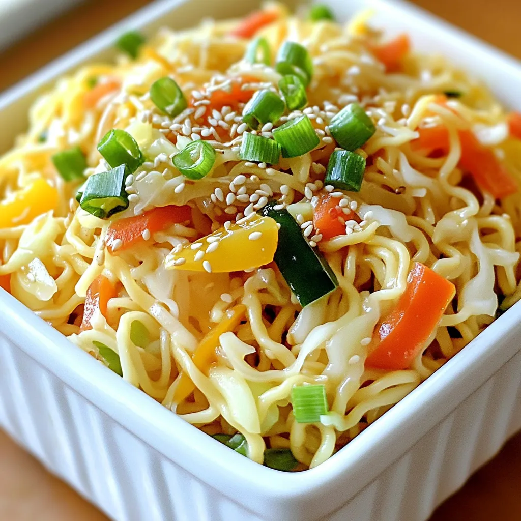 - 200g egg noodles - 1 cup shredded cabbage - 1 carrot, julienned - 1 bell pepper (red or yellow), thinly sliced - 3 green onions, chopped - 2 cloves garlic, minced - 1 tablespoon ginger, minced - 3 tablespoons soy sauce - 2 tablespoons sesame oil - Salt and pepper to taste The main ingredients form the base of your Minute Chow Mein. The egg noodles give it a delightful chewy texture. Shredded cabbage, carrots, and bell peppers add color and crunch. Fresh green onions, garlic, and ginger boost the flavor profile. Soy sauce and sesame oil provide that rich umami taste that brings everything together. - 1 tablespoon oyster sauce (optional for increased umami) - 1 teaspoon red pepper flakes (optional, for heat) - 1 tablespoon toasted sesame seeds, for garnish Adding optional ingredients can elevate your chow mein. Oyster sauce gives it a deeper flavor, making it more savory. If you like heat, sprinkle in red pepper flakes to spice it up. Toasted sesame seeds add a nice crunch and a nutty aroma, making your dish even more appealing. First, boil the egg noodles according to the package. This usually takes about 5 minutes. Once they are soft, drain them. Rinse the noodles under cold water. This stops the cooking process. Set them aside for later. Next, grab a large skillet or wok. Heat 2 tablespoons of sesame oil over medium-high heat. Add 2 minced garlic cloves and 1 tablespoon of minced ginger. Stir them quickly for about 30 seconds. You want them fragrant but not burnt. Now, toss in 1 cup of shredded cabbage, 1 julienned carrot, and 1 thinly sliced bell pepper. Stir-fry these veggies for about 3-4 minutes. They should soften but still have a nice crunch. After your veggies are ready, add the cooked egg noodles to the skillet. Pour in 3 tablespoons of soy sauce and 1 tablespoon of oyster sauce if you like that extra umami. Toss everything together well. If you want a little heat, sprinkle in 1 teaspoon of red pepper flakes. Keep stir-frying for another 2-3 minutes. This helps all the flavors blend. After that, throw in 3 chopped green onions. Season with salt and pepper to taste. Stir it all up one last time. Remove your Minute Chow Mein from heat and serve it right away. Don’t forget to sprinkle some toasted sesame seeds on top for a nice finish. Enjoy your quick and tasty dinner! - Prepping ingredients ahead of time: Chop your veggies and garlic before you start cooking. This helps save time. You can even store them in the fridge. - Using pre-cooked or instant egg noodles: Choose pre-cooked noodles to cut cooking time. They are quick and easy to use. - Tips for crunch in vegetables: Stir-fry your veggies quickly. Aim for a cook time of 3 to 4 minutes. This keeps them crunchy and fresh. - Timing for noodle addition: Add the cooked noodles last. This way, they mix well but don’t overcook. - Suggestions for spice levels: Adjust spice to your taste. Use red pepper flakes for heat. Start with a little and add more if you like it spicy. - Creative additions for different tastes: Try adding cooked chicken or tofu for protein. You can also toss in some bean sprouts for extra crunch and flavor. {{image_2}} To make Minute Chow Mein vegetarian or vegan, swap the oyster sauce for a plant-based option. You can use mushroom sauce for a similar umami flavor. Also, check your soy sauce to ensure it’s vegan. You can add more vegetables like bell peppers, broccoli, or snap peas. They add color and crunch. If you want protein, you can add chicken, beef, or tofu. For chicken, cut it into small pieces and cook it first. Sauté it in sesame oil until it’s golden brown. For beef, use thin strips and cook them quickly to stay tender. If you prefer tofu, use firm or extra-firm tofu. Press it to remove water, then cut it into cubes. Sauté until golden and crispy. Add these proteins back in when you mix the noodles and sauce. You can change the taste of your chow mein easily. For a sweet and sour version, add a splash of sweet chili sauce or some pineapple chunks. If you like heat, try adding more red pepper flakes or a dash of chili oil. For Asian-inspired flavors, mix in five-spice powder or sesame seeds. These small changes can create a whole new dish. After enjoying Minute Chow Mein, store any leftovers quickly. Place them in a clean container. Make sure the container seals well. This keeps the chow mein fresh. I recommend glass or BPA-free plastic containers. They help prevent any odors from affecting the dish. You can store it in the fridge for up to three days. Reheating chow mein can be tricky. You want it warm, not soggy. The best method is to use a skillet. Heat the skillet over medium heat. Add a splash of water or oil to help steam the noodles. Stir gently and heat for about 5 minutes. If you use a microwave, cover the dish with a damp paper towel. Heat in 30-second intervals. This keeps the noodles moist without overcooking. Enjoy your flavorful chow mein just as it was meant to be! Minute Chow Mein can last about 3 to 5 days in the fridge. To keep it fresh, store it in an airtight container. This helps prevent moisture and keeps flavors intact. Always let it cool down before sealing. If you want to keep it longer, consider freezing it. Frozen chow mein can last up to 2 months. Just make sure to reheat it well before eating. Yes, you can use other noodles! Try rice noodles or whole wheat noodles for a twist. If you prefer a gluten-free option, use rice noodles. Just adjust the cooking time as needed. For a heartier texture, consider using udon or soba noodles. Keep in mind that different noodles may change the flavor slightly, so pick what you like best! No worries if you're missing some ingredients! You can swap cabbage with bok choy or spinach. If you don’t have bell pepper, use any sweet pepper or even zucchini. For the sauces, soy sauce is key, but you can use tamari for a gluten-free version. If you lack ginger, use a bit of ground ginger instead. Get creative with what you have! Minute Chow Mein is quick, tasty, and flexible. You learned about key ingredients and how to cook them. Adding optional items can boost flavor, too. I shared time-saving tips for efficient cooking and how to keep that perfect crunch. You can also explore vegetarian, vegan, or protein-packed options. Remember to store and reheat leftovers right, to enjoy them later. This dish is fun to make your own. Enjoy creating your perfect bowl of chow mein!