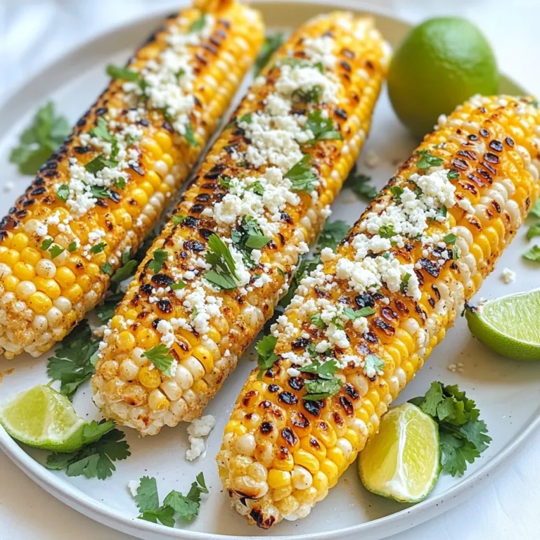 To make Cajun street corn, you need the following items: - 4 ears of corn, husked - 1/2 cup mayonnaise - 1/2 cup sour cream - 1 tablespoon Cajun seasoning - 1 teaspoon smoked paprika - 1/2 cup crumbled Cotija cheese - 1/4 cup fresh cilantro, chopped - Lime wedges, for serving - Salt and pepper to taste These ingredients blend together to create bold flavors that shine through. The corn is sweet and juicy. The Cajun seasoning adds a spicy kick. The creamy mayo and sour cream mix gives a rich texture. Cotija cheese adds a salty bite. Fresh cilantro brightens the dish. Feel free to get creative with toppings! Here are some ideas: - Chopped green onions for a mild onion flavor - Extra Cajun seasoning for more heat - Hot sauce for an extra spicy kick - Crushed red pepper flakes for more texture These extras can enhance your corn and make it your own. You can mix and match to find your favorite combination. If you have dietary needs, do not worry! Here are some easy swaps: - Use vegan mayo and sour cream for a dairy-free version. - Replace Cotija cheese with nutritional yeast for a cheesy flavor without dairy. - For a gluten-free option, check your seasoning brands. Most are gluten-free. These substitutions help everyone enjoy this tasty dish. Adjust the recipe to fit your needs while keeping the flavors bold and fun! {{ingredient_image_1}} Start by husking the corn. Remove all the green leaves. Rinse each ear under cold water. This will help remove any silk that sticks. Pat the corn dry with a paper towel. This is an important step. Clean corn holds flavor better. Preheat your grill to medium-high heat. If you do not have a grill, you can roast the corn in the oven. Set the oven to 400°F (200°C). Wrap the corn in aluminum foil. Cook for about 25 minutes. Whether grilling or roasting, cook until the corn is tender and charred. This usually takes about 10-12 minutes on the grill. Turn the corn often for even cooking. While the corn cooks, mix your sauce. In a medium bowl, combine mayonnaise and sour cream. Add one tablespoon of Cajun seasoning. This gives the corn its signature flavor. Then, add one teaspoon of smoked paprika. Mix well until everything is blended. Add a pinch of salt and pepper to taste. When the corn is ready, take it off the grill or out of the oven. Let it cool for a couple of minutes. Use a basting brush to coat each ear with the Cajun mayo mixture. Be generous; you want every bite to be tasty. Next, sprinkle crumbled Cotija cheese over the corn. Follow with chopped cilantro for a fresh touch. Serve the corn hot with lime wedges on the side. Squeeze lime juice over the top for added zing. Enjoy your Cajun Street Corn! Grilling corn is easy. Start by preheating your grill to medium-high heat. This helps the corn cook evenly. If you want, you can also roast corn in the oven at 400°F. Wrap it in foil to keep it moist. Grill each ear for 10 to 12 minutes. Turn the corn often for nice grill marks. You want it tender and slightly charred. The key to great flavor is in your mayo mix. Combine mayonnaise, sour cream, Cajun seasoning, and smoked paprika in a bowl. This mix gives the corn a rich taste. Brush it on right after grilling. Don’t be shy with the sauce! Then sprinkle on Cotija cheese and cilantro. These add a salty and fresh taste. Squeeze lime juice on top for a zesty kick. To keep the corn juicy, avoid overcooking it. If it cooks too long, it can dry out. You can soak the corn in water for 30 minutes before grilling. This adds moisture. Also, the mayo mix helps seal in the juices. Serve the corn hot to enjoy the best texture. Let it cool a bit before serving, but not too long! Enjoying it warm keeps the flavors strong. Pro Tips Choose Fresh Corn: For the best flavor, select ears of corn that are bright yellow and feel heavy for their size. Fresh corn will have sweet, juicy kernels that enhance your dish. Perfecting the Grill Marks: To achieve beautiful grill marks, avoid moving the corn too often. Let it sit for a few minutes on each side to caramelize the sugars for that perfect char. Customize the Spices: Feel free to adjust the Cajun seasoning and smoked paprika to your taste. If you like it spicier, add some cayenne pepper or hot sauce to the mayo mixture. Serving Suggestions: Serve the corn with a variety of toppings like diced jalapeños, avocado, or a drizzle of hot sauce for an extra kick. Lime juice adds a refreshing zing! {{image_2}} To amp up the heat, add more Cajun seasoning. You can mix in some hot sauce too. I love using a few dashes of my favorite spicy sauce. This adds a nice kick. You can also sprinkle chopped jalapeños on top. They give a fresh taste and heat. For a fun twist, try adding some chili powder. This brings out great flavors! You can easily make this dish vegan. Just swap out the mayonnaise and sour cream. Use vegan mayo and coconut yogurt instead. They work great and keep the creaminess. For cheese, try vegan Cotija or nutritional yeast. Both add a nice touch without dairy. You still get that rich flavor everyone loves. There are many ways to change up the flavors. How about adding lime zest for a zing? It brings a bright taste that pairs well. You can also try different herbs, like parsley or green onions. They add freshness and color. Another idea is to use different cheeses. Feta or Parmesan can work well too. Mix and match until you find your favorite! To store leftover Cajun street corn, let it cool first. Wrap each ear in plastic wrap. You can also place it in an airtight container. Store the corn in the fridge for up to three days. This will keep it fresh and tasty. When it’s time to eat again, you have a few options. You can reheat the corn on a grill or in the oven. If using the grill, heat it to medium. Cook for about 5 minutes, turning it often. For the oven, preheat it to 350°F (175°C). Bake for about 10 minutes until warm. You can also use the microwave. Just cover it with a damp paper towel and heat for 1-2 minutes. Cajun street corn is great for meal prep. You can make it ahead of time for lunch or dinner. Prepare the corn and sauce separately. Store them in the fridge. When it’s time to eat, simply combine and reheat. This way, you keep the flavors fresh. You can also chop the corn off the cob for salads or bowls. Use it to add a kick to your favorite dishes. Yes, you can make Cajun Street Corn in the oven. Preheat your oven to 400°F (200°C). Wrap the husked corn in aluminum foil and place it in the oven. Bake for about 25 minutes. Check for tenderness by piercing the corn with a fork. This method gives you a nice char, too. You can store leftover Cajun Street Corn in the fridge for up to three days. Keep it in an airtight container. If you want to enjoy it later, make sure to refrigerate within two hours of cooking. This keeps it fresh and safe to eat. If you can't find Cotija cheese, try feta cheese. Feta has a similar salty taste and crumbly texture. You can also use Parmesan cheese for a different flavor. Both options work well to top your Cajun Street Corn. We covered the key parts of making delicious Cajun street corn. You learned about essential ingredients, step-by-step instructions, and smart tips. You can customize this dish with tasty toppings and make it fit your diet. Remember to grill it right for the best flavor and juiciness. Storing leftovers is easy, so don't worry about waste. Enjoy this dish at your next cookout. It will impress your friends and family. Dive into this fun recipe and enjoy every bite!
