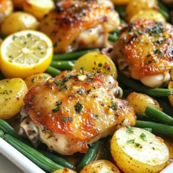 To make Lemon Garlic Chicken Sheet Pan, you will need: - 4 bone-in, skin-on chicken thighs - 1 pound baby potatoes, halved - 1 cup green beans, trimmed - 5 cloves garlic, minced - Juice of 2 lemons (about 1/3 cup) - Zest of 1 lemon - 3 tablespoons olive oil - 1 teaspoon dried oregano - 1 teaspoon dried thyme - Salt and pepper to taste - Fresh parsley, chopped for garnish (optional) Using fresh ingredients can boost flavor. Fresh garlic adds a punch that dried cannot match. Fresh parsley gives a bright finish, while dried herbs work well in a pinch. For a simple dish like this, I prefer fresh garlic and herbs. They make the chicken taste vibrant and alive. If you must use dried herbs, remember to use less. Dried herbs are stronger than fresh. You can swap out a few ingredients if needed. If you can't find baby potatoes, use regular ones. Cut them into smaller pieces for even cooking. If you want a different veggie, asparagus or broccoli works great, too. Instead of fresh lemon juice, bottled lemon juice gives you a quick fix. However, fresh juice has a brighter taste. If you don’t have chicken thighs, bone-in chicken breasts are a good choice. They will still stay juicy and flavorful. {{ingredient_image_1}} Start by preheating your oven to 425°F (220°C). This step is key for crisp skin. Next, in a small bowl, mix lemon juice, lemon zest, minced garlic, olive oil, oregano, thyme, salt, and pepper. This mixture will create a bright and tangy marinade. Take your chicken thighs and place them in a large bowl or zip-top bag. Pour half of the marinade over the chicken. Toss the chicken to ensure it gets coated well. Let it marinate for at least 15 minutes. This adds great flavor to the meat. While the chicken marinates, prepare the veggies. On a large sheet pan, spread out the halved baby potatoes. Drizzle them with a bit of olive oil, salt, and pepper. Toss them to coat evenly. Bake the potatoes in the oven for 15 minutes. This gives them a head start. After 15 minutes, carefully pull the sheet pan out. Push the potatoes to one side. Now, add the marinated chicken thighs skin-side up. On the empty side, place the trimmed green beans. Drizzle the remaining marinade over everything. Return the sheet pan to the oven and bake for an additional 25 to 30 minutes. Check that the chicken reaches 165°F (74°C) and is golden brown. Once the chicken is done, it’s time to garnish. Sprinkle freshly chopped parsley over the dish for a pop of color. You can serve the meal right from the sheet pan for a casual look. Or, transfer everything to a large platter for a nice presentation. Adding lemon wedges on the side enhances the dish's zest. Enjoy your tasty Lemon Garlic Chicken Sheet Pan! Marinating the chicken is key for flavor. I suggest marinating for at least 15 minutes. If you have time, let it sit longer. This helps the flavors soak in deeply. Use a zip-top bag or a bowl to mix and coat the chicken. Make sure every piece is covered well with the marinade. For this recipe, preheat your oven to 425°F (220°C). This high heat gives the chicken a nice golden brown color. A sheet pan is ideal for even cooking. If you have a rimmed baking sheet, use it. It catches any juices and keeps your oven clean. Use a meat thermometer to check the chicken’s internal temperature. It should reach 165°F (74°C) to be safe to eat. Presentation makes a meal even better. You can serve the chicken directly from the sheet pan for a cozy feel. If you want a fancier look, transfer the food to a large platter. Sprinkle fresh parsley on top for color. Add lemon wedges on the side for a bright touch. This makes the dish pop and invites everyone to dig in! Pro Tips Marinate Longer for Flavor: For even more depth of flavor, consider marinating the chicken thighs for 1-2 hours or overnight in the refrigerator. This allows the lemon and garlic to penetrate the meat more thoroughly. Use Fresh Herbs: If possible, substitute dried oregano and thyme with fresh herbs. Fresh herbs provide a vibrant flavor that enhances the overall dish. Check Chicken Doneness: Always use a meat thermometer to check that the chicken has reached an internal temperature of 165°F (74°C) for safe consumption, ensuring it's both juicy and safe to eat. Customize Your Veggies: Feel free to customize the vegetables based on your preference or seasonal availability. Bell peppers, zucchini, or asparagus are great alternatives to green beans. {{image_2}} You can switch up the chicken for other proteins. Try bone-in, skin-on chicken breasts for a leaner option. If you prefer seafood, use salmon fillets. They cook quickly and pair well with lemon. For a vegetarian choice, use firm tofu. Just press it well, then marinate like the chicken. Feel free to mix in seasonal veggies. In spring, add asparagus or snap peas for a bright crunch. Summer calls for zucchini or bell peppers, which roast nicely. In the fall, try Brussels sprouts or root veggies like carrots or parsnips. They add warmth and flavor to the dish. Get creative with the marinade! Instead of lemon, try lime juice for a zesty twist. You can also add soy sauce for an Asian flair. For a smoky taste, mix in some smoked paprika. Experiment with herbs too! Fresh basil or cilantro can change the whole vibe. To keep your Lemon Garlic Chicken fresh, store it in the fridge. Place any leftovers in an airtight container. This helps lock in flavor and moisture. Your chicken can last in the fridge for up to three days. Always let it cool to room temperature before sealing. This prevents condensation and soggy chicken. If you want to save some for later, freezing works well. Wrap the chicken tightly in plastic wrap. Then, put it in a freezer bag. Make sure to remove as much air as possible. Label the bag with the date. Your Lemon Garlic Chicken can stay fresh for up to three months in the freezer. When you're ready to eat, just thaw it overnight in the fridge. When it's time to enjoy your chicken again, reheat it properly. You can use the oven or microwave. For the oven, preheat to 350°F (175°C). Place the chicken on a baking sheet and cover it with foil. Heat for about 15-20 minutes. In the microwave, use a microwave-safe dish. Heat on medium power in short bursts, checking often. This keeps the chicken juicy and tasty. Enjoy your meal just like the first time! Bake Lemon Garlic Chicken for about 25 to 30 minutes at 425°F (220°C). This time ensures the chicken cooks through and becomes golden brown. Use a meat thermometer to check if the internal temperature hits 165°F (74°C). Yes, you can use boneless chicken thighs. They will cook faster, so check them after 20 minutes. Adjust the marinade time if needed, as boneless thighs absorb flavors well but don’t need as long to cook. You can serve Lemon Garlic Chicken with a fresh salad or rice. Some nice sides are roasted veggies or crusty bread. Adding lemon wedges on the side gives extra zest and brightness to your meal. Enjoy! In this article, I covered key ingredients for making Lemon Garlic Chicken. I discussed fresh and dried options, and shared substitutions. I provided step-by-step baking instructions, along with tips for marinating and serving. You can play with variations by trying different proteins and veggies. I also included best practices for storage and answered common questions. With these insights, you can enjoy a flavorful dish and impress your friends. Your cooking will shine with these simple tips and tricks for success.
